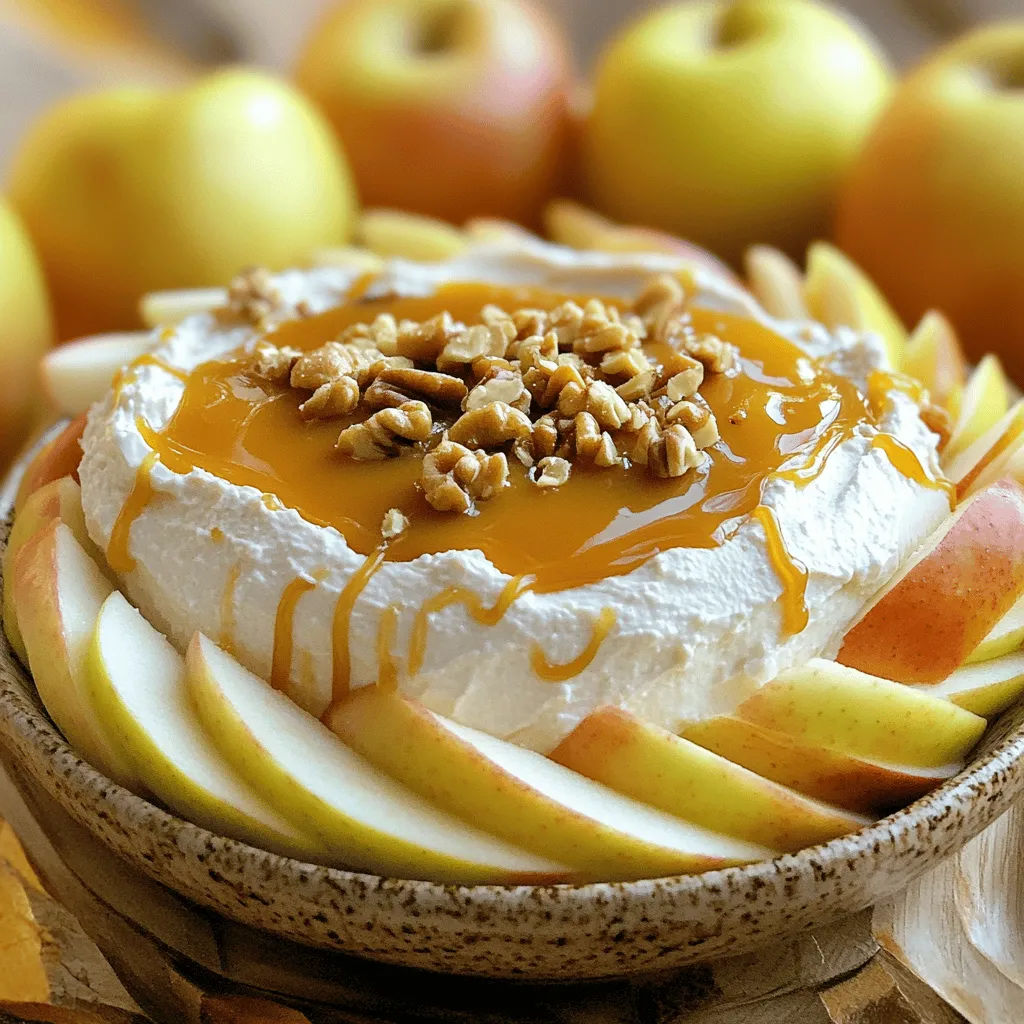 To make this tasty dip, you need a few key items. Here’s what you will need: - 8 oz cream cheese, softened to room temperature - 1/2 cup powdered sugar - 1/4 cup brown sugar, packed - 1 tsp vanilla extract - 1/4 cup caramel sauce - 1/2 tsp ground cinnamon - 4 fresh apples (like Fuji or Honeycrisp), cored and sliced These ingredients work together to create a creamy, sweet dip that pairs perfectly with apples. You can make your dip even more fun with toppings. Here are some ideas: - Chopped nuts, such as pecans or walnuts - A sprinkle of cinnamon - Extra caramel drizzle These toppings add crunch and flavor. They also make your dip look beautiful! Not all apples are the same for dipping. I recommend using these types: - Fuji apples for their sweetness - Honeycrisp apples for their crispness - Granny Smith apples for a tart punch These apples enhance the dip's taste and provide a nice texture. Enjoy your Cream Cheese Apple Dip with these delicious choices! You can find the full recipe in the main article. Start by gathering your ingredients. You will need: - 8 oz cream cheese, softened to room temperature - 1/2 cup powdered sugar - 1/4 cup brown sugar, packed - 1 tsp vanilla extract - 1/4 cup caramel sauce - 1/2 tsp ground cinnamon - 4 fresh apples, cored and sliced - Chopped nuts for topping Make sure the cream cheese is soft. This helps it blend well. I like to leave it out for about 30 minutes. Wash and slice your apples thinly. This makes them perfect for dipping. In a mixing bowl, add the softened cream cheese. Then, add the powdered sugar, brown sugar, vanilla, and cinnamon. Use an electric mixer on medium speed. Mix until smooth, about 2-3 minutes. Scrape the bowl to mix well. Next, fold in half of the caramel sauce. Stir gently until it is mixed in. Spoon the mixture into a serving dish. Smooth the top with a spatula. Then drizzle the other half of the caramel sauce on top. Arrange your apple slices around the dip. This makes it easy to grab a slice. If you want extra crunch, sprinkle chopped nuts on top. For a nice touch, you can sprinkle a bit of cinnamon. This dip is perfect for parties or snacks. You can serve it right away. For more detailed steps, check the Full Recipe. Enjoy! To get that smooth and creamy dip, start with softened cream cheese. If it’s too cold, it won’t mix well. Leave it out for 30 minutes before you start. I use an electric mixer to blend everything. This helps create that velvety texture. Remember to scrape the bowl's sides while mixing. This step ensures everything is mixed evenly. You can easily add a twist to your dip. Try mixing in chopped nuts for crunch. Pecans or walnuts work great! Fresh fruit like berries or bananas also adds fun flavors. You can even add a splash of maple syrup instead of brown sugar. This will make it taste unique and delicious. Make your dip look as great as it tastes. Arrange apple slices in a circle around the dip. This makes it easy for everyone to grab a slice. Drizzle extra caramel sauce on top. A sprinkle of cinnamon adds a lovely touch. If you want, toss in some extra chopped nuts for extra flair. Use a beautiful bowl to serve, and you have a showstopper! {{image_4}} You can switch up the flavors in your cream cheese apple dip. Try adding chocolate syrup for a sweet treat. A sprinkle of cocoa powder gives a rich twist. You can also mix in peanut butter for a nutty taste. If you want a fruity kick, add a splash of orange juice. Each change can make your dip exciting and new. If you want a healthier dip, use Greek yogurt instead of cream cheese. It gives a creamy texture and adds protein. You can also reduce sugar by using honey or maple syrup. For a lower-calorie option, skip the caramel. Instead, try fresh fruit like berries mixed in for flavor. These swaps keep the dip tasty and fun. Seasonal ingredients can elevate your dip. In fall, add spices like nutmeg or pumpkin pie spice. This adds warmth and makes it cozy. During summer, toss in fresh berries or peaches for a bright flavor. You can even mix in some mint for a refreshing touch. These seasonal twists can keep your dip lively throughout the year. To keep your Cream Cheese Apple Dip fresh, store it in an airtight container. This helps to keep out air and moisture. If you have leftovers, cover the container with plastic wrap or a lid. Ensure it seals well. You can also place a piece of parchment paper between the dip and the lid. This prevents the dip from sticking. When stored correctly, your dip can last in the fridge for about 3 to 5 days. Always check for any changes in smell or texture before eating. If the dip develops a sour smell or looks off, it’s best to throw it away. This dip is best enjoyed fresh, so try to eat it within a few days for the best taste. You don’t need to heat this dip. It’s best served cold or at room temperature. However, if you prefer it warm, gently heat it in the microwave. Use a low power setting and heat in short bursts. Stir between each burst to ensure even warming. Avoid overheating, as this may change its texture. Enjoy your Cream Cheese Apple Dip straight from the fridge or warmed up! For the full recipe, check the section above. Yes, you can make this dip ahead of time. Prepare the dip and store it in the fridge. Cover it tightly with plastic wrap. This keeps it fresh. You can make it up to two days in advance. Just remember to add the caramel on top before serving. This keeps the look nice and fresh. If you need a cream cheese substitute, use Greek yogurt or ricotta cheese. These options give a similar creamy texture. You can also try vegan cream cheese for a dairy-free choice. The flavor may change a bit, but the dip will still taste good. To make a vegan version, use vegan cream cheese. You can also blend soaked cashews with a bit of lemon juice. This creates a creamy base. Use maple syrup instead of powdered sugar for sweetness. With these swaps, you keep the dip delicious and vegan-friendly. This blog post covered all you need for a tasty Cream Cheese Apple Dip. We explored key ingredients, from apples to flavorful toppings. You learned step-by-step how to prepare, mix, and serve the dip. Tips helped achieve a creamy texture and unique flavors. We shared fun variations and easy storage methods too. Enjoy this dip at your next gathering. It’s a hit for all ages! Keep experimenting with flavors and toppings. Make it yours and have fun while doing it!
