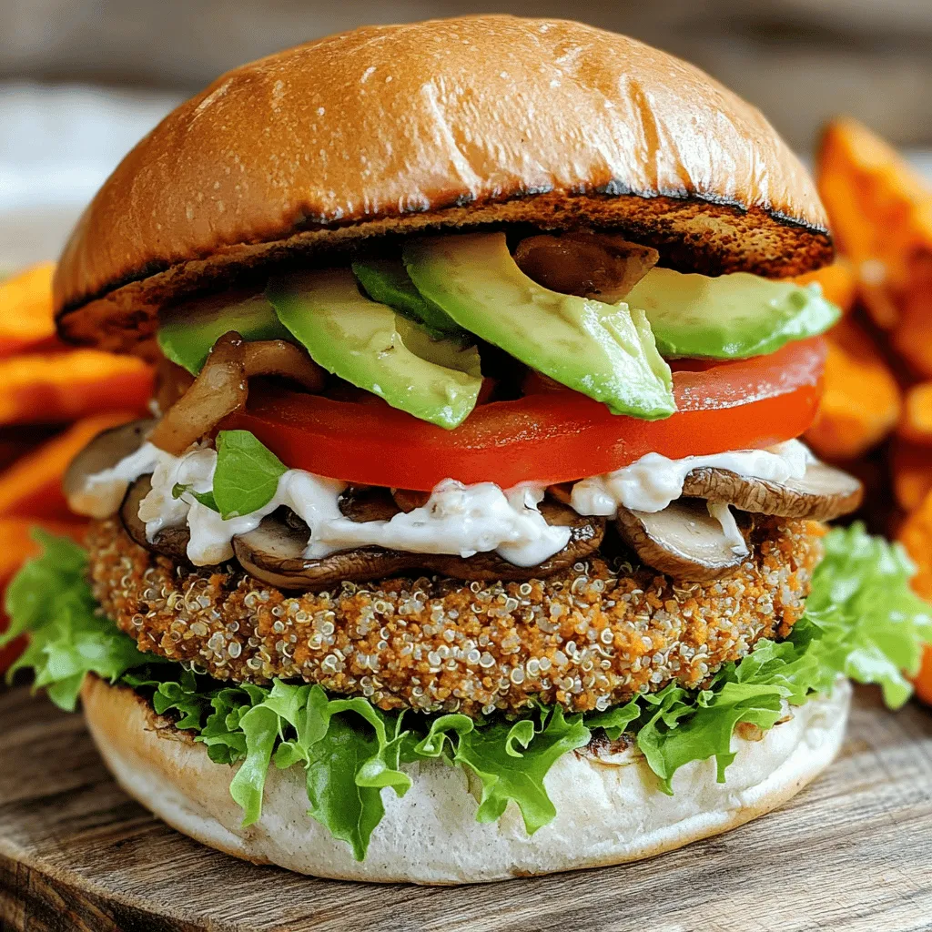 For these tasty mushroom burgers, you need fresh and simple ingredients. Here’s what you’ll need: - 2 cups finely chopped mushrooms (like Cremini or button) - 1 cup cooked quinoa - 1/2 cup gluten-free oats - 1/4 cup almond flour - 1/4 cup finely chopped red onion - 2 cloves garlic, minced - 1 tablespoon soy sauce (or tamari for gluten-free) - 2 tablespoons nutritional yeast - 1 teaspoon smoked paprika - 1/2 teaspoon ground cumin - Salt and pepper to taste - 2 tablespoons olive oil (for frying) - Gluten-free burger buns - Lettuce, tomato slices, and avocado for serving Each ingredient in this burger offers great health benefits. - Mushrooms provide protein and fiber. They are low in calories and rich in antioxidants. - Quinoa is a complete protein. It has all nine essential amino acids and is gluten-free. - Oats are great for heart health. They help lower cholesterol and keep you full. - Almond flour adds healthy fats and vitamin E. It’s great for skin health. - Red onion is full of vitamins and antioxidants. It helps with inflammation. - Garlic boosts your immune system. It has many health benefits, like lowering blood pressure. - Soy sauce adds flavor and umami. Choose tamari for gluten-free. - Nutritional yeast is a vegan source of B vitamins. It adds a cheesy flavor. - Smoked paprika gives a nice, smoky taste. It’s full of antioxidants. - Cumin adds warmth and depth. It aids digestion. - Olive oil is healthy fat. It’s good for heart health. When shopping for vegan and gluten-free items, I recommend looking for trusted brands. - Mushrooms: Look for fresh organic mushrooms at your local market. - Quinoa: Try brands like Ancient Harvest or Bob's Red Mill. - Gluten-free oats: Choose certified gluten-free oats from Glutenfreeda or Bob's Red Mill. - Almond flour: Check out brands like Blue Diamond or Anthony’s. - Soy sauce: Kikkoman offers a gluten-free tamari option. - Nutritional yeast: Bragg’s or Bob’s Red Mill are excellent choices. - Spices: McCormick and Simply Organic are reliable brands for spices. These brands make it easy to create delicious mushroom burgers. Using high-quality ingredients will ensure the best taste and nutrition. To make the Mushroom Magic Burger, start by heating a large pan over medium heat. Add one tablespoon of olive oil. Once the oil is hot, toss in two cups of finely chopped mushrooms. I like to use Cremini or button mushrooms. Sauté the mushrooms for about five to seven minutes. You want them to turn golden brown and lose their moisture. Next, grab a large mixing bowl. Combine the sautéed mushrooms with one cup of cooked quinoa, half a cup of gluten-free oats, and a quarter cup of almond flour. Add in a quarter cup of finely chopped red onion, two minced garlic cloves, a tablespoon of soy sauce (or tamari for gluten-free), and two tablespoons of nutritional yeast. Don’t forget a teaspoon of smoked paprika and half a teaspoon of ground cumin. Season with salt and pepper to taste. Mix everything until well combined. Now, divide the mixture into four to six equal portions. Shape these portions into patties. You can make them as thick or as thin as you like. For cooking, heat the remaining tablespoon of olive oil in the pan. Once the oil is hot, place the patties in the pan. Cook each patty for about four to five minutes on one side. Flip them and cook for another four to five minutes. Look for a golden brown color and a slightly crispy edge. This will give you that perfect texture. When forming the patties, wet your hands a little. This will prevent the mixture from sticking to your fingers. Make sure to press the patties firmly, so they hold together well while cooking. If the mixture feels too wet, you can add a bit more almond flour to help bind it. These tips will help you create a great burger experience. When you bite into your Mushroom Magic Burger, you’ll taste all those lovely flavors. Enjoy! For the full recipe, check out the details above. When making mushroom burgers, it’s easy to make some common mistakes. Here are a few to watch out for: - Using too much moisture: Mushrooms hold a lot of water. If you don’t cook them enough, your patties can turn soggy. Always sauté them until the liquid is gone. - Not seasoning well: Mushrooms can be bland if not seasoned properly. Use salt, pepper, and spices to boost flavor. - Skipping the chill: If you don’t chill the patties before cooking, they may fall apart. Let them rest in the fridge for at least 30 minutes. To make your mushroom burgers truly tasty, use these cooking techniques: - Sautéing: Start by sautéing your mushrooms. This step brings out their rich flavor. - Grilling: If you want a smoky taste, grill the patties. This adds a nice char and depth. - Oven Baking: For a healthier option, bake the patties at 375°F (190°C) for about 20 minutes. Flip them halfway for even cooking. Getting the right texture in your mushroom burgers is key. Here’s how to do it: - Balance ingredients: Use a mix of mushrooms, quinoa, and oats. This combo gives structure and moisture. - Forming the patties: When shaping patties, pack them tightly but not too tight. This helps them hold together while cooking. - Cooking time: Cook the patties until they are golden brown on both sides. This adds a crispy outer layer while keeping the inside soft. For a full recipe, check out the Mushroom Magic Burger recipe. {{image_4}} You can use many mushroom types for your burger. Cremini and button mushrooms are popular choices. They add a nice umami flavor. Portobello mushrooms offer a meatier texture and taste. Shiitake mushrooms bring a rich, earthy flavor. Feel free to mix different types for a unique taste. You can add various ingredients to boost flavor. Try adding fresh herbs like parsley or cilantro. They brighten the burger and add freshness. You can also mix in spices like chili powder for heat. Nutritional yeast gives a cheesy taste without dairy. If you want a smoky flavor, add liquid smoke or smoked paprika. These mushroom burgers shine when served with fresh toppings. Consider adding lettuce, tomato, and avocado. These add crunch and creaminess. You can also serve them on gluten-free buns. Sweet potato fries make a great side dish. For a fresh twist, pair with a simple green salad. Drizzle your favorite vegan sauce on top for extra flavor. For the full recipe, check out the Mushroom Magic Burger. To keep your mushroom burgers fresh, store them in an airtight container. Place parchment paper between the patties to prevent sticking. Refrigerate them for up to three days. They stay tasty and safe this way. If you want to freeze your mushroom patties, make sure they are fully cooled first. Stack them with parchment paper in between. Use a freezer bag or container to keep out air. They can be frozen for up to three months. This method keeps their flavor and texture intact. For reheating, I suggest using a skillet. Heat a bit of oil over medium heat. Place the patties in the pan for about 4–5 minutes on each side. This method revives the crispy outside while warming the inside. You can also use an oven. Preheat it to 350°F (175°C) and heat the patties for about 10–15 minutes. Both methods keep your mushroom burgers delicious and enjoyable. For the full recipe, check out the Mushroom Magic Burger section. Yes, you can! If you want to skip quinoa, use brown rice or lentils instead. Both options add great texture. Just make sure to cook them first. This keeps your burgers moist and helps them hold together. You can tell when the patties are done cooking by checking their color and texture. They should be golden brown on the outside. If you press them gently, they should feel firm but springy. If you are unsure, cut one in half. It should be warm and fully cooked inside. Look for gluten-free buns made from almond flour or brown rice flour. Brands like Udi's and Canyon Bakehouse offer tasty options. These buns hold up well and add great flavor. You can also use lettuce leaves for a lighter option. In this blog, we explored how to make delicious vegan and gluten-free mushroom burgers. We reviewed key ingredients and their health benefits, along with brands you can trust. You learned step-by-step cooking methods and tips to form the best patties. We highlighted common mistakes and cooking techniques for great flavor. You also discovered variations to make your burgers unique. Finally, we covered how to store leftovers and answered your burning questions. Enjoy making these tasty burgers that fit your diet and please your palate!