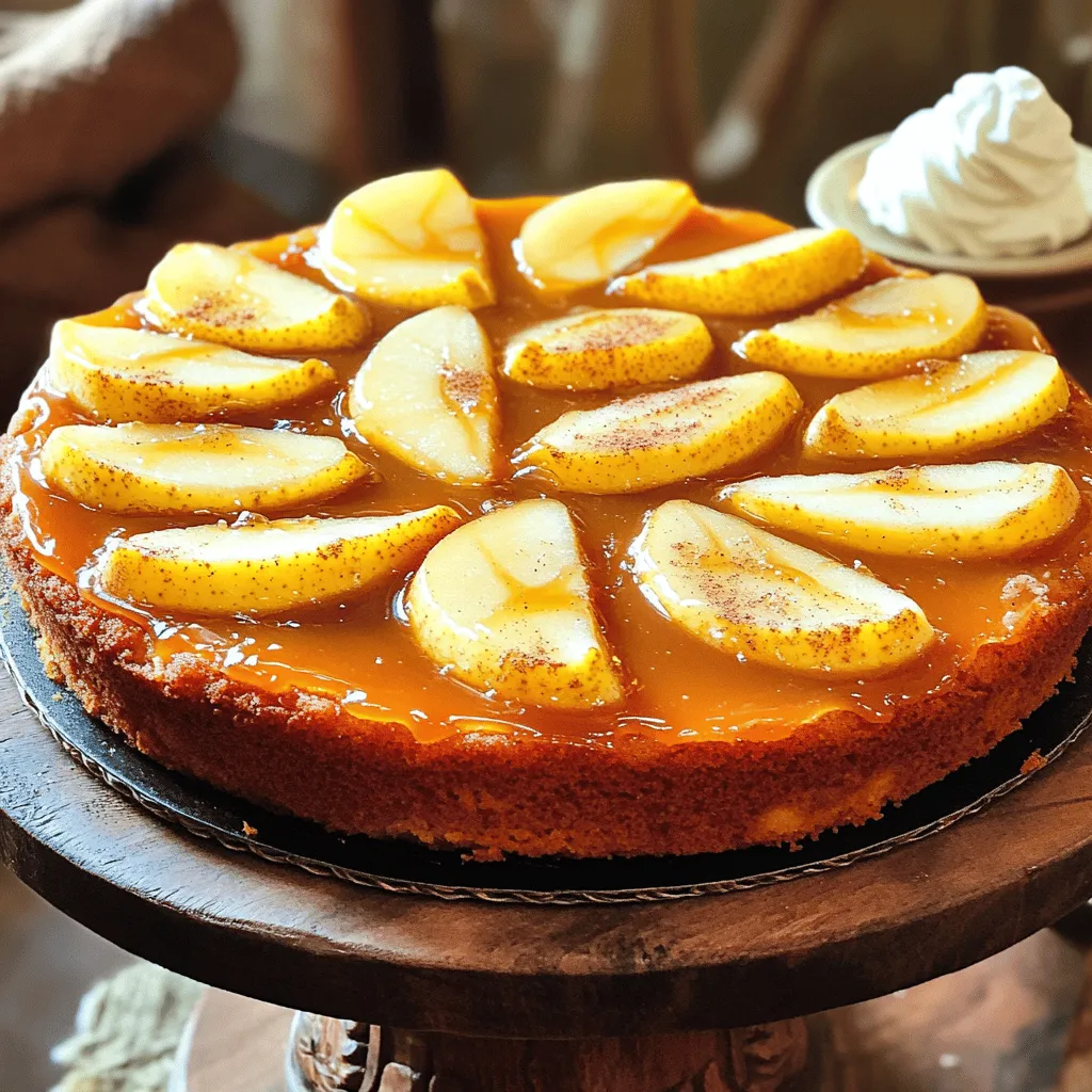 To make a delicious Caramel Pear Upside Down Cake, you will need the following ingredients: - 3 ripe pears, peeled, cored, and sliced - 1 cup brown sugar - 1/2 cup unsalted butter (1 stick) - 1 cup all-purpose flour - 1 teaspoon baking powder - 1/4 teaspoon salt - 1/2 cup granulated sugar - 2 large eggs - 1 teaspoon vanilla extract - 1/2 cup milk - 1 teaspoon ground cinnamon - Optional: whipped cream for serving To create this delightful cake, gather these tools and equipment: - 9-inch round cake pan - Medium saucepan - Mixing bowls - Whisk - Knife for slicing pears - Spatula for mixing - Toothpick for testing doneness You can add your own twist to the cake with these optional ingredients: - A pinch of nutmeg for warmth - Chopped nuts for crunch - Dried fruit for added sweetness - Different fruits like apples or peaches for variety - A drizzle of honey or maple syrup on top for extra flavor This list helps you prepare for a delightful baking experience. For the complete process, check out the Full Recipe. To make the caramel, start with a medium saucepan. Place it over medium heat, then add 1/2 cup of unsalted butter and 1 cup of brown sugar. Stir the mixture continuously. It should melt, mix, and become smooth. This will take just a few minutes. Once ready, pour the warm caramel into your greased 9-inch round cake pan. Now, let’s focus on the pears. Take 3 ripe pears and peel, core, and slice them. Artfully arrange these slices in the pan over the caramel. Make sure they slightly overlap. This will create a lovely pattern. It’s all about the presentation here, so take your time! Next, we’ll mix the batter. In a bowl, whisk together 1 cup of all-purpose flour, 1 teaspoon of baking powder, 1/4 teaspoon of salt, and 1 teaspoon of ground cinnamon. This is your dry mix. In a larger bowl, cream together 1/2 cup of granulated sugar and the remaining 1/2 cup of butter. Beat until fluffy, which takes about 3-5 minutes. Add 2 eggs one at a time, mixing well after each. Finally, stir in 1 teaspoon of vanilla extract. Now, it’s time to bake! Preheat your oven to 350°F (175°C). Gradually add the dry mix to the wet ingredients, alternating with 1/2 cup of milk. Start and end with the flour mix. Be gentle; you don’t want to overmix. Pour this batter over the pears in the pan. Bake for 35-40 minutes. Check with a toothpick to see if it comes out clean. After baking, let your cake cool in the pan for about 10 minutes. This helps it set. Run a knife around the edges to loosen it. Then, flip the cake onto a serving plate. You should see the beautiful pears on top, all glistening in the caramel. Enjoy this delightful treat warm or at room temperature! For a special touch, add whipped cream on the side. You can find the full recipe [Full Recipe]. To make the best Caramel Pear Upside Down Cake, avoid common mistakes. First, melt the butter and brown sugar slowly. If you rush, the caramel may burn. Stir the mixture well until it's smooth. This helps blend the flavors. Next, when you arrange the pears, overlap them nicely. This makes the cake look pretty. If the pears are uneven, they may not cook well. When mixing the batter, don’t overmix. Stir just until you see no more flour. This keeps the cake light and fluffy. To check if your cake is ready, use a toothpick. Insert it into the center. If it comes out clean, your cake is done. If it has batter on it, bake a few more minutes. Another method is to gently press the top of the cake. If it springs back, it’s ready. If not, give it some more time in the oven. This cake shines with a scoop of vanilla ice cream. The cold ice cream pairs well with the warm cake. You can also serve it with whipped cream. A sprinkle of cinnamon on top adds extra flavor. For a fun twist, top it with chopped nuts. They add a nice crunch. Enjoy your lovely cake with good company! {{image_4}} You can swap pears for other fruits. Apples work great in this cake. Their firm texture holds up well when baked. Try using ripe peaches for a sweet twist. Cherries or plums can also be fun. Each fruit adds its own flavor and charm to the cake. If you need a gluten-free cake, you can use gluten-free flour. Many brands offer a one-to-one substitute. Just make sure it has a good blend of starches. This will keep the cake light and fluffy. You can also use almond flour for a nutty taste. Just mix it with a little coconut flour for the best results. For extra flavor, you can add nuts to the cake. Chopped walnuts or pecans add a nice crunch. You might also want to mix in some chocolate chips for a sweet touch. Adding a pinch of nutmeg or cardamom can elevate the spices. These small changes can make your cake unique and delightful. To keep your cake fresh, you can cover it tightly with plastic wrap. If you have a cake dome, that works great too. Store the cake at room temperature for up to two days. If you need to keep it longer, the fridge is a good option. Just remember that cold can change the texture a bit. Freezing is a smart way to save extra cake. First, let the cake cool completely. Then, slice it into pieces for easy thawing. Wrap each piece in plastic wrap, then place them in a freezer bag. Make sure to remove as much air as possible. You can freeze the cake for up to three months. When you want to eat it, move a piece to the fridge for a few hours or overnight to thaw. To enjoy your cake warm, you can reheat it easily. Preheat your oven to 300°F (150°C). Place a slice of cake on an oven-safe plate. Cover it with foil to stop it from drying out. Heat for about 10-15 minutes. You can also use the microwave, but be careful. Heat in short bursts of 10-15 seconds. This keeps the cake moist and tasty. Enjoy your delicious treat warm! You can use apples, peaches, or plums as substitutes. Each fruit brings a unique taste. Apples add crunch, while peaches offer sweetness. Use fruits that are ripe but firm to avoid mushiness. Yes, you can prepare this cake a day in advance. Just store it in an airtight container. If you make it early, the flavors will blend nicely. This way, you save time on serving day. To prevent sticking, grease the cake pan well with butter. You can also line the bottom with parchment paper. This extra step helps the cake release easily after baking. Serve this cake warm or at room temperature. For a special touch, add whipped cream on top. A scoop of vanilla ice cream also makes it delightful. The cake stays fresh for about 2-3 days at room temperature. Just keep it covered. For longer storage, consider refrigerating it. This keeps the cake moist and tasty. In this article, we covered how to make Caramel Pear Upside Down Cake. We discussed the needed ingredients like pears and brown sugar. I shared tips for tools and equipment, plus ideas for tasty variations. You learned step-by-step instructions, common mistakes to avoid, and serving suggestions. Baking is fun, and this cake is a treat! Enjoy experimenting with flavors and techniques. Happy baking!