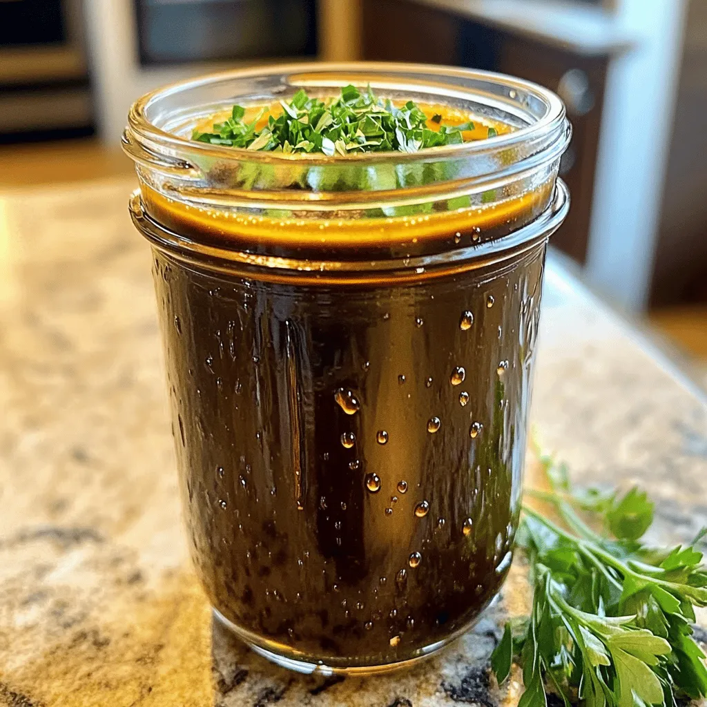 To make a flavorful homemade balsamic vinaigrette, gather these simple ingredients: - 1/2 cup balsamic vinegar - 1/4 cup extra virgin olive oil - 2 teaspoons Dijon mustard - 2 teaspoons honey (or maple syrup) - 1 clove garlic, finely minced - Salt and pepper to taste - Optional herbs (dried basil, fresh rosemary, or thyme) Each ingredient plays a key role. Balsamic vinegar gives a rich, tangy base, while olive oil adds smoothness. Dijon mustard helps emulsify the mixture, creating a nice blend. Honey or maple syrup balances the tang with sweetness. Garlic brings depth and warmth. Adjust salt and pepper to your taste for the perfect finish. If you want to enhance your vinaigrette, try adding herbs. Dried basil offers a classic touch, while fresh rosemary or thyme brings bright notes. For the complete guide on how to combine these ingredients, check the Full Recipe. Making balsamic vinaigrette is simple and quick. You can finish it in about 10 minutes. First, gather your ingredients. You will need balsamic vinegar, olive oil, Dijon mustard, honey, garlic, salt, pepper, and optional herbs. This recipe makes about one cup of vinaigrette, perfect for salads and marinades. Start by choosing a medium-sized bowl or a jar with a lid. In this bowl or jar, mix the balsamic vinegar, Dijon mustard, honey, and minced garlic. Use a whisk or shake the jar to blend these ingredients well. They should become smooth and uniform. Next, slowly add the olive oil while whisking or shaking. This step is key to creating an emulsion. To achieve the perfect emulsion, add the olive oil gradually. This keeps the oil from separating. Once combined, taste your vinaigrette. Add salt and freshly ground black pepper to your liking. If you want more flavor, mix in dried basil or fresh herbs like rosemary or thyme. These will make your vinaigrette stand out. Store it in a sealed jar. Let it sit at room temperature for 15 minutes before using. This resting period allows the flavors to blend nicely. Shake well before each use. Enjoy this tangy flavor boost on salads or grilled dishes! To make your balsamic vinaigrette truly stand out, consider these easy tips. - Adding alternative sweeteners: Honey is great, but try maple syrup for a vegan touch. You can also use agave nectar or coconut sugar. Each sweetener brings a unique flavor. - Adjusting acidity levels: If you like a sharper taste, add more balsamic vinegar. For a smoother flavor, increase the olive oil. Experiment until you find the perfect balance for your taste. Mixing your vinaigrette well is key. Use a jar with a lid or a whisk in a bowl. Shake or whisk until all ingredients blend. Storing is just as important. Keep your vinaigrette in an airtight container. This keeps it fresh and flavorful. Store it in the fridge. Always shake well before using to mix the ingredients again. Making your vinaigrette ahead saves time during meals. You can prepare it up to a week in advance. Just follow the Full Recipe and store it in the fridge. The flavors will deepen as it sits, creating a tastier dressing. {{image_4}} You can easily change the taste of your balsamic vinaigrette. One fun way is to make a citrus-infused balsamic vinaigrette. Just add the zest of a lemon or orange to the mix. This brightens the flavors and adds a refreshing touch. Another idea is to blend in fresh fruit purees. Try using pureed strawberries or peaches. These fruits add sweetness and a unique twist to your dressing. If you're vegan or have allergies, you can still enjoy this vinaigrette. Instead of honey, use maple syrup. This keeps it sweet and plant-based. Also, check your mustard for any allergens. Many Dijon mustards are vegan, but it’s always good to read labels. You can also play with herbs and spices. Dried basil adds a nice flavor, but don’t stop there. Try fresh herbs like parsley or cilantro. They bring a fresh taste that brightens your dish. You can even explore spices. A pinch of red pepper flakes gives a bit of heat. If you love garlic, add more minced garlic for a stronger punch. These variations let you personalize your vinaigrette. Try them out, and don’t be afraid to be creative! To keep your homemade balsamic vinaigrette fresh, use airtight containers. Glass jars work well for this. They seal tightly and help prevent air from spoiling your vinaigrette. Be sure to label your container with the date you made it. Store it in the fridge to maintain its taste and quality. Homemade balsamic vinaigrette can last about two weeks in the fridge. The flavors will deepen over time, which can be a nice bonus. However, if you notice any strange smells or changes in color, it’s best to toss it out. Fresh is always best! If your vinaigrette separates in the fridge, don’t worry. This is normal. Just give it a good shake or whisk before using. If it seems too thick, add a splash of water or extra balsamic vinegar to smooth it out. Enjoy your zesty flavor boost! If you do not have balsamic vinegar, you can use red wine vinegar or apple cider vinegar. Both options will give a nice tang. You can also mix in a bit of honey or sugar to mimic the sweetness of balsamic. This swap works well in the Full Recipe. Yes, you can use other oils like avocado oil or grapeseed oil. These oils have a mild flavor and mix well. Extra virgin olive oil is my favorite for this vinaigrette. It adds a rich taste that really shines. Homemade balsamic vinaigrette lasts about one week in the fridge. Store it in an airtight container for best results. Always give it a good shake before using. This keeps the flavors fresh and tasty! For more details, refer to the Full Recipe. In this blog post, we explored how to create a smooth, tasty balsamic vinaigrette. We covered the key ingredients, step-by-step instructions, and tips for enhancing flavors. You learned about different variations and storage tips to keep your dressing fresh. Creating your own vinaigrette is easy and fun. Try it out and add your twist! You'll enjoy a delicious dressing that fits your taste. Experiment with the ingredients and make this recipe uniquely yours.