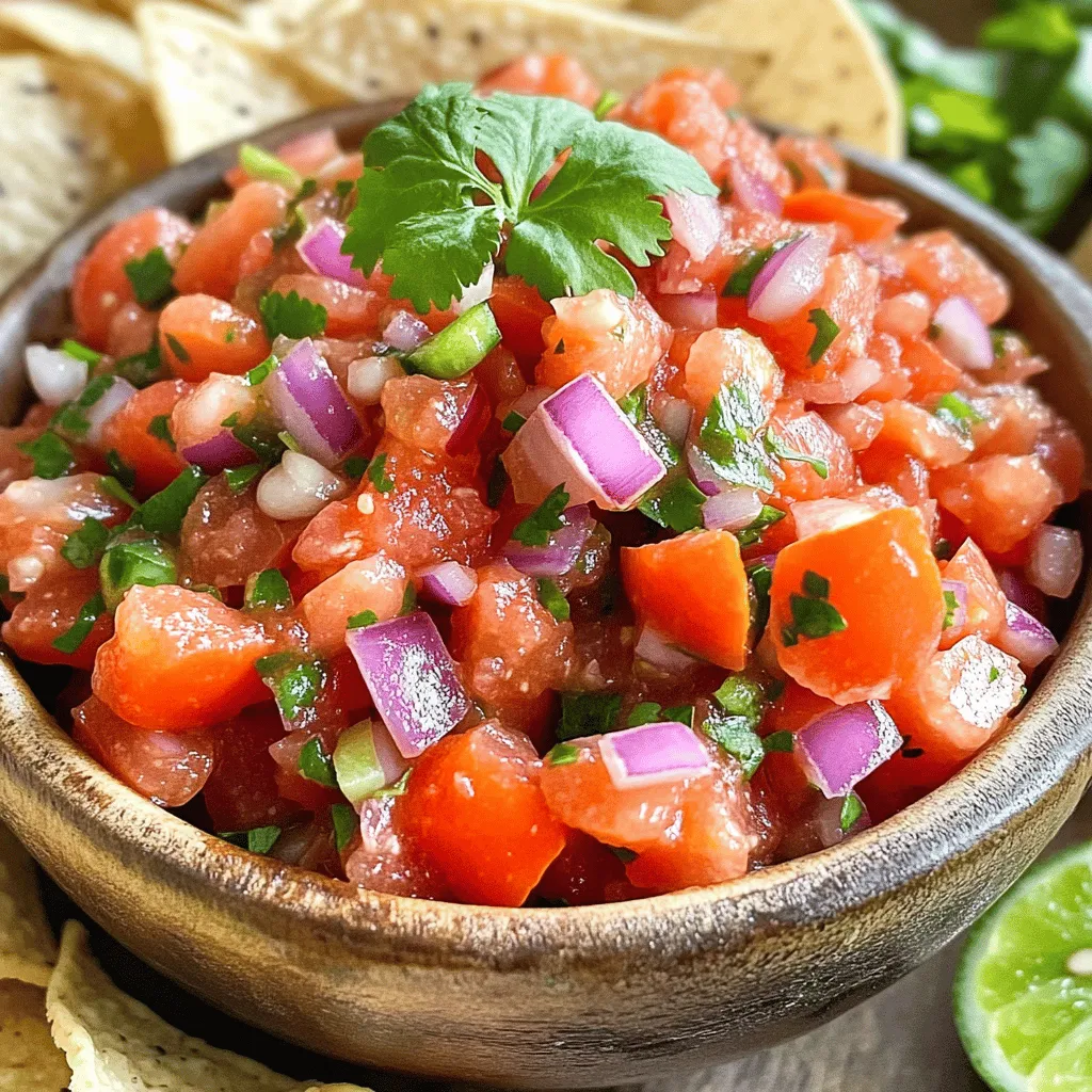 - 3 ripe tomatoes, finely diced - 1 small red onion, finely chopped - 1 jalapeño pepper, seeded and minced - 2 cloves of garlic, minced - 1/4 cup fresh cilantro, roughly chopped - Juice of 2 fresh limes Fresh ingredients make the best salsa. Choose ripe tomatoes for sweetness. Red onion adds a nice crunch and sharp flavor. The jalapeño gives it a spicy kick. If you like heat, keep the seeds. Garlic brings a bold taste. Fresh cilantro adds a bright note to the mix. Limes add acidity and freshness, making the flavors pop. - Salt - Black pepper - Optional ground cumin Salt and pepper are key. They enhance all the flavors. Adjust them to your taste. If you want a smoky touch, add ground cumin. It gives a nice depth to your salsa. Remember, seasoning is important for a balanced dip. - Medium mixing bowl - Fork or spoon - Measuring cups and spoons Gather your tools before starting. A medium mixing bowl is perfect for combining the ingredients. Use a fork or spoon to mix everything gently. Measuring cups and spoons help get the right amounts. Having everything ready makes the process smooth and fast. You can whip up this fresh dip in just five minutes! For the complete recipe, check the full recipe section. - Finely dice 3 ripe tomatoes and chop 1 small red onion. - Seed and mince 1 jalapeño pepper. - Mince 2 cloves of garlic and chop 1/4 cup of fresh cilantro. - Mix all prepared ingredients in a medium bowl. - Squeeze the juice of 2 fresh limes over the mixture. - Add salt, freshly ground black pepper, and optional 1/4 teaspoon of ground cumin. - Gently fold all ingredients together without mashing the tomatoes. Taste your salsa to adjust the seasoning as needed. This fresh dip is all about balance and brightness. If you want more zing, add a bit more lime juice. This step helps keep the flavors lively. Pair it with crispy tortilla chips for the perfect snack. Enjoy making this zesty five-minute salsa! You can find the full recipe above. To get the best flavor in your salsa, always taste it. After mixing, check for salt and lime. Add more if needed. Fresh ingredients are key. Use ripe tomatoes and fresh cilantro for a bright taste. Fresh ingredients give your salsa life and a vibrant flavor. Serve your salsa with crispy tortilla chips. This creates a fun and tasty snack. You can also transfer the salsa to a small bowl. Place it on a colorful plate to impress your guests. For a final touch, add a sprig of cilantro on top. This adds a pop of color and freshness. If you want to make salsa ahead, it can taste even better. Letting it sit for a few hours helps the flavors mix. Store it in the fridge for up to three days. Always check for freshness before serving. If you see any changes in color or smell, it's best to toss it out. {{image_4}} You can easily switch some ingredients in your salsa. For a crunchy twist, use green bell pepper instead of jalapeño. This makes the salsa milder and adds a fresh taste. You can also add fruits for sweetness. Chunks of mango or pineapple bring a fun flavor. They pair well with the tartness of the lime. Do you like your salsa mild or spicy? If you want mild salsa, just skip the jalapeño. Instead, use a small amount of sweet bell pepper. For a spicy kick, try adding serrano peppers. They pack more heat than jalapeños. Always taste as you go. This way, you find the perfect spice level for your taste. Want a creamier salsa? Add some ripe avocado. Mash it up and mix it in for a smooth texture. It makes the salsa richer and adds healthy fats. Another idea is to add smoked ingredients. Try smoked paprika or chipotle peppers. These will give your salsa a deep, rich flavor that surprises your taste buds. You want to keep your salsa fresh and tasty. The best way to store it is in an airtight container. Glass jars or plastic containers work great. These containers prevent air from spoiling the salsa. Make sure the lid is on tight before you put it in the fridge. Store your salsa in the main part of the fridge, not the door. The door can get warm when you open it, which is not good for salsa. Homemade salsa lasts about 5 to 7 days in the fridge. Keep an eye on it, though! Look out for signs of spoilage. If you see mold or if the salsa smells sour, it’s time to toss it. Fresh salsa should smell bright and zesty. You can freeze homemade salsa if you want to keep it longer. First, pour the salsa into a freezer-safe container. Leave some space at the top because it will expand when frozen. Seal the container well, and label it with the date. To thaw your salsa, take it out of the freezer and place it in the fridge overnight. You can also thaw it in a bowl of cold water. Once thawed, stir it well before using. Frozen salsa is great for soups or sauces. For the full recipe, check out the Zesty Five-Minute Salsa. To make salsa less watery, you can follow a few simple tips: - Use firm tomatoes. They have less water than soft ones. - Seed your tomatoes before dicing. This helps reduce extra liquid. - Drain any excess liquid after dicing. Let diced tomatoes sit for a few minutes. - Add ingredients that absorb moisture. Chopped onions or even a bit of corn can help. - Chill your salsa before serving. This allows flavors to blend while reducing moisture. Yes, you can use canned tomatoes in salsa. Canned tomatoes are convenient and save time. They come in many styles, like diced or crushed. Here’s how they compare to fresh: - Canned tomatoes often have a richer taste. They are picked at peak ripeness. - Fresh tomatoes have a brighter, more vibrant flavor. They can add a nice crunch if you prefer that texture. - If using canned, drain excess liquid. This prevents your salsa from becoming too watery. - Choose tomatoes packed in juice or puree for a thicker texture. When it comes to chips, you have great options for pairing with salsa: - Tortilla chips are classic. Their corn flavor complements salsa well. - Pita chips add a nice crunch and are a bit different. - Veggie chips offer a healthier twist and a unique taste. - Homemade chips can be fun! Cut tortillas into triangles and bake them until crispy. - Always serve chips warm for the best flavor experience. In this article, we explored how to make fresh salsa from scratch. We covered essential ingredients like ripe tomatoes and jalapeños, detailed preparation steps, and offered tips for the best flavor. You can mix it up by trying different ingredients or adjusting spice levels. Fresh salsa adds zest to meals and is easy to store or freeze. Remember, the quality of your ingredients makes all the difference. Enjoy making your own salsa and share it with friends!