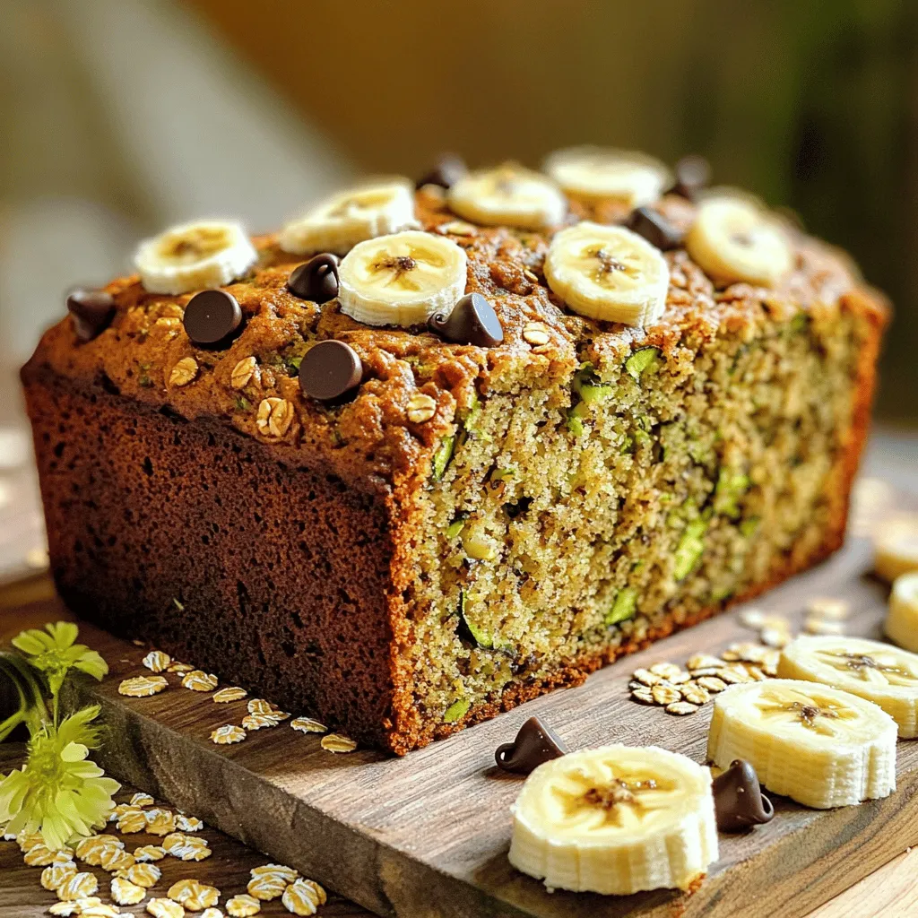 To create a tasty loaf, you need a few key items: - 1 cup rolled oats - 1 cup whole wheat flour - 1 medium zucchini, finely grated - 2 ripe bananas, thoroughly mashed These ingredients form the base of your Healthy Oatmeal Zucchini Banana Bread. The oats provide fiber and texture, while the zucchini adds moisture. Ripe bananas bring sweetness and flavor. You can enhance your bread with these extras: - 1/2 cup chopped walnuts or pecans - 1/4 cup dark chocolate chips - 1/4 cup honey or maple syrup Chopped nuts add a nice crunch, while dark chocolate chips can deliver a sweet surprise. Sweeteners like honey or maple syrup can balance the flavors. If you have specific dietary needs, here are some substitutions: - For gluten-free options, use gluten-free flour blends. These can work just as well. - For vegans, substitute the eggs with flax eggs. To make one flax egg, mix 1 tablespoon of ground flaxseed with 2.5 tablespoons of water. Let it sit for a few minutes to thicken. This way, you can enjoy the bread no matter your diet. You can find the full recipe in the article above. - Preheat the Oven Start by preheating your oven to 350°F (175°C). This step is key to baking the bread evenly. - Prepare the Loaf Pan Next, take a 9x5-inch loaf pan. Grease it with cooking spray or line it with parchment paper. This will help the bread come out easily. - Combine Oats, Flours, and Spices In a large mixing bowl, whisk together these dry ingredients: - 1 cup rolled oats - 1 cup whole wheat flour - 1 teaspoon baking powder - 1/2 teaspoon baking soda - 1/2 teaspoon salt - 1 teaspoon ground cinnamon - 1/2 teaspoon ground nutmeg Mix them until they are all combined. This will create a solid base for your bread. - Add Grated Zucchini and Mashed Bananas In another bowl, mash up 2 ripe bananas. Then, grate 1 medium zucchini and add both into this bowl. - Combine Sweeteners and Eggs Next, stir in the sweeteners. You can use 1/4 cup honey or maple syrup. Add 1/4 cup unsweetened applesauce, 2 large eggs, and 1 teaspoon vanilla extract. Mix until everything is well combined. - Fold Dry and Wet Ingredients Together Carefully pour the wet mixture into the bowl with the dry ingredients. Use a spatula to gently fold them together. Be careful not to overmix. This helps keep the bread light. - Add Optional Ingredients if Desired If you want extra flavor or crunch, fold in 1/2 cup chopped walnuts or pecans. You can also add 1/4 cup dark chocolate chips for sweetness. - Transfer Batter to the Loaf Pan Transfer the batter to your prepared loaf pan. Smooth the top to create a nice, even surface. - Baking Time and Doneness Check Place the loaf pan in your preheated oven. Bake for 50 to 60 minutes. It’s done when a toothpick inserted in the center comes out clean with a few moist crumbs. Don’t forget to check the [Full Recipe] for more details and enjoy your baking! - Avoiding Overmixing: When you mix your wet and dry ingredients, be gentle. Overmixing can make your bread tough. Just stir until you see no dry flour. This keeps the bread light and fluffy. - Ensuring Moisture with Zucchini: Zucchini adds moisture to your bread. Make sure to grate it finely. This helps it blend well and keeps the bread soft. Don’t skip this step. - Checking Doneness: To check if your bread is done, use a toothpick. Insert it into the center. If it comes out clean or with a few crumbs, your bread is ready. If you see wet batter, bake it a little longer. - Cooling Tips for Texture and Flavor: After baking, let the bread cool in the pan for 10 minutes. Then, move it to a wire rack. This allows air to circulate and prevents sogginess. Cool it completely before slicing for the best texture and taste. - Serving Suggestions: Slice your bread and serve it on a wooden board. This gives it a rustic look. You can pair it with honey or nut butter for added flavor. - Garnishing Ideas for an Attractive Display: For a nice touch, sprinkle some oats on top. You can also add banana slices for color. A simple garnish can make your bread look more appealing. For the full recipe, check out the Healthy Oatmeal Zucchini Banana Bread. Enjoy your baking! {{image_4}} To make gluten-free healthy oatmeal zucchini banana bread, you can swap the whole wheat flour. Use a blend of gluten-free flours, like almond or coconut flour. These flours provide great texture. You may also need to add a binding agent. Xanthan gum or ground flaxseeds work well for this. They help hold the bread together. If you prefer a vegan version, you can skip the eggs. Flax eggs are a great substitute. Mix one tablespoon of ground flaxseed with three tablespoons of water. Let it sit until it thickens. You can also use unsweetened applesauce or mashed bananas as an egg substitute. This keeps the bread moist and tasty. Use plant-based milk instead of dairy milk for extra creaminess. You can easily add your favorite spices or extracts. Try adding nutmeg, ginger, or vanilla for a flavor twist. If you want to mix things up, add different fruits. Blueberries or chopped apples can enhance the taste and texture. You can also include dried fruits like raisins or cranberries. These add natural sweetness and chewiness. Feel free to explore these variations to make the recipe your own. For the full recipe, click [Full Recipe]. You can store leftover Healthy Oatmeal Zucchini Banana Bread easily. If you plan to eat it soon, keep it at room temperature. Wrap it in plastic wrap or place it in an airtight container. This method keeps the bread fresh for about two days. For longer storage, place it in the fridge. This option extends its freshness to about a week. Make sure to use an airtight container to avoid moisture loss. Freezing is a great way to save your Healthy Oatmeal Zucchini Banana Bread. First, let the bread cool completely. Then, slice it into pieces for easy thawing. Wrap each slice tightly in plastic wrap. After that, place the wrapped slices in a freezer bag. This method prevents freezer burn. To thaw, simply take out a slice and leave it at room temperature for about 30 minutes. You can also microwave it for a few seconds if you want it warm. The shelf life of your Healthy Oatmeal Zucchini Banana Bread depends on how you store it. At room temperature, it stays fresh for about two days. In the fridge, it can last up to a week. If you freeze it, the bread can stay good for up to three months. Always check for signs of spoilage, like mold or an off smell. Storing it properly helps maintain its taste and texture. Enjoy your delicious treat! For the complete recipe, check the [Full Recipe]. You can use gluten-free flour blends. Look for a mix that has rice flour, almond flour, or oat flour. These blends work well. They keep the bread soft and tasty. Always check that the oats are certified gluten-free to avoid cross-contamination. Yes, you can skip sugar. Use ripe bananas for natural sweetness. Applesauce also adds flavor without added sugar. You might want to adjust the liquids if you omit sweeteners. This change can make the bread a bit less sweet but still delicious. Insert a toothpick into the center of the bread. If it comes out clean or with a few moist crumbs, it’s done. The top should be golden brown. Don’t open the oven too soon. This helps the bread rise properly. Absolutely! Chopped walnuts or pecans add crunch. Dried fruits like raisins or cranberries can enhance the taste. You can also try adding spices like ginger or cardamom for extra flavor. Just be sure not to overmix when adding these extras. For the full recipe, check out the previous sections. You learned about making Healthy Oatmeal Zucchini Banana Bread from scratch. We covered key ingredients, helpful tips, and fun variations. Remember to keep it moist with zucchini and watch the baking time. This bread fits different diets, allowing for gluten-free or vegan options. With the right mix-ins, your bread can be unique. Enjoy this tasty treat knowing it’s good for you. Happy baking!