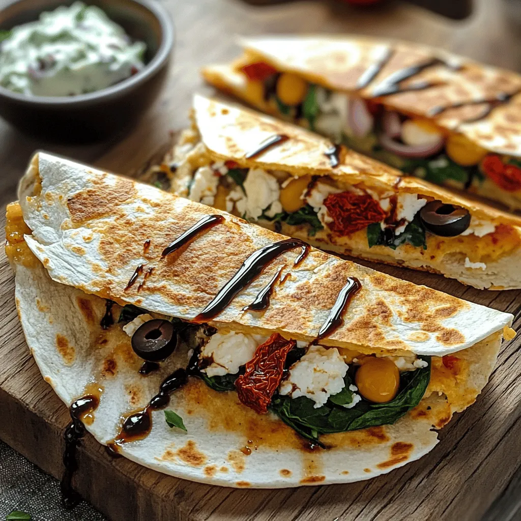 - 4 large flour tortillas - 1 cup feta cheese, crumbled - 1 cup mozzarella cheese, shredded - 1 cup fresh spinach, chopped - 1/2 cup sun-dried tomatoes, finely chopped - 1/2 cup black olives, pitted and sliced - 1/4 cup red onion, thinly sliced - 1 tablespoon olive oil - 1 teaspoon dried oregano - Salt and freshly ground pepper to taste I love gathering these ingredients before I start. Fresh spinach adds a nice crunch. Sun-dried tomatoes give a sweet and tangy kick. Crumbled feta and shredded mozzarella melt beautifully together. For added flavor, I use red onion and a touch of oregano. Olive oil keeps everything moist and tasty. When mixing, I ensure each ingredient blends well. This mixture creates a burst of Mediterranean flavors. As I prepare, I think about all the ways to enjoy these quesadillas. You can serve them with tzatziki or balsamic glaze for extra zing. I recommend trying this full recipe for a delightful meal. 1. First, heat olive oil in a skillet over medium heat. Let it warm for about a minute. 2. In a mixing bowl, combine crumbled feta, shredded mozzarella, chopped spinach, sun-dried tomatoes, sliced black olives, and thinly sliced red onion. 3. Add a teaspoon of dried oregano along with salt and pepper. Mix well until all ingredients are blended. 1. Place one tortilla in the hot skillet. Sprinkle half of the cheese and vegetable mixture over one half of the tortilla. 2. Carefully fold the tortilla in half to cover the filling. Cook for about 2-3 minutes. Watch the underside closely until it turns golden brown and the cheese starts to melt. 3. Gently flip the quesadilla using a spatula. Cook the other side for another 2-3 minutes until it is also golden and crispy. 1. Once cooked, remove the quesadilla from the skillet. Allow it to cool for a minute on a cutting board. 2. Slice the quesadilla into wedges. Serve them warm on a vibrant plate. 3. For a fun touch, add a side of creamy tzatziki sauce or drizzle balsamic glaze on top. Garnish with fresh herbs like parsley or basil for color. For the full recipe, check out the details above! To make the best Mediterranean quesadilla, watch your cooking time closely. Aim for a crisp outside. Cook each side for about 2-3 minutes. A hot skillet helps achieve that golden color. Always use fresh ingredients for maximum flavor. Fresh spinach, ripe tomatoes, and quality cheese make a big difference. You can adjust spices to your taste. Add more oregano for a stronger herb flavor. If you like heat, try adding red pepper flakes. For cheese, mix it up! You can use goat cheese for a tangy twist or provolone for a creamier bite. Each cheese offers a unique taste. You’ll need a few key tools for perfect quesadillas. A large non-stick skillet works best. A spatula helps flip the quesadilla without spilling. If you have a grill pan, that can add nice grill marks. Don’t forget a sharp knife for slicing! These tools make cooking easier and more fun. You can find the Full Recipe for these Mediterranean Quesadillas and enjoy making them at home! {{image_4}} You can switch up your quesadilla using different tortillas. Whole wheat tortillas add fiber. Gluten-free tortillas work well for those with dietary needs. For cheese, try goat cheese or a sharp cheddar. Each choice gives a new taste. Mixing cheeses can also create rich flavors. Add artichokes or roasted red peppers for a Mediterranean twist. Both bring unique flavors and textures. If you love meat, consider adding grilled chicken or lamb. These meats enhance the dish, making it heartier and more satisfying. Pair your quesadillas with a variety of sauces. Hummus adds creaminess and a burst of flavor. Avocado sauce is another great option. It adds richness and pairs well with the quesadilla's ingredients. You can also try tzatziki for a refreshing touch. Explore these variations to find your favorite Mediterranean quesadilla style. For more details, check the Full Recipe. To keep your leftover quesadillas fresh, place them in the fridge. Use an airtight container. This helps prevent them from drying out. You can also wrap them tightly in plastic wrap or aluminum foil. If you do it right, they can last up to three days. To reheat quesadillas, you want them crispy again. The oven works best for this. Preheat your oven to 350°F (175°C). Place the quesadillas on a baking sheet and heat for about 10 minutes. You can also use a skillet. Heat it on medium heat and cook for about 3-4 minutes on each side. If you want to save quesadillas for later, freezing is a great choice. First, let them cool down. Then, wrap each quesadilla in plastic wrap. Place them in a freezer bag for extra protection. They can last up to two months. To thaw, take them out and leave them in the fridge overnight. Reheat as mentioned above for the best taste. To make Mediterranean quesadillas, follow these simple steps: 1. Heat olive oil in a skillet over medium heat. 2. In a bowl, mix crumbled feta, shredded mozzarella, chopped spinach, sun-dried tomatoes, sliced olives, sliced onion, oregano, salt, and pepper. 3. Place a tortilla in the skillet. Spread half of the cheese and veggie mix on one side. 4. Fold the tortilla in half and cook for 2-3 minutes until golden brown. 5. Flip and cook the other side for another 2-3 minutes. 6. Remove and let cool before slicing into wedges. 7. Repeat with remaining ingredients. Key ingredients include flour tortillas, feta cheese, mozzarella cheese, spinach, sun-dried tomatoes, black olives, red onion, olive oil, oregano, and seasonings. Yes, you can use different types of cheese. If you want a stronger flavor, try goat cheese or aged cheddar. For a creamier texture, consider using Monterey Jack or cream cheese. Each cheese gives a unique taste to the quesadillas. Mixing cheeses can also enhance the overall flavor. Serve these quesadillas with delicious sides like: - Tzatziki sauce for a cool dip. - Hummus for a creamy texture. - A fresh salad with lemon vinaigrette. - Roasted vegetables for a hearty complement. These sides elevate your meal and balance the flavors of the quesadillas. Yes, you can prepare Mediterranean quesadillas in advance. Assemble the quesadillas and store them in the fridge for up to 24 hours. Just cook them when you're ready to eat. If you want to save time, you can also freeze them. Wrap in plastic wrap and store in an airtight container. To reheat, cook from frozen in a skillet until they are hot and crispy. In this post, I shared how to create mouth-watering Mediterranean quesadillas. We covered the ingredients, from tortillas to cheese, and the steps to cook them. You learned helpful tips for perfect texture and flavor. I also shared storage tips and possible variations to keep things exciting. Remember, use fresh ingredients for the best taste. With these simple steps, you can enjoy tasty quesadillas any time. Experiment with flavors and make this dish your own!
