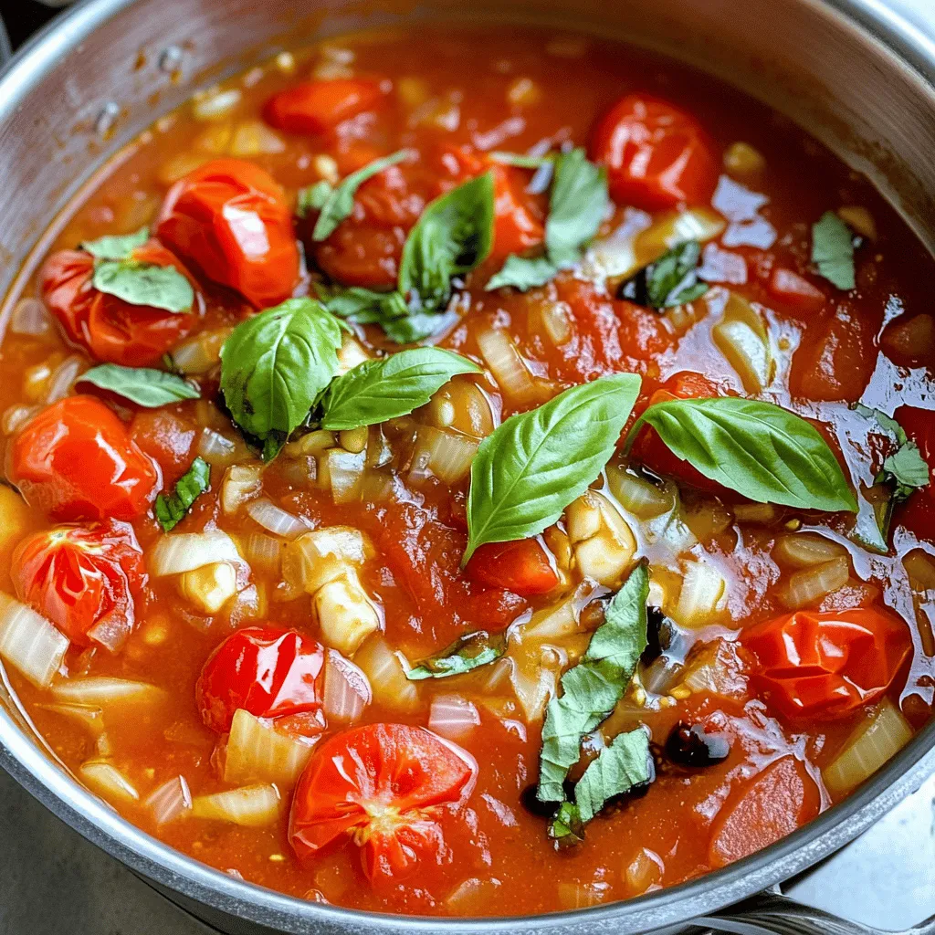 To create a rich and tasty homemade tomato sauce, you need some key ingredients. Here’s what you should gather: - 8 ripe summer tomatoes, quartered - 1 medium onion, finely diced - 4 cloves garlic, minced - 1 tablespoon extra-virgin olive oil - Sea salt and freshly cracked black pepper, to taste These main ingredients bring the best flavors to your sauce. Summer tomatoes are sweet and juicy, making them perfect for this dish. The onion and garlic add depth. Olive oil gives richness, and salt and pepper enhance all the tastes. Next, let's add some spices to make your sauce pop! Here are the essential spices: - 1 teaspoon dried oregano - 1 teaspoon dried basil - ½ teaspoon red pepper flakes (optional, for a spicy kick) - 1 tablespoon balsamic vinegar Oregano and basil are classic herbs in tomato dishes. They add a nice aroma and flavor. If you like heat, red pepper flakes give it a nice kick. The balsamic vinegar balances the sauce and adds a touch of sweetness. Want to take your sauce to the next level? Here are some optional add-ins: - Fresh basil leaves for garnish - Grated Parmesan cheese for serving - Chopped bell peppers or mushrooms for extra veggies Fresh basil on top brightens the dish and adds a fresh taste. Parmesan cheese makes it creamy and savory. If you want more texture, adding bell peppers or mushrooms can give your sauce a delicious twist. For the full recipe, check the section titled Full Recipe. Enjoy making your own homemade tomato sauce! Start by gathering your ingredients. Use fresh summer tomatoes for the best taste. You will also need a medium onion, garlic, olive oil, and some spices. Quarter the tomatoes and finely dice the onion. Mince the garlic cloves. This prep makes cooking easy and quick. Now, take a large saucepan and heat the olive oil over medium heat. Once the oil shimmers, add the diced onion. Sauté it for about 5 minutes until it becomes soft. Next, add the minced garlic and stir for 1-2 minutes. You want the garlic to smell great but not burn. Add the quartered tomatoes to the pan. Stir them into the mix with the onion and garlic. Cook this for around 10 minutes. You will see the tomatoes soften and break down. Then sprinkle in the dried oregano, dried basil, and red pepper flakes if you want some spice. Season it with sea salt and black pepper. Let it simmer for 15 minutes. This helps the sauce thicken and blend flavors. After simmering, remove the saucepan from heat. Drizzle in the balsamic vinegar and stir well. This adds a nice depth to the sauce. Now, you can blend the sauce. If you want it smooth, use an immersion blender. If you don’t have one, carefully pour the sauce into a regular blender. Blend it until smooth, then return it to the pot. Taste your sauce and adjust the seasoning if needed. You might want more salt, pepper, or herbs. If you think the flavors need time, let it simmer for another 5 minutes. Serve your sauce hot, garnished with fresh basil leaves for a lovely touch. You can also save it for later by allowing it to cool completely before storage. To make the best tomato sauce, you need the best tomatoes. Look for ripe, firm tomatoes with a deep color. Heirloom varieties work great. They have rich flavors that add depth. When you smell them, you want a strong, sweet aroma. Avoid any tomatoes with bruises or soft spots. Freshness matters! Adding extra ingredients can boost your sauce’s taste. Here are some tips: - Use fresh herbs: Fresh basil and oregano add bright flavors. - Add a splash of wine: A bit of red wine adds richness. - Try a pinch of sugar: This balances acidity from the tomatoes. - Finish with balsamic vinegar: It gives a sweet and tangy note. These simple tricks can turn your sauce from good to great! Many people make mistakes when making tomato sauce. Here are some to watch for: - Cooking on high heat: This can burn your garlic. Low and slow is best. - Skipping the simmer: Letting it simmer helps flavors meld together. - Not tasting: Always taste as you go. Adjust seasoning to your liking. - Overcooking: Don’t let it cook too long or it may lose freshness. Avoiding these mistakes will help you achieve a flavorful sauce every time! {{image_4}} To make a classic marinara sauce, follow the base recipe but keep it simple. Use just the tomatoes, garlic, and olive oil. Omit the herbs if you prefer a more straightforward taste. This sauce shines with fresh, ripe tomatoes. Serve it with spaghetti or use it as a base for pizza. You can add a pinch of sugar if your tomatoes taste too acidic. For a chunky vegetable sauce, add more vegetables to the mix. Try zucchini, bell peppers, or mushrooms. Chop them finely and sauté them with the onions. This gives your sauce great texture and flavor. You can also add spinach or kale for extra nutrients. This version works well over whole grain pasta or as a base for veggie lasagna. If you love heat, spice things up! Add more red pepper flakes or a diced jalapeño. You can also mix in some crushed black pepper. For a smoky flavor, toss in some smoked paprika. This sauce pairs great with spicy sausage or can elevate a simple pasta dish. Just make sure to taste as you go to find your perfect level of heat. Try these variations to keep your homemade tomato sauce exciting and fresh. You can always tweak them to match your own taste preferences! For more detailed instructions, check the Full Recipe. To keep your homemade tomato sauce fresh, let it cool first. Use clean jars or airtight containers. Fill them, leaving some space at the top. This space helps with expansion if you freeze the sauce. Always label your jars with the date, so you know when you made it. Store your sauce in the fridge if you plan to use it soon. Freezing is a great way to save your sauce for later. Pour the cooled sauce into freezer-safe bags or containers. If using bags, lay them flat in the freezer. This method saves space and makes thawing easier. When you're ready to use the sauce, just take it out and let it thaw in the fridge overnight. You can also thaw it in a pot on low heat. In the fridge, your sauce lasts about 5 days. If you freeze it, it can last up to 6 months. Just remember, the longer it stays in the freezer, the more it may lose flavor. Always check for any off smell or unusual texture before using your sauce. This way, you ensure a tasty meal every time! For the full recipe, check out Sunkissed Tomato Bliss Sauce. Yes, you can use canned tomatoes. They save time and can still taste great. Look for whole tomatoes in juice or crushed tomatoes. Just drain the excess liquid if needed. Canned tomatoes have a rich flavor. They work well in sauces. To thicken your sauce, simmer it longer. This lets the water evaporate. You can also add tomato paste for a thicker texture. Another option is to mash some of the tomatoes in the pot. This gives a nice body to the sauce. Making tomato sauce at home is fun and easy. You control the taste and ingredients. It’s healthier since you avoid preservatives. You can adjust the flavors to your liking. Plus, fresh sauce tastes so much better! Enjoy your cooking and try the Full Recipe for a tasty treat! Making homemade tomato sauce is easy and fun. You learned about its main ingredients, spices, and fun add-ins. I shared step-by-step instructions to help you cook and blend for the right texture. Tips and tricks showed how to pick the best tomatoes and avoid common mistakes. The different variations can cater to your taste preferences. Finally, I covered how to store your sauce properly. Enjoy your cooking adventure! Homemade sauce will add joy to every meal.