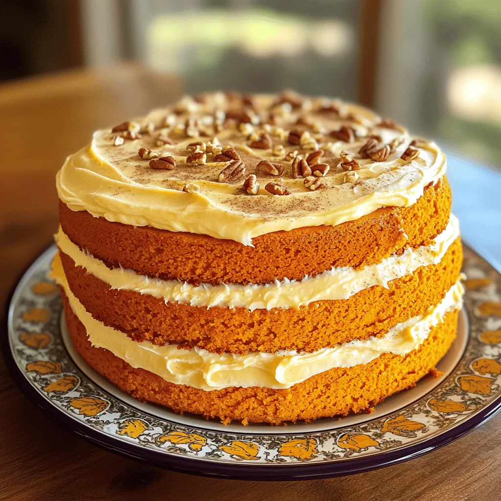 To make a great pumpkin rum cake, gather these key ingredients: - 1 ½ cups all-purpose flour - 1 teaspoon baking powder - 1 teaspoon baking soda - ½ teaspoon salt - 1 teaspoon ground cinnamon - ½ teaspoon ground nutmeg - ½ teaspoon ground ginger - ½ cup unsalted butter, softened - 1 cup granulated sugar - 2 large eggs - 1 cup pure pumpkin puree - ½ cup buttermilk - 1 teaspoon pure vanilla extract - ½ cup chopped pecans (optional) These ingredients blend to create a rich and moist cake with warm spices. You can add some fun ingredients to change the flavor. Consider these options: - Chocolate chips - Dried cranberries - Walnuts or almonds - A splash of dark rum for extra flavor These add-ins can elevate your cake and make it unique. When selecting pumpkin puree, look for quality. Canned pumpkin is easy to find. Make sure it states 100% pumpkin. Avoid pumpkin pie filling, as it contains added sugar and spices. For a homemade version, roast fresh pumpkins. Scoop out the flesh and blend until smooth. This gives a fresh taste and can enhance your cake's flavor. Start by preheating your oven to 350°F (175°C). This step is key for even baking. While the oven heats, grease and flour a 9-inch round cake pan. This helps the cake release smoothly after baking, so don't skip it! In a medium bowl, whisk together the dry ingredients. Combine 1 ½ cups of all-purpose flour, 1 teaspoon of baking powder, 1 teaspoon of baking soda, ½ teaspoon of salt, 1 teaspoon of ground cinnamon, ½ teaspoon of ground nutmeg, and ½ teaspoon of ground ginger. This mix creates warm, rich flavors. Set this bowl aside. In a large bowl, cream together ½ cup of softened butter and 1 cup of granulated sugar. Use an electric mixer on medium speed for 3-4 minutes. The mixture should look light and fluffy. Next, add 2 large eggs, mixing well after each one. This helps create a smooth batter. Now, stir in 1 cup of pure pumpkin puree, ½ cup of buttermilk, and 1 teaspoon of pure vanilla extract. Mix until everything is smooth. The pumpkin puree adds moisture and flavor. Gradually combine the dry ingredients with the wet mixture. Stir gently until just combined. Be careful not to overmix, as this keeps your cake tender. If you like, fold in ½ cup of chopped pecans for a nice crunch. Pour the batter into your prepared cake pan. Use a spatula to smooth the top for an even bake. Place the pan in the oven and bake for 30-35 minutes. To check if it's done, insert a toothpick into the center. If it comes out clean, your cake is ready! Once baked, remove it from the oven and let it cool in the pan for 10 minutes. Then, carefully transfer the cake to a wire rack to cool completely. This cooling step is crucial before frosting, as it prevents the frosting from melting. Enjoy your time in the kitchen with these steps to create a delightful Pumpkin Rum Cake! To get a perfect cake texture, follow these steps. Use room temperature ingredients. This helps the batter mix smoothly. When mixing, beat the butter and sugar until light and fluffy. It adds air, making the cake light. Mix the dry and wet ingredients separately first. Then, combine them gently. Overmixing can make the cake tough. If you want to add pecans, fold them in last. This keeps the cake airy and adds a nice crunch. Frosting your cake can be simple and fun. Start with a smooth base. Use a spatula to spread an even layer of cream cheese frosting. For a neat look, frost the sides too. If you want to add flair, use a piping bag. Create swirls or rosettes on top. You can even sprinkle a little cinnamon or add chopped pecans for extra beauty. The key is to let the cake cool completely before frosting it. This helps the frosting stay nice and firm. Serve your Pumpkin Rum Cake fresh for the best taste. Pair it with a scoop of vanilla ice cream. The creaminess complements the warm spices perfectly. You can also enjoy it with a cup of coffee or tea. For a festive touch, garnish each slice with a sprinkle of cinnamon. You can also add a drizzle of maple syrup on top. This adds sweetness and makes the cake even more inviting. Don't forget to check out the Full Recipe for more tips and tricks! {{image_4}} You can make a gluten-free version of pumpkin rum cake. Use a gluten-free flour blend instead of all-purpose flour. Many brands work well, but make sure it has xanthan gum. This will help bind the cake. The flavor will stay rich and delicious, just like the original. If you need a nut-free cake, just leave out the pecans. You can also swap in sunflower seeds or pumpkin seeds for some crunch. This way, everyone can enjoy the cake without worry. The taste will remain lovely and satisfying. To make your cake even more special, add spices or extracts. Try using allspice or cardamom for a warm twist. You can also mix in a bit of rum extract for more depth. This will elevate the flavors and give your cake a unique flair. Don’t hesitate to experiment with what you like best! For the full recipe, check out the details above. To keep your Pumpkin Rum Cake fresh, store it properly. Use an airtight container to seal in moisture. If you don’t have one, wrap it tightly in plastic wrap. This helps prevent it from drying out. Always place the cake in a cool, dark spot. Avoid sunlight or heat sources, as they can spoil the cake quickly. When stored well, Pumpkin Rum Cake can last up to five days at room temperature. If you want it to last longer, place it in the fridge. In the fridge, it can last for up to a week. Just remember to cover it well. This keeps it from absorbing other smells. Freezing is a great option if you want to save some cake for later. First, let the cake cool completely. Then, slice it into portions. Wrap each piece tightly in plastic wrap. After that, place the wrapped slices in a freezer-safe bag. Label the bag with the date. The cake can freeze for up to three months. When you're ready to enjoy it, thaw it in the fridge overnight. For a quick fix, you can also set it out at room temperature for about an hour. This Pumpkin Rum Cake is just as tasty after freezing! For the full recipe, check out the details provided. Yes, you can use fresh pumpkin. Just make sure it is cooked and pureed. Cut the pumpkin in half, scoop out the seeds, and roast it until soft. Then, blend it until smooth. This fresh puree adds a bright flavor to your cake. Using fresh pumpkin can also make your dessert feel more homemade and special. If you don’t have buttermilk, you can make your own. Mix ½ cup of milk with 1 teaspoon of lemon juice or vinegar. Let it sit for about 5 minutes. This creates a sour milk that works great in baking. You can also use plain yogurt or sour cream, diluted with a bit of water if necessary. To make your cake more moist, try these tips: - Add an extra egg or egg yolk to your batter. This will give more richness. - Use oil instead of butter. Oil keeps the cake moist longer. - Increase the pumpkin puree slightly. More puree brings in extra moisture and flavor. - Avoid overbaking. Check the cake a few minutes early to prevent dryness. These tricks will help your cake stay soft and delicious! The pumpkin rum cake combines rich flavors with simple steps. We covered essential ingredients and how to choose the best pumpkin puree. I shared my best tips to achieve the perfect cake texture and beautiful frosting. Finally, our variations offer gluten-free and nut-free options. Storing leftovers and freezing keep your cake fresh for later. Use the FAQs for answers to common questions. Embrace your baking skills and enjoy every slice!