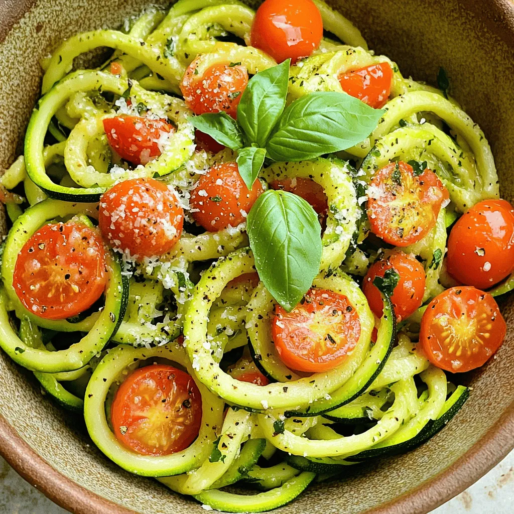 To make Healthy Tomato Zucchini Pasta, start with these key ingredients: - 2 medium zucchinis - 3 medium ripe tomatoes - 1 cup cherry tomatoes - 2 cloves garlic - 1 tablespoon extra virgin olive oil These ingredients bring fresh flavors and vibrant colors to your dish. Zucchini adds a nice crunch while tomatoes give a juicy sweetness. Next, add herbs and spices to elevate your pasta: - 1 teaspoon dried basil - 1 teaspoon dried oregano - Salt to taste - Black pepper to taste These seasonings give the dish a warm, aromatic touch. The basil and oregano are classic choices that enhance the taste of tomatoes. For extra flair, consider these optional ingredients: - Fresh basil for garnish - Grated Parmesan cheese Fresh basil brightens up the dish, while Parmesan adds richness. You can choose to skip these or include them based on your taste. For the full recipe, you can refer to the detailed steps provided. To make zucchini noodles, you can use two main tools. A spiralizer creates long, curly noodles. This tool is fun and easy to use. If you do not have one, a vegetable peeler works well too. Just slice the zucchini into long, thin strips. Both methods give you great results. After making the noodles, set them aside. This keeps them fresh for later. Start by sautéing garlic for the sauce. Heat olive oil in a large skillet over medium heat. Once the oil is warm, add the minced garlic. Sauté it for about one minute. You want it fragrant, not brown. Burnt garlic can ruin the dish. Next, add the diced and halved cherry tomatoes. Stir gently and let them cook for five to seven minutes. This helps the tomatoes soften and release juices. Stir occasionally to stop them from sticking to the pan. Now it's time to combine the zucchini noodles with the sauce. Carefully fold the prepared noodles into the tomato mixture. Cook for another two to three minutes. You want the noodles to be tender yet still have a nice crunch. This adds a great texture. After mixing, taste the sauce. Adjust the flavors with salt and pepper as needed. Serve your dish hot, and enjoy the fresh flavors! For the full recipe, you can refer to the earlier sections. To avoid mushy noodles, always cook zucchini noodles for a short time. Zucchini has a high water content. If you cook them too long, they get soggy. Aim for just 2-3 minutes in the skillet. This keeps them firm and crunchy. Try salting the noodles before cooking. Place them in a colander and sprinkle with salt. Let them sit for about 10 minutes. This helps draw out some moisture. Pat them dry with a towel before cooking. To make your dish pop, try adding spices like red pepper flakes or Italian seasoning. These can add a nice kick or extra flavor. You can also use fresh herbs like parsley or thyme. They bring bright, fresh tastes to your pasta. For garnishes, fresh basil leaves are a must. They add color and aroma. You can also sprinkle grated Parmesan cheese on top. This adds a rich flavor that pairs well with the fresh tomatoes. Tomatoes are packed with vitamins and antioxidants. They help keep your heart healthy. They are low in calories and provide fiber. Zucchini is also low in calories and high in water. It offers vitamins A and C, which are good for your skin and eyes. These ingredients work together to create a nutritious meal. Eating this dish helps you get your daily veggies. Plus, it's a great way to enjoy a light, fresh dinner. For more details, check the Full Recipe. {{image_4}} To make this dish vegan, simply skip the Parmesan cheese. You can replace it with a vegan cheese option or nutritional yeast for a cheesy taste. For gluten-free needs, confirm your pasta sauce has no gluten. The zucchini itself is naturally gluten-free, so you’re already on the right track! If you want low-carb alternatives, use more zucchini noodles. You can also mix in other low-carb veggies like spaghetti squash or cauliflower rice. This keeps the dish light and fresh, perfect for a healthy meal. Feel free to get creative with your veggies. You can add spinach, bell peppers, or even mushrooms. These add color and nutrition to your dish. For added protein, consider cooked chicken, shrimp, or chickpeas. They boost the meal’s satiety and flavor. You might also try adding nuts, like walnuts or pine nuts. They add a nice crunch and healthy fats, making the dish more filling. This pasta pairs well with a side salad. A simple green salad with olive oil and lemon makes a great match. You could also serve it alongside grilled vegetables for extra flavor. For meal prep, store the pasta and sauce separately. This keeps the zucchini noodles from becoming soggy. You can easily reheat the sauce and combine it with fresh noodles when you’re ready to eat. For the full recipe, check out the wholesome Tomato Zucchini Noodle Pasta 🥒. To keep your healthy tomato zucchini pasta fresh, store leftovers in a sealed container. Make sure to refrigerate them within two hours after cooking. This keeps bacteria at bay. The pasta will stay good for about three days. If you notice any moisture, you can place a paper towel in the container to absorb it. Always check for signs of spoilage before eating. You can freeze zucchini noodles, but do it safely. First, blanch them in boiling water for one minute. This helps retain their color and texture. After blanching, cool them in ice water for a few minutes. Drain and dry the noodles well. Place them in a freezer bag, removing as much air as you can. They can stay in the freezer for up to three months. It’s best to freeze without sauce to avoid mushiness. To reheat your healthy tomato zucchini pasta, use a skillet. Heat it over medium-low heat. Add a splash of water or olive oil to prevent sticking. Stir often until warmed through. This method keeps the noodles crisp. You can also use the microwave, but do it in short bursts to avoid overcooking. Remember, the goal is to keep that delightful texture intact. You can still make zucchini noodles without a spiralizer. Use a vegetable peeler to create long strips. Start by cutting the zucchini in half. Then, run the peeler down the length to make thin noodles. You can also use a box grater. Just grate the zucchini to get fine, noodle-like pieces. These methods give you a great texture for your pasta. Yes, you can swap in other veggies. Carrots, bell peppers, or even squash work well. For a twist, try using sweet potatoes. They add a nice color and taste. This recipe is flexible, so feel free to get creative. Just chop or slice your chosen veggies to match the zucchini's size. To keep zucchini noodles fresh, store them in an airtight container. Place a paper towel inside to absorb excess moisture. This helps prevent sogginess. Keep them in the fridge for up to two days. If you want to save them longer, freeze the noodles. Just blanch them in boiling water for a minute, then cool them down before freezing. You can create a delicious Tomato Zucchini Pasta with simple, fresh ingredients. We covered the essentials, like zucchinis, tomatoes, garlic, and seasonings. I shared easy steps for making zucchini noodles and cooking a tasty sauce. Remember to adjust flavors and avoid soggy noodles for the best dish. Don't hesitate to try variations or experiment with herbs. This meal is not only healthy but also easy to store and reheat. Enjoy this tasty dish that fits many diets and adds nutrition to your table!