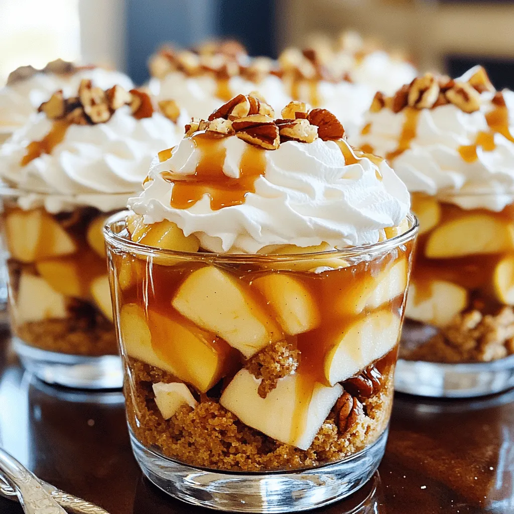 - 3 medium apples, peeled and diced - 1 cup packed brown sugar - 1/4 cup unsalted butter - 1 teaspoon ground cinnamon - 1 cup caramel sauce (store-bought or homemade) - 1 1/2 cups heavy whipping cream - 1/4 cup powdered sugar - 1 teaspoon vanilla extract - 1 box of vanilla sponge cake or ladyfinger cookies - Chopped pecans or walnuts for garnish Using the right measurements is key for this dessert. Make sure to use medium apples. This size gives a nice balance of flavor and texture. When measuring brown sugar, pack it tightly in the cup. It helps create a rich caramel flavor. For the butter, use unsalted to control the saltiness. Heavy whipping cream should be chilled for best results when whipping. If you want to change things up, consider these swaps: - For apples, use pears for a softer taste. - Maple syrup can replace brown sugar if you want a different sweetness. - Coconut oil can substitute for butter, giving a unique flavor. - If you need a dairy-free option, use coconut cream instead of heavy cream. - For a gluten-free treat, try gluten-free ladyfinger cookies or cake. Using these tips, you can make this fall dessert your own. Enjoy creating your own version of caramel apple trifles! First, take three medium apples. Peel and dice them into small cubes. In a medium saucepan, melt 1/4 cup of unsalted butter over medium heat. Once the butter melts, add the diced apples, 1 cup of packed brown sugar, and 1 teaspoon of ground cinnamon. Stir gently to coat the apples evenly. Cook this mixture for 5-7 minutes. Stir occasionally until the apples get soft and caramelized. Remove the pan from heat and mix in half of the caramel sauce. Let this apple mixture cool to room temperature. Next, grab a large mixing bowl. Add 1 1/2 cups of heavy whipping cream, 1/4 cup of powdered sugar, and 1 teaspoon of vanilla extract. Use a hand mixer or whisk to whip this mixture until soft peaks form. Be careful not to over-whip it. This whipped cream will make your dessert light and fluffy. Set this aside for later use. Now, take clear glasses or dessert cups. Start layering your ingredients. Begin with a layer of vanilla sponge cake or ladyfinger cookies. Break them up if they don’t fit. Next, add a layer of the cooled caramelized apple mixture. Spread it evenly. Then, top this layer with a generous amount of whipped cream. Continue layering until you fill the glasses to the top. Usually, two to three layers work best. But feel free to adjust this based on your cups. After layering, drizzle the remaining caramel sauce over the top of each trifle. Finish with a sprinkle of chopped pecans or walnuts. This adds a nice crunch and makes it look great. Cover the trifles with plastic wrap and chill them for at least 1 hour. This helps the flavors blend well. For the full recipe, make sure to check the details above. Enjoy your delicious creation! To make your caramel apple trifles look great, use clear glasses. This way, everyone can see the layers. Garnish each trifle with a thin slice of apple or a whole pecan on top. This adds a nice touch and makes it more fun to eat. Serve them chilled to keep the flavors fresh and enjoyable. Layering is key to a good trifle. Start with the sponge cake or ladyfingers at the bottom. Break them if needed to fit the cup. Next, add a layer of the caramelized apples. Make sure the apples are evenly spread. Finally, top with whipped cream. Repeat these layers until the cups are full. Two or three layers usually work best. Feel free to adjust the layers based on your taste. You can add more apples for extra flavor or more whipped cream for a creamy touch. If you want a lighter trifle, use less cake and more fruit. Each layer can be unique, so have fun with it. Remember, the goal is a balance of sweet, creamy, and crunchy in each bite. For the full recipe, check out the detailed instructions in the earlier section. {{image_4}} You can mix up the flavors in your caramel apple trifles. Try adding different fruits. Pears or berries can give a fun twist. You can also use flavored whipped cream. Consider adding a hint of maple or nutmeg. For a chocolatey touch, sprinkle cocoa powder between layers. You can even swap the caramel sauce for a chocolate sauce. Each variation brings a new taste that keeps it exciting. If you want to change the recipe for dietary needs, it’s easy. For a dairy-free option, use coconut cream instead of heavy cream. You can find dairy-free caramel sauces at stores. For a gluten-free twist, use gluten-free cookies or cake. These swaps keep the dessert tasty while fitting different diets. Fall gives us great ingredients to use. You can add pumpkin puree for a seasonal flavor. Chopped cranberries also add a nice tartness. In winter, consider using citrus zest for brightness. In spring, swap apples for fresh strawberries or rhubarb. Each season brings new ideas. Your trifles can change with the seasons, keeping them fresh and fun. To keep your caramel apple trifles fresh, store them in the fridge. Use an airtight container or cover them with plastic wrap. This helps keep moisture in and prevents them from drying out. If you layered them in individual cups, it’s best to cover each one. This way, they stay fresh and tasty. When stored correctly, your trifles will last for 3 to 4 days in the fridge. After that, the layers may start to blend. The apples could lose their crunch, and the whipped cream might become watery. It’s best to enjoy them within the first few days for the best flavor and texture. I do not recommend freezing caramel apple trifles. The whipped cream does not freeze well and can change texture. If you must freeze them, store the apple mixture and whipped cream separately. You can freeze the apple mixture for up to 3 months. Thaw it in the fridge before using it again. Prepare the whipped cream fresh when you assemble the trifles for the best results. Yes, you can make caramel apple trifles a day before. Assemble the trifles, cover them, and store them in the fridge. This allows the flavors to blend nicely. Just remember to add any toppings right before serving for the best crunch. If you need a lighter option, use half-and-half or coconut cream. Both will work well in the whipped cream. For a dairy-free version, coconut cream is a great choice. It adds a nice flavor that pairs well with caramel. Yes, you can use gluten-free cake mix or ladyfinger cookies. Many brands offer gluten-free options that taste great. Just check the labels to ensure they fit your needs. This way, everyone can enjoy a tasty dessert. Making homemade caramel sauce is simple! Here’s how: - Ingredients: - 1 cup granulated sugar - 6 tablespoons unsalted butter, cut into pieces - 1/2 cup heavy cream - Instructions: 1. In a saucepan, heat the sugar over medium heat. Stir until it melts and turns a golden brown. 2. Carefully add the butter and stir until melted. 3. Slowly pour in the cream while stirring. Be cautious; it will bubble. 4. Cook for another minute until smooth. Let it cool before using in your trifles. This sauce adds a rich flavor that elevates your dessert. You learned the key ingredients for making delicious caramel apple trifles. I shared step-by-step instructions, from preparing apples to making whipped cream. You have tips for great presentation and best layers. I covered flavor options and dietary swaps too. Lastly, you know how to store your trifles properly. Now, you can create your own tasty treats with confidence. Enjoy the making, sharing, and tasting!