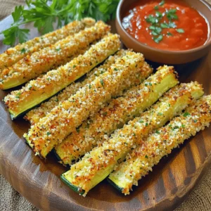 - 2 medium zucchinis, sliced into thin strips - 1 cup panko breadcrumbs - ½ cup finely grated Parmesan cheese - 1 teaspoon garlic powder - 1 teaspoon Italian seasoning - ½ teaspoon sea salt - ¼ teaspoon freshly ground black pepper - 2 large eggs, beaten until smooth - Cooking spray or olive oil for drizzling To make crispy baked zucchini, you need fresh ingredients. Start with medium zucchinis. Their size helps create the perfect texture. Slice them into thin strips to ensure even cooking. Panko breadcrumbs give zucchini a crunchy texture. They are light and flaky, unlike regular breadcrumbs. Mixing them with grated Parmesan cheese adds a cheesy flavor. Garlic powder and Italian seasoning boost the taste. Sea salt and black pepper enhance the overall flavor without overpowering the dish. Beaten eggs serve as a binder, helping the breadcrumbs stick to the zucchini strips. You can use cooking spray or drizzle olive oil before baking. This step is crucial. It adds to the crispiness and helps the zucchini turn golden brown. - Calories per serving: Approximately 150 calories - Macronutrient breakdown: 6g protein, 10g fat, 12g carbohydrates Each serving provides a healthy snack option. The zucchini offers vitamins and fiber, while the cheese adds protein and calcium. For more detailed cooking instructions, check the Full Recipe. First, preheat your oven to 425°F (220°C). This step is key for crispiness. Next, line a baking sheet with parchment paper. This helps the zucchini strips not stick. In a shallow bowl, mix the panko breadcrumbs, Parmesan cheese, garlic powder, Italian seasoning, sea salt, and black pepper. Stir them well to combine. This mixture adds great flavor and crunch to your zucchini. To coat your zucchini, start by beating the eggs in a separate bowl. You want them smooth and uniform. Take one zucchini strip at a time. Dip it into the eggs, letting any extra egg drip off. Then, place the strip into the breadcrumb mixture. Press it down gently to make sure it sticks on all sides. Now, arrange the coated zucchini strips on the baking sheet in a single layer. Be sure they don’t touch each other. This spacing helps them crisp evenly. Lightly spray the tops with cooking spray or drizzle a little olive oil. This extra touch gives them a crispy finish. Bake in the preheated oven for 20-25 minutes. Keep an eye on them! Flip the strips halfway through to ensure they brown evenly. After baking, let the zucchini cool slightly on the sheet. You can find the Full Recipe for more details. Enjoy your tasty, crispy snack! For crispy baked zucchini, layering and spacing matter. When you place the zucchini strips on the baking sheet, make sure they do not touch. This allows hot air to circulate and crisp them up. Aim for a single layer, not piled high. Use panko breadcrumbs for great crunch. They are lighter and airier than regular breadcrumbs. This helps your zucchini turn golden and crispy. A light spray of cooking spray or a drizzle of olive oil on top can also enhance crispiness. To make your dish pop, serve with dips and sauces. Marinara sauce is a classic choice. Ranch dressing or a garlic aioli also works well. You can even try a spicy sriracha mayo for an extra kick. When presenting your crispy baked zucchini, use a colorful platter. Garnish with fresh parsley or more grated Parmesan on top. This adds a nice touch and makes the dish visually appealing. One common mistake is overcrowding the baking sheet. If the zucchini strips are too close, they will steam instead of crisp. Always give them space. Another mistake is not preheating your oven. If your oven is not hot enough, the zucchini won’t roast well. Always preheat it to 425°F (220°C) before baking. This ensures that your zucchini comes out crispy and delicious. {{image_4}} You can make crispy baked zucchini even more exciting with a few simple changes. - Adding spices or herbs: Try adding smoked paprika or cayenne for a kick. Fresh herbs like basil or thyme can also add a fresh taste. Just mix them into the breadcrumb mix for more flavor. - Cheese alternatives for different tastes: Parmesan is great, but you can switch it up! Use cheddar for a sharp flavor or nutritional yeast for a vegan twist. Each cheese brings its own taste to the dish. Crispy baked zucchini is versatile and works well with many foods. - Combining with other vegetables: Mix zucchini with eggplant or bell peppers. Slice them thin and coat them the same way. This adds color and flavor to your plate. - Serving as a side dish or snack: Enjoy these crispy bites as a side with grilled chicken or fish. They also make a fun snack for movie night. Serve them with a tasty dip, like marinara or ranch, to enhance the experience. If you have dietary needs, you can still enjoy crispy baked zucchini. - Gluten-free alternatives for breadcrumbs: Use crushed cornflakes or gluten-free breadcrumbs. They will still give you that crunch you crave. - Vegan substitutions for eggs and cheese: Replace eggs with flaxseed meal or aquafaba for binding. Use vegan cheese or skip it altogether. The zucchini will still be delicious and crispy! For more details, check the Full Recipe. To store leftover zucchini strips, let them cool first. Place them in an airtight container. This keeps them fresh longer. You can also use a resealable plastic bag. Make sure to remove as much air as possible. Store the container in the fridge. Enjoy within three days for best taste. To freeze baked zucchini, first cool the strips completely. Then, spread them on a baking sheet in a single layer. Put them in the freezer for about an hour. This helps them freeze without sticking together. Once frozen, transfer the strips to a freezer-safe bag. Remove air and seal tightly. They can last for up to three months. When you’re ready to eat, thaw them in the fridge overnight. Reheat in the oven at 350°F (175°C) for about 10 minutes. This keeps them crispy. Crispy baked zucchini stays fresh in the fridge for about three days. In the freezer, they can last up to three months. Signs of spoilage include a slimy texture, off smell, or discoloration. If you notice any of these, it’s best to discard them. You can make crispy baked zucchini in the oven. Start by slicing zucchinis into thin strips. Coat them in beaten eggs, then cover with a mix of panko and seasonings. Place them on a baking sheet. Bake at 425°F for 20-25 minutes. This method gives you a crunchy snack without any frying. Yes, you can use regular breadcrumbs. However, panko gives a crispier texture. Regular breadcrumbs may result in a denser coating. If you want a lighter crunch, stick with panko. Crispy baked zucchini tastes great with various dips. Marinara sauce is a classic choice. You can also try ranch dressing or garlic aioli. Hummus works well too. Choose a dip that matches your taste! Yes, you can bake zucchini strips ahead of time. Let them cool, then store in the fridge. They taste best fresh, but you can prepare them early for a quick snack. To reheat, use an oven or air fryer for extra crispiness. Bake at 350°F for about 10 minutes. You can also use a microwave, but this may make them softer. Enjoy your crispy baked zucchini warm! For the full recipe, check out the earlier section. We covered how to make crispy baked zucchini with simple steps. You learned the ingredients needed and the technique for a perfect crunch. Remember to space the strips on the baking sheet and avoid overcrowding. You can also try different spices or cheese to mix up the flavors. Store any leftovers properly in the fridge or freeze for later. With these tips, you can enjoy a tasty, healthy snack anytime. Happy cooking and enjoy your crispy baked zucchini!