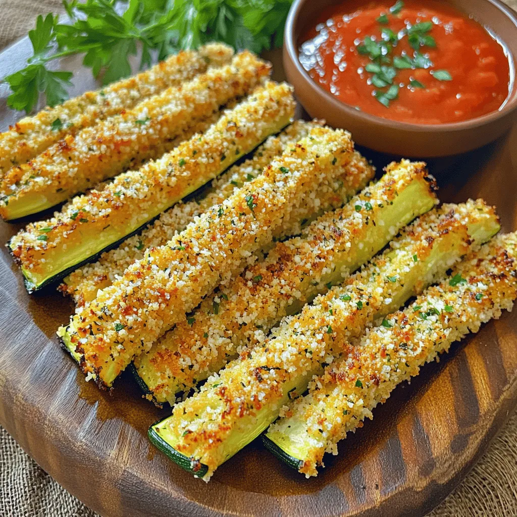 - 2 medium zucchinis, sliced into thin strips - 1 cup panko breadcrumbs - ½ cup finely grated Parmesan cheese - 1 teaspoon garlic powder - 1 teaspoon Italian seasoning - ½ teaspoon sea salt - ¼ teaspoon freshly ground black pepper - 2 large eggs, beaten until smooth - Cooking spray or olive oil for drizzling To make crispy baked zucchini, you need fresh ingredients. Start with medium zucchinis. Their size helps create the perfect texture. Slice them into thin strips to ensure even cooking. Panko breadcrumbs give zucchini a crunchy texture. They are light and flaky, unlike regular breadcrumbs. Mixing them with grated Parmesan cheese adds a cheesy flavor. Garlic powder and Italian seasoning boost the taste. Sea salt and black pepper enhance the overall flavor without overpowering the dish. Beaten eggs serve as a binder, helping the breadcrumbs stick to the zucchini strips. You can use cooking spray or drizzle olive oil before baking. This step is crucial. It adds to the crispiness and helps the zucchini turn golden brown. - Calories per serving: Approximately 150 calories - Macronutrient breakdown: 6g protein, 10g fat, 12g carbohydrates Each serving provides a healthy snack option. The zucchini offers vitamins and fiber, while the cheese adds protein and calcium. For more detailed cooking instructions, check the Full Recipe. First, preheat your oven to 425°F (220°C). This step is key for crispiness. Next, line a baking sheet with parchment paper. This helps the zucchini strips not stick. In a shallow bowl, mix the panko breadcrumbs, Parmesan cheese, garlic powder, Italian seasoning, sea salt, and black pepper. Stir them well to combine. This mixture adds great flavor and crunch to your zucchini. To coat your zucchini, start by beating the eggs in a separate bowl. You want them smooth and uniform. Take one zucchini strip at a time. Dip it into the eggs, letting any extra egg drip off. Then, place the strip into the breadcrumb mixture. Press it down gently to make sure it sticks on all sides. Now, arrange the coated zucchini strips on the baking sheet in a single layer. Be sure they don’t touch each other. This spacing helps them crisp evenly. Lightly spray the tops with cooking spray or drizzle a little olive oil. This extra touch gives them a crispy finish. Bake in the preheated oven for 20-25 minutes. Keep an eye on them! Flip the strips halfway through to ensure they brown evenly. After baking, let the zucchini cool slightly on the sheet. You can find the Full Recipe for more details. Enjoy your tasty, crispy snack! For crispy baked zucchini, layering and spacing matter. When you place the zucchini strips on the baking sheet, make sure they do not touch. This allows hot air to circulate and crisp them up. Aim for a single layer, not piled high. Use panko breadcrumbs for great crunch. They are lighter and airier than regular breadcrumbs. This helps your zucchini turn golden and crispy. A light spray of cooking spray or a drizzle of olive oil on top can also enhance crispiness. To make your dish pop, serve with dips and sauces. Marinara sauce is a classic choice. Ranch dressing or a garlic aioli also works well. You can even try a spicy sriracha mayo for an extra kick. When presenting your crispy baked zucchini, use a colorful platter. Garnish with fresh parsley or more grated Parmesan on top. This adds a nice touch and makes the dish visually appealing. One common mistake is overcrowding the baking sheet. If the zucchini strips are too close, they will steam instead of crisp. Always give them space. Another mistake is not preheating your oven. If your oven is not hot enough, the zucchini won’t roast well. Always preheat it to 425°F (220°C) before baking. This ensures that your zucchini comes out crispy and delicious. {{image_4}} You can make crispy baked zucchini even more exciting with a few simple changes. - Adding spices or herbs: Try adding smoked paprika or cayenne for a kick. Fresh herbs like basil or thyme can also add a fresh taste. Just mix them into the breadcrumb mix for more flavor. - Cheese alternatives for different tastes: Parmesan is great, but you can switch it up! Use cheddar for a sharp flavor or nutritional yeast for a vegan twist. Each cheese brings its own taste to the dish. Crispy baked zucchini is versatile and works well with many foods. - Combining with other vegetables: Mix zucchini with eggplant or bell peppers. Slice them thin and coat them the same way. This adds color and flavor to your plate. - Serving as a side dish or snack: Enjoy these crispy bites as a side with grilled chicken or fish. They also make a fun snack for movie night. Serve them with a tasty dip, like marinara or ranch, to enhance the experience. If you have dietary needs, you can still enjoy crispy baked zucchini. - Gluten-free alternatives for breadcrumbs: Use crushed cornflakes or gluten-free breadcrumbs. They will still give you that crunch you crave. - Vegan substitutions for eggs and cheese: Replace eggs with flaxseed meal or aquafaba for binding. Use vegan cheese or skip it altogether. The zucchini will still be delicious and crispy! For more details, check the Full Recipe. To store leftover zucchini strips, let them cool first. Place them in an airtight container. This keeps them fresh longer. You can also use a resealable plastic bag. Make sure to remove as much air as possible. Store the container in the fridge. Enjoy within three days for best taste. To freeze baked zucchini, first cool the strips completely. Then, spread them on a baking sheet in a single layer. Put them in the freezer for about an hour. This helps them freeze without sticking together. Once frozen, transfer the strips to a freezer-safe bag. Remove air and seal tightly. They can last for up to three months. When you’re ready to eat, thaw them in the fridge overnight. Reheat in the oven at 350°F (175°C) for about 10 minutes. This keeps them crispy. Crispy baked zucchini stays fresh in the fridge for about three days. In the freezer, they can last up to three months. Signs of spoilage include a slimy texture, off smell, or discoloration. If you notice any of these, it’s best to discard them. You can make crispy baked zucchini in the oven. Start by slicing zucchinis into thin strips. Coat them in beaten eggs, then cover with a mix of panko and seasonings. Place them on a baking sheet. Bake at 425°F for 20-25 minutes. This method gives you a crunchy snack without any frying. Yes, you can use regular breadcrumbs. However, panko gives a crispier texture. Regular breadcrumbs may result in a denser coating. If you want a lighter crunch, stick with panko. Crispy baked zucchini tastes great with various dips. Marinara sauce is a classic choice. You can also try ranch dressing or garlic aioli. Hummus works well too. Choose a dip that matches your taste! Yes, you can bake zucchini strips ahead of time. Let them cool, then store in the fridge. They taste best fresh, but you can prepare them early for a quick snack. To reheat, use an oven or air fryer for extra crispiness. Bake at 350°F for about 10 minutes. You can also use a microwave, but this may make them softer. Enjoy your crispy baked zucchini warm! For the full recipe, check out the earlier section. We covered how to make crispy baked zucchini with simple steps. You learned the ingredients needed and the technique for a perfect crunch. Remember to space the strips on the baking sheet and avoid overcrowding. You can also try different spices or cheese to mix up the flavors. Store any leftovers properly in the fridge or freeze for later. With these tips, you can enjoy a tasty, healthy snack anytime. Happy cooking and enjoy your crispy baked zucchini!