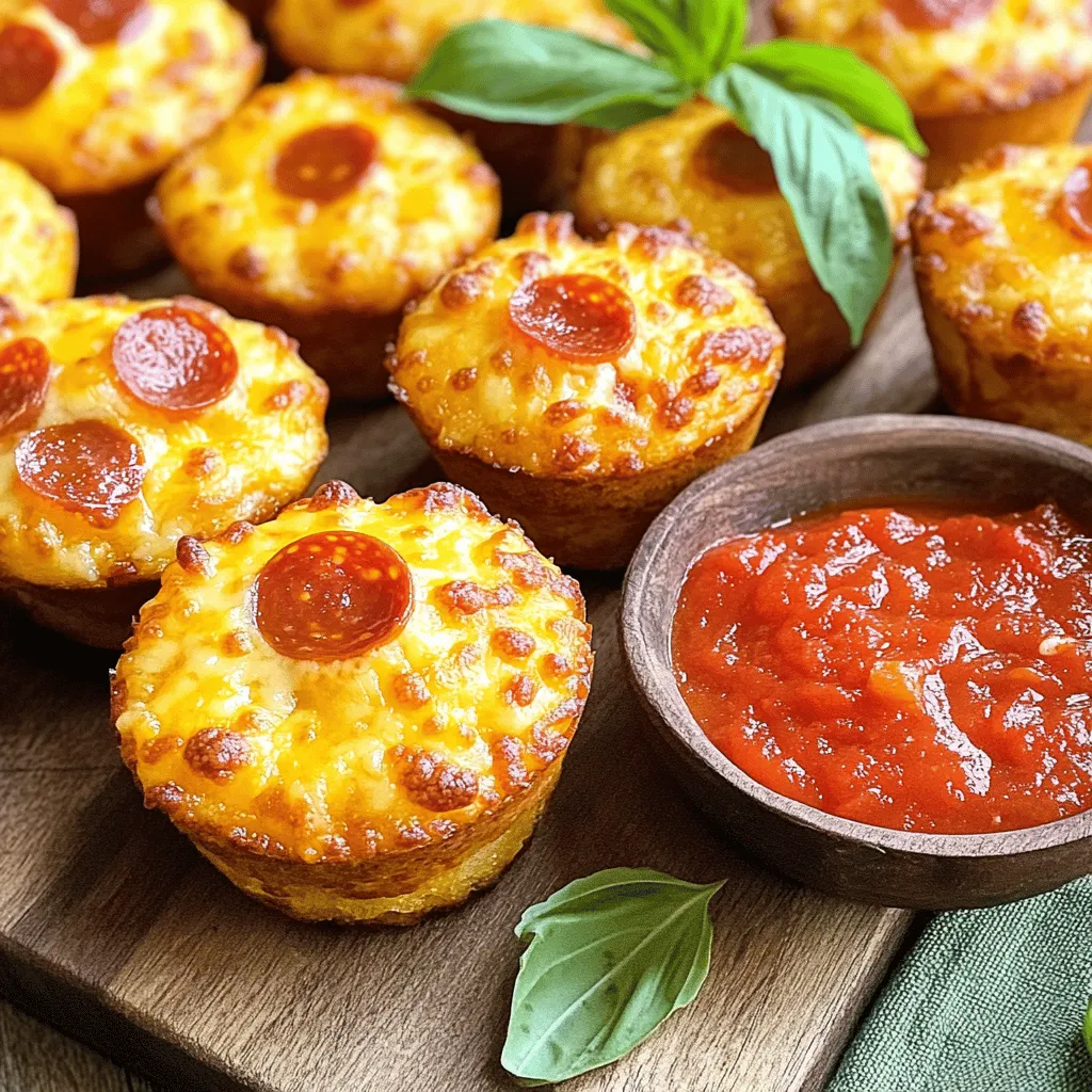 - 2 cups all-purpose flour - 1 tablespoon baking powder - 1/2 teaspoon salt - 1 teaspoon dried oregano - 1 teaspoon garlic powder - 1 cup milk - 1/2 cup olive oil - 1 large egg - 1 cup cheddar cheese, shredded - 1 cup mini pepperoni or diced bell peppers - 1/2 cup marinara sauce (for dipping) When I make Easy Pizza Muffins, I start with these basic ingredients. The all-purpose flour gives the muffins a nice structure. Baking powder makes them rise and stay fluffy. Salt adds flavor, while oregano and garlic powder bring a classic pizza taste. I mix in milk and olive oil to keep the muffins moist. The egg binds everything together, ensuring a perfect texture. Shredded cheddar cheese adds that gooey, melty goodness we all love. You can choose mini pepperoni for a classic flavor or diced bell peppers for a veggie twist. Don’t forget the marinara sauce! It’s perfect for dipping. - Different types of cheese (mozzarella, parmesan) - Vegetables (spinach, mushrooms) - Spices (red pepper flakes, basil) To make these muffins even more fun, try different ingredients. Mozzarella or parmesan can change the flavor. You can also add spinach or mushrooms for some healthy greens. Spice it up with red pepper flakes or fresh basil for a burst of flavor. The options are endless! If you want to see how to mix these ingredients, check the Full Recipe. - Preheat the oven to 375°F (190°C). - Prepare the muffin tin with liners or non-stick spray. - In a large bowl, combine 2 cups of all-purpose flour, 1 tablespoon of baking powder, and 1/2 teaspoon of salt. - Add 1 teaspoon of dried oregano and 1 teaspoon of garlic powder. Mix well. - In another bowl, whisk together 1 cup of milk, 1/2 cup of olive oil, and 1 large egg. - Gradually add the wet mix to the dry mix. Stir gently until combined. - Fold in 1 cup of shredded cheddar cheese and 1 cup of mini pepperoni or diced bell peppers. - Fill each muffin cup about two-thirds full with the batter. - Bake for 18 to 20 minutes. Check doneness with a toothpick. - If the toothpick comes out clean or with a few crumbs, they are done. For the full recipe, refer back to the earlier section. To make perfect pizza muffins, avoid overmixing the batter. Overmixing can make them tough. Mix just until the wet and dry ingredients blend. Also, use room temperature ingredients. This helps create a better rise and fluffiness. Serve your muffins warm with marinara sauce on the side. It adds a nice touch and enhances the flavor. For a beautiful look, garnish with fresh herbs like basil or parsley. This makes your dish pop and looks great on the table. If you want to make mini muffins, adjust the baking time. They will need less time to cook, around 10 to 12 minutes. Use a toothpick to test for doneness. Insert it into the center of a muffin; it should come out clean or with just a few moist crumbs. {{image_4}} You can easily change the toppings for a vegetarian twist. Instead of using mini pepperoni, try diced bell peppers. They add a sweet crunch. You can also mix in other veggies like mushrooms or zucchini. These options make your pizza muffins colorful and tasty. Want to spice things up? Add different spices for unique flavors. A pinch of red pepper flakes gives a nice heat. You can also try mixing in fresh herbs like basil or oregano. For cheese lovers, experiment with different cheese varieties. Mozzarella or parmesan can change the taste completely. If you need gluten-free pizza muffins, use almond flour instead of regular flour. This makes them safe for those with gluten issues. For a dairy-free option, swap out regular milk and cheese for non-dairy versions. This way, everyone can enjoy these muffins without worry. For the full recipe, check the earlier section. Once you bake your pizza muffins, let them cool for about five minutes in the tin. This helps them set and makes them easier to remove. After that, transfer the muffins to a wire rack. When they are cool, place them in an airtight container. This keeps them fresh and moist for later. To freeze your pizza muffins, first let them cool completely. Then, wrap each muffin in plastic wrap or place them in a freezer bag. Make sure to remove as much air as possible to prevent freezer burn. When you're ready to eat one, take it out and let it thaw in the fridge overnight. You can reheat it in the microwave for about 30 seconds or in the oven at 350°F (175°C) for about 10 minutes. These muffins taste best within three days. You can still enjoy them after that, but check for signs of spoilage. Look for mold or an off smell. If they show either, it’s best to toss them. Enjoy your cheesy pizza muffins while they're fresh for the best flavor! For the full recipe, check the earlier section. Easy Pizza Muffins last about 3 days at room temperature. Store them in an airtight container. If you keep them in the fridge, they can last up to a week. Just make sure to check for any signs of spoilage before enjoying. Yes, you can make these muffins ahead of time. Bake them and let them cool completely. Then, store them in an airtight container. Reheat the muffins in the oven or microwave when you’re ready to eat. This makes them a great snack for busy days. Absolutely! You can make Easy Pizza Muffins gluten-free. Use a gluten-free all-purpose flour mix instead of regular flour. Just ensure the baking powder you use is gluten-free too. The texture and taste will still be delicious! Serve your Easy Pizza Muffins with marinara sauce for dipping. You can also pair them with a fresh salad or some crunchy veggies. This adds a nice balance to your meal and keeps things fun. Yes, you can customize these muffins! Add different toppings like olives, mushrooms, or spinach. You can also switch up the cheese for mozzarella or pepper jack for extra flavor. Get creative and make them your own! In this post, we explored how to make delicious pizza muffins, highlighting key ingredients, simple steps, and handy tips. You learned how to mix the batter, bake, and store these treats for later. Remember, using fresh ingredients and avoiding overmixing are key to success. Feel free to get creative with toppings or spice variations. These muffins offer fun and flavor for any meal or snack. Enjoy your baking, and make these muffins your own!