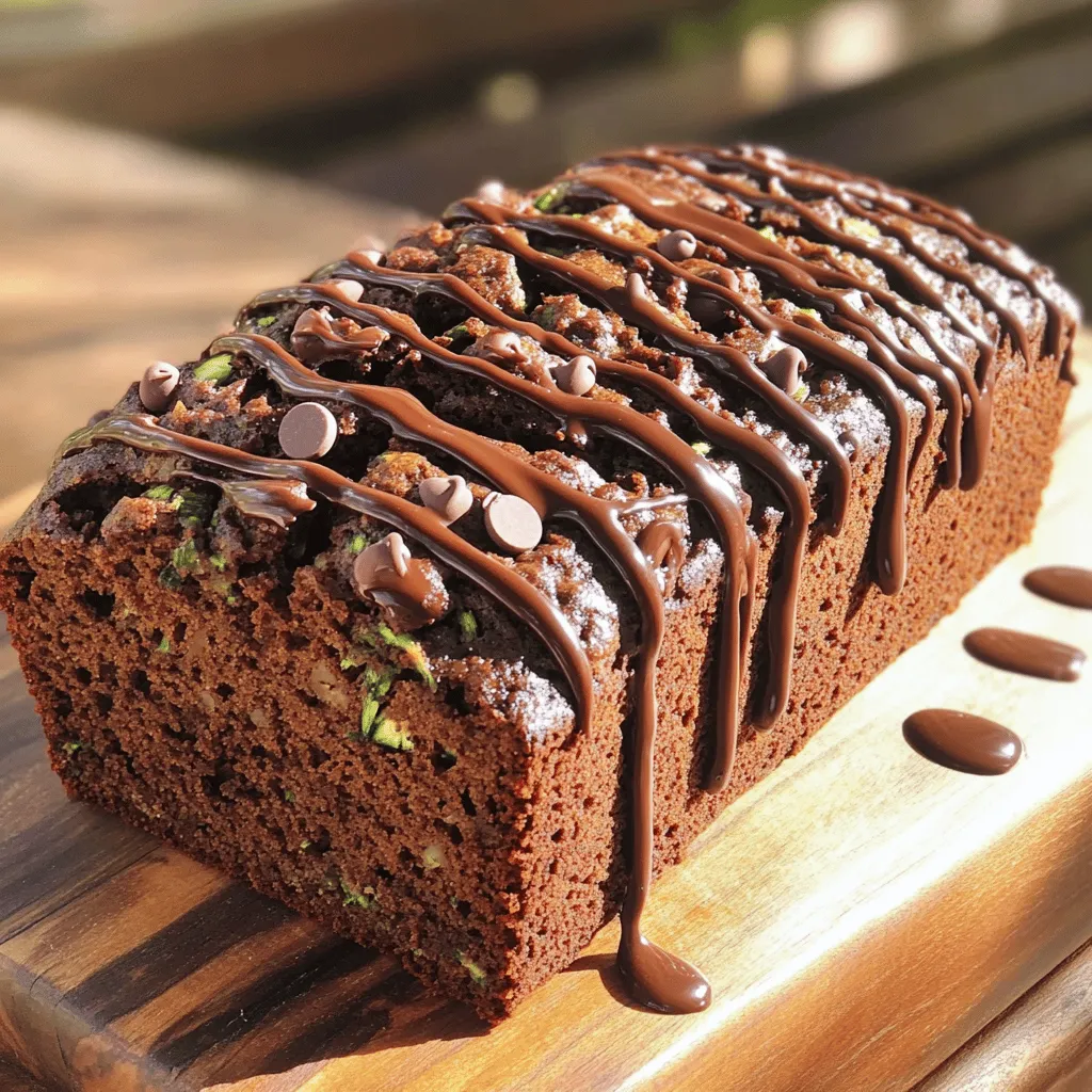 This rich chocolate chip zucchini bread is easy to make and packed with flavor. You will need simple ingredients that you might already have in your kitchen. The combination of zucchini and chocolate creates a moist, tender loaf. Here are the ingredients you will need for this delicious bread: - 1 medium zucchini, finely grated - 1 cup all-purpose flour - 1/2 cup unsweetened cocoa powder - 1/2 teaspoon baking soda - 1/2 teaspoon baking powder - 1/4 teaspoon sea salt - 1/2 cup granulated sugar - 1/2 cup packed brown sugar - 1/3 cup vegetable oil - 2 large eggs, at room temperature - 1 teaspoon pure vanilla extract - 1/2 cup semi-sweet or dark chocolate chips - 1/4 cup chopped walnuts (optional) These ingredients work together to give the bread a rich taste and a lovely texture. You can customize your zucchini bread in fun ways. Try adding: - 1/4 cup of shredded coconut for a tropical twist. - A teaspoon of cinnamon for warmth. - Dried fruits like raisins or cranberries for extra sweetness. - Swap vegetable oil with applesauce for a lighter option. Feel free to mix and match these ideas to make the recipe your own. Enjoy crafting your unique version! Begin by preheating your oven to 350°F (175°C). This step is key for even baking. Next, prepare your 9x5-inch loaf pan. You can grease it lightly with oil or line it with parchment paper. This makes removing the bread easier later on. Now, take your medium zucchini. Grate it finely and place it in a bowl. Sprinkle a pinch of salt over the zucchini and let it rest for about 10 minutes. This helps draw out extra moisture. After resting, use a clean kitchen towel to wrap the zucchini. Squeeze it to remove any excess liquid. This will keep your zucchini bread moist but not soggy. In a large mixing bowl, whisk together the dry ingredients. Combine 1 cup of all-purpose flour, 1/2 cup of unsweetened cocoa powder, 1/2 teaspoon of baking soda, 1/2 teaspoon of baking powder, and 1/4 teaspoon of sea salt. Make sure there are no lumps in this mixture. In another bowl, mix your wet ingredients. Combine 1/2 cup of granulated sugar, 1/2 cup of packed brown sugar, 1/3 cup of vegetable oil, 2 large eggs, and 1 teaspoon of pure vanilla extract. Whisk until smooth and creamy. Next, gently fold the grated zucchini into the wet mixture. This ensures that the flavor spreads evenly. Gradually add the dry ingredients into the wet mixture. Stir gently until just combined. Do not overmix, as this can make your bread dense. Now, fold in 1/2 cup of chocolate chips and 1/4 cup of chopped walnuts if you like. Make sure they are evenly scattered throughout the batter. Pour the batter into your prepared loaf pan. Smooth the top with a spatula for an even bake. Place it in the preheated oven. Bake for 50-60 minutes. To check if it’s done, insert a toothpick into the center. It should come out clean or with a few moist crumbs. When baked, remove the loaf from the oven. Let it cool in the pan for about 10 minutes. Then, transfer the bread to a wire rack to cool completely. This cooling step is important for slicing the bread neatly. Enjoy your rich chocolate chip zucchini bread! If you want more details, check the Full Recipe. To make your rich chocolate chip zucchini bread moist, start with fresh zucchini. Grate it finely to help it blend into the batter. After grating, sprinkle the zucchini with a bit of salt and let it sit for about 10 minutes. This draws out excess water. Once it rests, squeeze out as much liquid as you can with a clean kitchen towel. This step keeps the bread from getting soggy and ensures a nice texture. For the best melting chocolate, use semi-sweet or dark chocolate chips. They melt well and add depth to the flavor. If you want to melt chocolate, chop it into small pieces. Place it in a microwave-safe bowl. Heat it in short bursts of 15 seconds. Stir between each burst until the chocolate is smooth. This method prevents the chocolate from burning and gives a nice finish to your bread. One common mistake is overmixing the batter. When you add the dry ingredients, stir gently until they just combine. Overmixing can lead to a dense and heavy loaf. Another mistake is skipping the resting step for the zucchini. This step is key for achieving the right moisture level. Lastly, do not skip checking for doneness. Insert a toothpick into the center. It should come out clean or with only a few moist crumbs for a perfect bake. For the complete recipe, check the [Full Recipe]. {{image_4}} You can swap out some ingredients for a healthier version. Here are some options: - Whole Wheat Flour: Replace all-purpose flour with whole wheat flour for more fiber. - Applesauce: Use unsweetened applesauce instead of vegetable oil. It adds moisture and cuts fat. - Honey or Maple Syrup: Substitute granulated sugar with honey or maple syrup for a natural sweetener. - Greek Yogurt: Mix in plain Greek yogurt to boost protein and creaminess. These swaps maintain flavor while making the bread a bit healthier. You can add different spices or nuts to change the flavor. Here are some ideas: - Cinnamon: Add one teaspoon of cinnamon for warmth. - Nutmeg: A pinch of nutmeg can bring out the chocolate flavor. - Chopped Nuts: Walnuts or pecans add crunch and richness. Use about 1/4 cup. - Dried Fruit: Try adding dried cranberries or raisins for a sweet twist. These flavors can make each loaf unique and exciting. Different chocolate types can enhance your zucchini bread. Here are a few options: - Milk Chocolate: Use milk chocolate chips for a sweeter taste. - Dark Chocolate: Dark chocolate offers a richer flavor and pairs well with zucchini. - White Chocolate: If you love sweetness, swap in white chocolate chips for a different treat. - Cocoa Nibs: For a more intense chocolate flavor, use cocoa nibs instead of chips. These alternatives allow you to customize your bread to your liking. For the full recipe, check out the detailed instructions above. To keep your rich chocolate chip zucchini bread fresh, store it in an airtight container. This will help retain moisture and flavor. You can keep it at room temperature for up to three days. If you want to keep it longer, consider refrigerating it. Just remember to wrap it tightly in plastic wrap before placing it in the fridge. Freezing zucchini bread is simple and effective. First, let the bread cool completely. Then, wrap it tightly in plastic wrap and place it in a freezer bag. Label the bag with the date. Your zucchini bread can stay fresh in the freezer for about three months. When you're ready to enjoy it, just thaw it in the fridge overnight. To enjoy your zucchini bread warm, preheat your oven to 350°F (175°C). Unwrap the bread and place it on a baking sheet. Heat it for about 10-15 minutes. This will bring back the fresh-baked taste. If you prefer, you can also use a microwave. Heat slices for about 15-20 seconds until warm. For an extra treat, add a pat of butter on top! For the full recipe, check out [Full Recipe]. Yes, you can use frozen zucchini. Just remember to thaw it first. Drain excess water after thawing. This will help keep the bread from being too wet. To check if your zucchini bread is done, insert a toothpick into the center. If it comes out clean or with a few crumbs, it is ready. You can also gently press the top. It should spring back slightly when done. Zucchini bread can be a healthy choice. It contains zucchini, which is low in calories and high in vitamins. You can make it even healthier by using whole wheat flour or reducing sugar. Adding nuts can boost protein and healthy fats, too. This blog post covered the essential parts of making great zucchini bread. We explored the key ingredients, easy steps, and helpful tips. You learned about tasty variations and the best ways to store your bread. With these insights, you're set to bake zucchini bread that everyone will love. Use the tips to avoid common mistakes and add your own flavors. Enjoy your baking journey!