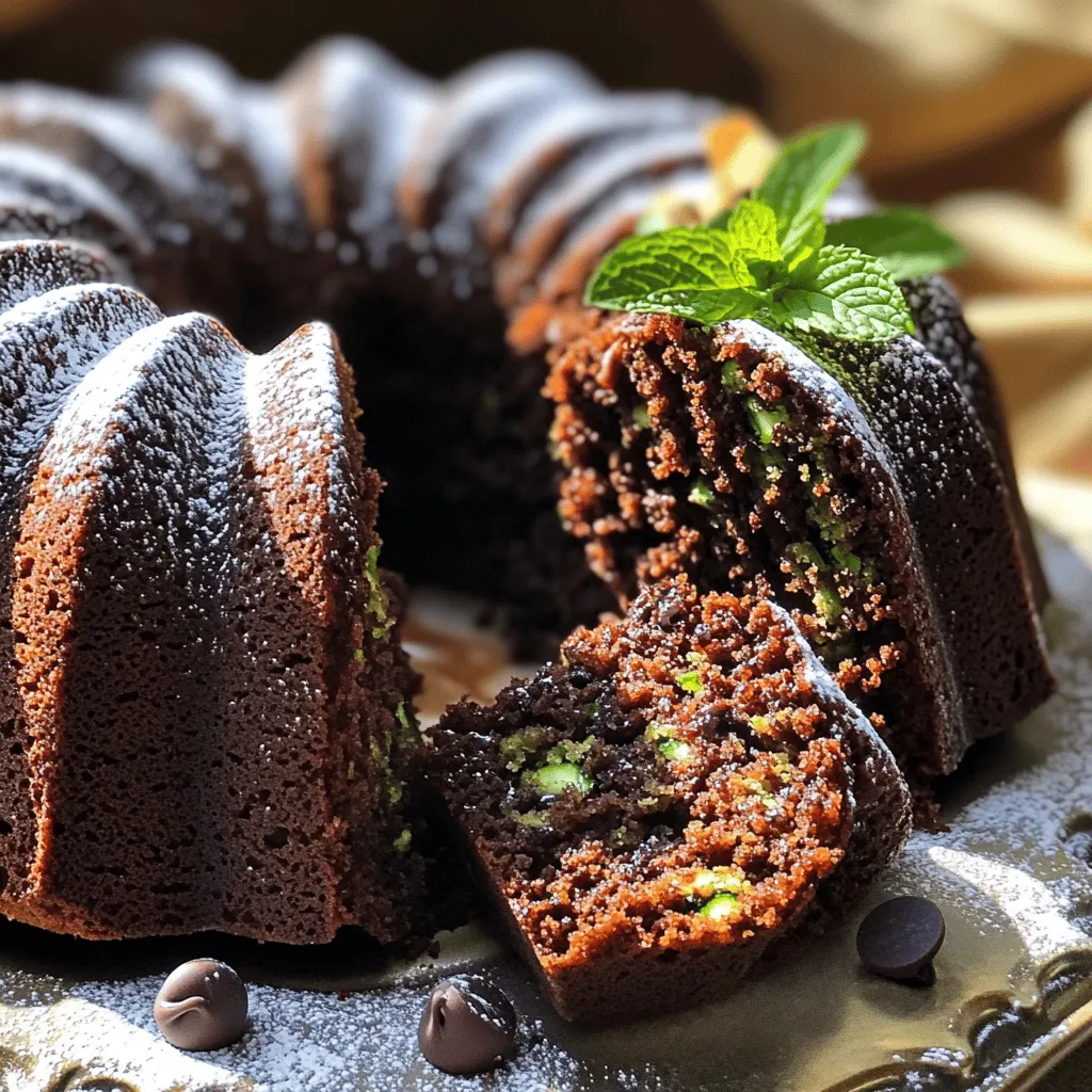 To make this rich and decadent treat, you need the following essential ingredients: - 2 cups freshly grated zucchini (about 2 medium zucchinis) - 1 ¾ cups all-purpose flour - ½ cup unsweetened cocoa powder - 1 teaspoon baking soda - ½ teaspoon baking powder - ½ teaspoon salt - 1 teaspoon ground cinnamon - 1 cup granulated sugar - ½ cup brown sugar, packed tightly - ½ cup vegetable oil - 2 large eggs - 1 teaspoon vanilla extract - ½ cup semi-sweet chocolate chips These ingredients create a cake that is moist, rich, and full of chocolatey goodness. The zucchini adds moisture and a subtle flavor, making it a secret star. You can enhance your cake with some optional garnishes and add-ins: - Powdered sugar for dusting - Chopped nuts like walnuts or pecans - Shredded coconut - Extra chocolate chips for a more chocolatey cake - A drizzle of chocolate or caramel sauce These additions can elevate your presentation and add extra layers of flavor. If you need to make substitutions, here are some options: - Use whole wheat flour instead of all-purpose flour for a healthier option. - Swap vegetable oil with melted coconut oil for a different taste. - Replace granulated sugar with coconut sugar for a lower-glycemic option. - Use flax eggs (1 tablespoon ground flaxseed mixed with 2.5 tablespoons water) instead of large eggs for a vegan version. These substitutes can adapt the recipe to fit your dietary needs while still keeping it delicious. For the full recipe, refer to the earlier section. Start by preheating your oven to 350°F (175°C). Grab your 10-cup bundt pan and grease it well with butter or non-stick spray. This step is key to ensuring your cake comes out easily. Next, dust the pan lightly with flour. This creates a non-stick surface and helps the cake release perfectly after baking. In a medium bowl, whisk the dry ingredients together. Combine 1 ¾ cups of all-purpose flour, ½ cup of cocoa powder, 1 teaspoon of baking soda, ½ teaspoon of baking powder, ½ teaspoon of salt, and 1 teaspoon of ground cinnamon. Mix them well and set this bowl aside. In a large bowl, blend 1 cup of granulated sugar, ½ cup of brown sugar, and ½ cup of vegetable oil. Use a whisk or mixer to ensure a smooth mix. Next, add 2 large eggs one at a time, mixing well after each addition. Stir in 1 teaspoon of vanilla extract for a rich flavor. Now, slowly add the dry mix to the wet mix. Stir gently with a spatula until just combined. Avoid over-mixing to keep the cake light and fluffy. Gently fold in 2 cups of freshly grated zucchini and ½ cup of semi-sweet chocolate chips. This adds moisture and chocolatey goodness. Pour the batter into your prepared bundt pan, smoothing the top with a spatula. Bake the cake in the preheated oven for 50 to 60 minutes. To check if it's done, insert a toothpick in the center. It should come out clean or with a few moist crumbs. Once baked, let the cake cool in the pan for about 15 minutes. Then, carefully invert it onto a wire rack to cool completely. When it's cool, you can dust the top with powdered sugar if you want a nice finish. Cut it into wedges and serve with pride! If you want the full recipe, check it out in the previous section. To keep your Chocolate Zucchini Bundt Cake moist, start with fresh zucchini. Grate it finely and pack it lightly. This method adds moisture without making the batter too wet. Always use oil in your recipe, as it helps maintain softness. Adding yogurt or applesauce can also boost moisture. Don't overbake! Check for doneness a few minutes early. The cake should spring back when lightly pressed. One common mistake is not measuring ingredients correctly. Always use the right tools, like dry measuring cups for flour. Sifting dry ingredients can help avoid lumps and ensure even mixing. Avoid mixing too much once you add the dry and wet ingredients. Over-mixing can lead to a tough cake. Lastly, remember to preheat your oven. A cold oven can affect baking times and texture. When mixing, combine the sugars and oil first. This creates a smooth base for your batter. Add eggs one at a time to ensure they blend well. When you combine wet and dry ingredients, fold gently. Use a spatula for this part. You want to keep air in the batter. Finally, fold in the zucchini and chocolate chips carefully. This keeps them evenly distributed without overworking the batter. For the full recipe, check out the Chocolate Zucchini Bundt Cake section above! {{image_4}} You can make this cake gluten-free with simple swaps. Just replace all-purpose flour with a gluten-free blend. Look for one that measures cup for cup like regular flour. This ensures the cake keeps its nice texture. Always check that your cocoa powder is gluten-free too, as some brands may contain traces of gluten. To make this cake dairy-free, swap regular milk or butter for plant-based options. Use almond milk or coconut milk in place of milk. For butter, coconut oil or vegan margarine works great. Ensure your chocolate chips are dairy-free as well. This way, everyone can enjoy a slice! Feel free to get creative with this cake. Add a dash of espresso powder for a rich flavor. You can also mix in nuts, like walnuts or pecans, for extra crunch. Want a fruity twist? Toss in some dried cherries or cranberries. Each option adds a unique taste and texture to the cake. For the full recipe, check the section above. To keep your Chocolate Zucchini Bundt Cake fresh, wrap it tightly in plastic wrap. This helps lock in moisture. You can also place it in an airtight container. Store it at room temperature for the best taste. If your kitchen is warm, keep it in the fridge to prevent spoilage. When stored properly, the cake lasts about 3 to 4 days at room temperature. If you keep it in the fridge, it can last up to a week. But trust me, it won't last that long! The rich chocolate flavor and moist texture make it hard to resist. You can freeze this cake if you want to save some for later. First, let it cool completely. Wrap it tightly in plastic wrap, then in aluminum foil. This prevents freezer burn. The cake can stay frozen for up to 3 months. When you're ready to enjoy it, just thaw it in the fridge overnight. For best results, warm it slightly before serving. Enjoy every bite! For the full recipe, check out the [Full Recipe] section. Yes, you can use frozen zucchini. Just make sure to thaw it first. After thawing, squeeze out the extra water. This helps keep your cake from becoming too wet. Frozen zucchini works well since it has the same taste and texture when baked. If you lack a Bundt pan, use a 9x5-inch loaf pan. This size fits the batter well and helps create a nice shape. You can also use two 8-inch round pans. Just keep an eye on the baking time, as it may change with different pans. To check for doneness, insert a toothpick into the center of the cake. If it comes out clean or with a few moist crumbs, your cake is ready. You can also gently press the top of the cake; it should spring back. This ensures a perfect bake every time. This chocolate zucchini bundt cake is simple and delicious. We explored key ingredients, from the basics to fun add-ins. You learned how to prep your pan, mix, and bake perfectly. I shared tips to keep your cake moist and avoid common errors. You can even try gluten-free or dairy-free options. Remember to store leftovers properly for the best taste. Now, it’s time to get baking! Your delicious cake awaits.