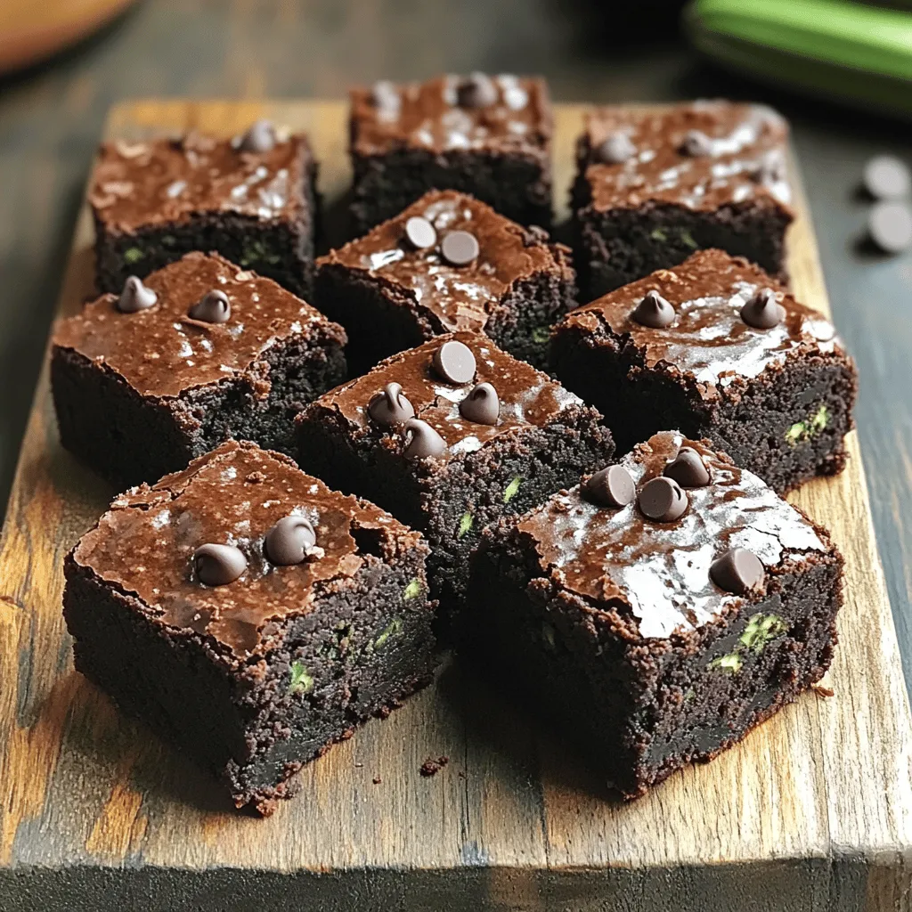- 1 cup finely grated zucchini - 1 cup all-purpose flour - 1/2 cup unsweetened cocoa powder - 1/2 cup coconut sugar - 1/2 teaspoon baking soda - 1/2 teaspoon baking powder - 1/4 teaspoon fine sea salt - 1/3 cup unsweetened applesauce - 1/3 cup pure maple syrup - 1/4 cup almond milk - 1 teaspoon pure vanilla extract - 1/2 cup dairy-free chocolate chips (optional) Health benefits of zucchini in brownies: Zucchini adds moisture and richness. It also packs vitamins A and C, which are great for your skin and eyes. Plus, it has fiber, which helps digestion. You won’t taste it, but you’ll get the health boost! Nutritional advantages of using coconut sugar: Coconut sugar has a lower glycemic index than white sugar. This means it affects your blood sugar less. It also contains some nutrients, like iron and zinc. It gives these brownies a lovely caramel flavor. Importance of using dairy-free alternatives: Using dairy-free options makes these brownies vegan. Almond milk is a great choice. It’s lower in calories and adds a nice nutty flavor. Plus, it’s perfect for those who are lactose intolerant. Choosing dairy-free chocolate chips keeps everything vegan and delicious. For the full recipe, check out the complete guide on making these Vegan Zucchini Brownies. 1. Preheat your oven to 350°F (175°C). This step warms the oven for even baking. 2. Prepare an 8x8 inch baking pan by greasing it lightly or lining it with parchment paper. This helps with easy removal. 3. In a large bowl, mix wet ingredients. Combine 1 cup finely grated zucchini, 1/3 cup unsweetened applesauce, 1/3 cup pure maple syrup, 1/4 cup almond milk, and 1 teaspoon pure vanilla extract. Stir until smooth. 4. In a separate bowl, combine dry ingredients. Whisk together 1 cup all-purpose flour, 1/2 cup unsweetened cocoa powder, 1/2 cup coconut sugar, 1/2 teaspoon baking soda, 1/2 teaspoon baking powder, and 1/4 teaspoon fine sea salt. Make sure there are no lumps. 1. Gradually mix dry into wet ingredients. Use a spatula or wooden spoon to fold gently. Don’t overmix; it’s okay if some lumps remain. 2. If you want extra sweetness, add chocolate chips. Gently fold in 1/2 cup dairy-free chocolate chips, making sure they are evenly distributed. 1. Pour the batter into the prepared baking pan. Use your spatula to spread it evenly. Smooth the top for a nice finish. 2. Bake for 25-30 minutes. Check for doneness by inserting a toothpick into the center. It should come out mostly clean with a few moist crumbs. 3. Let the brownies cool in the pan for 10 minutes. After that, transfer them to a wire rack for full cooling. 4. Once cooled, cut into 9 squares. Enjoy your rich and fudgy vegan brownies! For more details, check the Full Recipe. To get rich, fudgy brownies, moisture is key. The grated zucchini adds a lot of moisture. Make sure to squeeze out any excess water first. This helps keep the brownies from getting too wet. Preventing overmixing is crucial. When you mix the wet and dry ingredients, do it gently. Mix until just combined. A few lumps are totally fine. Overmixing makes brownies tough instead of soft. Letting the brownies cool is important. If you cut them too soon, they may fall apart. Cooling helps them set and makes cutting easier. After baking, wait at least 10 minutes before moving them to a wire rack. If you need a gluten-free option, use almond flour or a gluten-free blend. These options work well in this recipe. They keep the texture nice and fudgy. For sweeteners, coconut sugar is great but not the only choice. You can use brown sugar or even maple sugar. Each will give a slightly different flavor but will still taste amazing. Adding flavors can make your brownies unique. Try adding a teaspoon of cinnamon or a splash of almond extract. These little tweaks can really change the taste and make it your own. {{image_4}} You can easily change up the flavor of your vegan zucchini brownies. Here are some fun ideas: - Almond or peanut butter swirls: Add a few dollops of almond or peanut butter on top. Use a knife to swirl it into the batter before baking. This adds a nutty twist and richness. - Mint chocolate zucchini brownies: Mix in a few drops of peppermint extract. This gives a fresh taste that pairs well with chocolate. You can also add mint chocolate chips for extra flavor. - Nut and dried fruit additions: Toss in some chopped nuts or dried fruits like walnuts or cranberries. This adds texture and a burst of flavor to each bite. How you serve your brownies can make a big difference. Try these ideas for a treat that shines: - Pairing ideas with dairy-free ice cream: Serve warm brownies with a scoop of dairy-free vanilla ice cream. The cold creaminess contrasts nicely with the warm, fudgy brownie. - Drizzling with chocolate or caramel sauce: Melt some dairy-free chocolate or caramel sauce. Drizzle it over the brownies for a decadent touch that makes them look fancy. - Serving as a dessert or snack: These brownies are perfect for any time. Enjoy them as a sweet dessert after dinner or as a tasty snack during the day. They satisfy any chocolate craving! Feel free to explore these variations and serving suggestions while enjoying the Full Recipe for Vegan Zucchini Brownies. To keep your vegan zucchini brownies fresh, store them in an airtight container. This helps them stay moist and delicious. If you plan to eat them within a few days, keep them at room temperature. For longer storage, refrigerate them. You can also freeze the brownies. Just wrap them tightly in plastic wrap and then place them in a freezer bag. This way, they will stay fresh for about three months. Vegan zucchini brownies can stay fresh for up to five days when stored correctly. In the fridge, they last about one week. If you freeze them, they can remain good for three months. Always check for spoilage. Signs of spoilage include a dry texture, an off smell, or visible mold. If you see any of these, it’s best to discard the brownies. Enjoy the rich and fudgy delight of your vegan zucchini brownies while they are fresh! Can I use frozen zucchini for this recipe? Yes, you can use frozen zucchini. Just thaw it first and drain excess water. This helps keep the brownies moist without making them soggy. How do I make these brownies oil-free? To make oil-free brownies, use unsweetened applesauce instead of oil. It keeps the brownies soft and moist while adding natural sweetness. What is the best way to know when the brownies are done? Insert a toothpick into the center of the brownies. If it comes out with a few moist crumbs, they are done. Overbaking will make them dry. Are these brownies high in calories? These brownies are moderate in calories. They use healthy ingredients like zucchini and coconut sugar, which add nutrition without too many calories. Do these brownies contain gluten? The recipe uses all-purpose flour, which contains gluten. For a gluten-free option, use a gluten-free flour blend instead. Are the brownies suitable for a vegan diet? Yes, these brownies are vegan! They contain no animal products, making them great for anyone on a vegan diet. What is the Full Recipe for Vegan Zucchini Brownies? The Full Recipe includes ingredients like grated zucchini, cocoa powder, and applesauce. You mix wet and dry ingredients and bake them for a delicious treat. Can I add protein powder without changing the texture? Yes, you can add protein powder. Start with a small amount to avoid changing the texture. This can make the brownies more filling. How can I make these brownies less sweet? To reduce sweetness, cut back on coconut sugar or maple syrup. You can also try using a sugar substitute. This keeps the flavor balanced without being too sweet. These vegan zucchini brownies blend healthy ingredients and rich flavors. We explored how zucchini adds moisture, while coconut sugar offers a better sweetener choice. I shared step-by-step instructions to guide you through the process, along with tips for perfecting texture and flavor. Remember, you can customize these brownies with different flavors or storage methods. They are not only tasty but also good for you. Enjoy baking and tasting these delicious treats! You’ll be delighted with how easy they are to make.