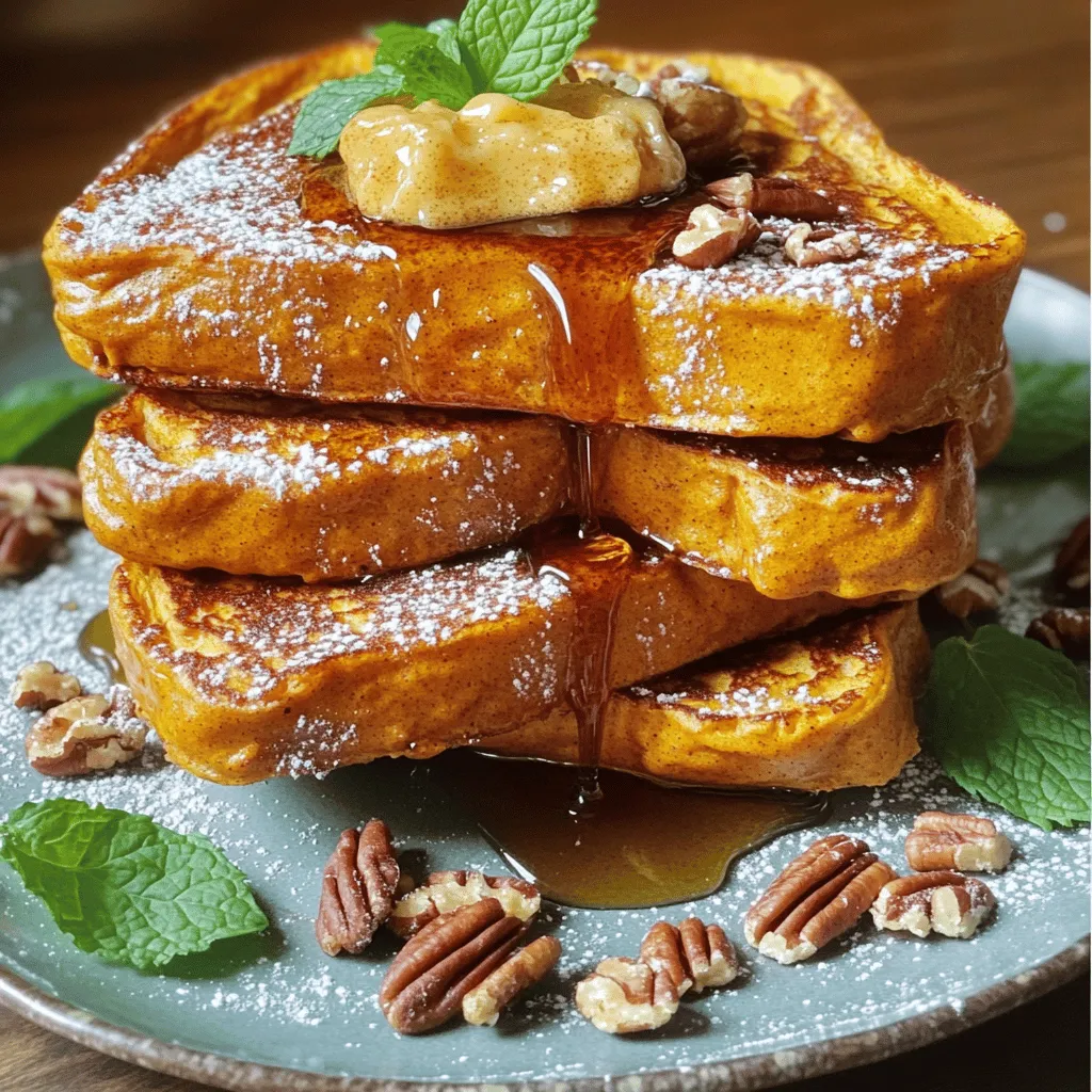 - 4 slices of thick bread (brioche or challah recommended for optimal flavor) - 1 cup pumpkin puree (can use canned or freshly made) - 2 large eggs - 1 cup milk (dairy or almond milk, based on preference) - 1 teaspoon pure vanilla extract - 1 teaspoon ground cinnamon - ½ teaspoon ground nutmeg - ¼ teaspoon ground ginger - 2 tablespoons packed brown sugar - Pinch of salt - Butter (for greasing and cooking) The main ingredients for pumpkin French toast create a warm and cozy dish. The pumpkin puree gives it a lovely fall flavor. Eggs and milk help the bread soak up the goodness. Spices like cinnamon and nutmeg add warmth and comfort. A hint of ginger brings a nice zing, while brown sugar rounds it all out with sweetness. - ½ cup unsalted butter, softened to room temperature - 2 tablespoons powdered sugar - 1 teaspoon ground cinnamon Cinnamon butter is the perfect topping for this dish. The soft butter makes it easy to spread. Mixing in powdered sugar adds a touch of sweetness. Ground cinnamon brings out the warm spices in the French toast. Together, they create a creamy, dreamy topping that melts into every bite. For the best pumpkin French toast, use thick bread. Brioche or challah works well. Both types have a rich flavor and soft texture. They soak up the batter nicely without falling apart. You can try other breads too, like sourdough or whole wheat. Just ensure they are thick enough to hold the batter. Using the right bread makes a big difference in taste and texture. For the complete recipe, check the [Full Recipe]. Start by mixing the cinnamon butter. In a medium bowl, add ½ cup of softened unsalted butter. Next, add 2 tablespoons of powdered sugar and 1 teaspoon of ground cinnamon. Use a fork or hand mixer to blend until smooth. This should take about 1-2 minutes. Once creamy, set the butter aside. It will add a sweet touch to the French toast. Now, let’s make the pumpkin batter. In a large bowl, add 1 cup of pumpkin puree, 2 large eggs, and 1 cup of milk. You can use dairy or almond milk, based on your taste. Then, stir in 1 teaspoon of pure vanilla extract, 1 teaspoon of ground cinnamon, ½ teaspoon of nutmeg, and ¼ teaspoon of ground ginger. Add 2 tablespoons of packed brown sugar and a pinch of salt. Whisk everything until it is well mixed. The batter should be thick but smooth. Preheat your skillet over medium heat. Add a small pat of butter to coat the surface. Take each slice of thick bread and dip it in the pumpkin batter. Make sure both sides are coated, but don’t soak them too much. Place the drenched bread on the hot skillet. Cook for about 3-4 minutes on each side. Look for a golden brown color and a slight crisp. Add more butter to the skillet as needed. Once cooked, serve warm with a dollop of cinnamon butter on top. For a sweet touch, sprinkle some powdered sugar before serving. You can find the full recipe to guide you through these steps easily. To get soft and fluffy French toast, use thick bread like brioche or challah. These types soak up the pumpkin batter well. When you dip the bread, make sure it is coated but not soggy. If the bread gets too wet, it will fall apart. Cook each slice until it is golden brown. This gives a nice crisp outside while keeping it soft inside. If you need a dairy-free option, use almond milk or oat milk instead of regular milk. For a vegan twist, replace eggs with a mashed banana or flaxseed meal mixed with water. You can also use gluten-free bread to make this dish suitable for those with gluten intolerance. These swaps will not compromise the taste. They still let the pumpkin flavor shine through. Cooking in batches helps you serve warm French toast to everyone at once. Start by preheating your skillet on medium heat. Add a pat of butter before each new batch. This prevents sticking and adds flavor. Keep the cooked slices warm in the oven at a low temperature while you finish the rest. This way, everyone can enjoy a hot meal together. For the full recipe, be sure to check the details above. {{image_4}} A great way to feed a crowd is by making a pumpkin French toast casserole. This dish allows you to prepare everything in advance. You start by layering slices of bread in a baking dish. Pour the pumpkin batter over the bread. Let it soak overnight in the fridge. The next day, bake it until it’s golden and fluffy. It’s a fun twist and perfect for brunch. If you love chocolate, try adding chocolate chips to the batter. Just fold in about a cup of semi-sweet chocolate chips into the pumpkin mixture before dipping the bread. The chocolate pairs nicely with the pumpkin and spice flavors. It brings a sweet richness that kids and adults will love. You can easily make this recipe gluten-free. Use gluten-free bread, like a thick slice of sourdough or a gluten-free brioche. Make sure your pumpkin puree and other ingredients are gluten-free too. This way, everyone can enjoy the deliciousness of pumpkin French toast without worry. I recommend placing leftover pumpkin French toast in an airtight container. This keeps it fresh. Make sure to cool the toast completely before storing. It will last in the fridge for up to three days. If you want to enjoy it later, I suggest freezing it. To reheat, you have a few options. The oven works best for keeping the toast crispy. Preheat your oven to 350°F (175°C). Place the slices on a baking sheet and warm them for about 10 minutes. You can also use a toaster or microwave. The toaster can give you a nice crunch. The microwave will warm it quickly but might make it soft. Freezing is a great way to save time. First, let the cooked French toast cool. Then, place slices in a single layer on a baking sheet. Freeze them for about an hour until firm. After that, transfer them to a freezer-safe bag. They will keep well for up to three months. When you want to eat them, simply follow the reheating tips above. Enjoy the taste of pumpkin French toast anytime! Yes, you can use fresh pumpkin. Start by roasting a pumpkin. Cut it in half and remove the seeds. Bake it at 350°F for about an hour. Once soft, scoop out the flesh and mash it. Use this fresh puree in your recipe. It adds a bright flavor and nice texture. To reduce sweetness, cut back on brown sugar. You can also skip the powdered sugar on top. Use unsweetened almond milk instead of sweetened milk. You may want to use less cinnamon in the butter. This way, you still enjoy the taste without too much sweetness. Great toppings include: - Maple syrup for a classic touch - Fresh berries for a burst of flavor - Chopped nuts for crunch - Whipped cream for a rich finish - Yogurt for creaminess and tang Experiment with different combinations to find your favorite! You learned how to make Pumpkin French Toast, enhancing it with cinnamon butter. The right bread makes a big difference in texture. Cooking in batches gives you a chance to share. Try variations like casserole or add chocolate chips for fun. Storing leftovers helps you enjoy it later. Remember, fresh pumpkin is a great swap, too! Embrace these easy steps and tips to make your mornings special. Are you ready to enjoy this tasty dish?