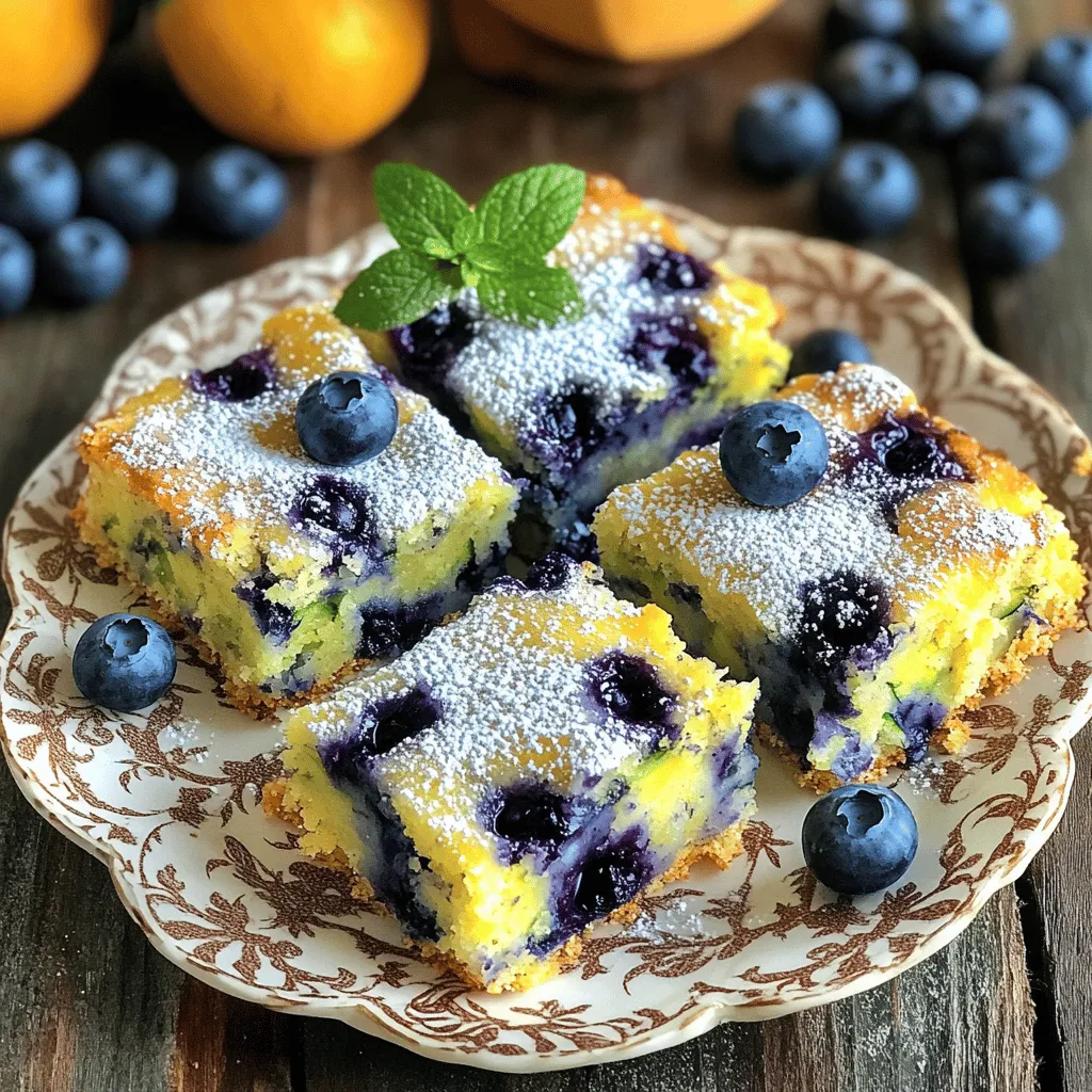 To make delicious blueberry zucchini squares, you need a few simple ingredients. Here’s what you will use: - 1 medium zucchini, finely grated - 1 cup fresh blueberries (alternatively, use frozen blueberries that have been thawed) - 1/2 cup granulated sugar - 1/4 cup packed brown sugar - 2 large eggs - 1/3 cup vegetable oil - 1 teaspoon pure vanilla extract - 1½ cups all-purpose flour - 1 teaspoon baking powder - 1/2 teaspoon baking soda - 1/2 teaspoon sea salt - 1 teaspoon ground cinnamon - 1/4 teaspoon ground nutmeg - 1/2 cup chopped walnuts or pecans (optional) These ingredients create a rich and moist square. The zucchini adds a nice texture, while the blueberries bring sweetness. The blend of spices gives it a warm flavor. Feel free to add nuts for a crunchy twist. For the full recipe, check out the details above. Start by preheating your oven to 350°F (175°C). This step is key for even baking. Next, grab a 9-inch square baking dish. Grease and flour it, or line it with parchment paper. This will help the squares come out easily. In a large bowl, combine the finely grated zucchini, granulated sugar, brown sugar, eggs, vegetable oil, and pure vanilla extract. Mix these ingredients with a whisk or spatula. You want them well blended for the best flavor. In another bowl, whisk together the all-purpose flour, baking powder, baking soda, sea salt, ground cinnamon, and ground nutmeg. This step ensures all the dry ingredients mix evenly. It helps your squares rise and taste great. Now, gently add the dry mixture to the wet zucchini mixture. Stir carefully until just combined. Do not overmix, as this can make the squares dense. You want a light and fluffy texture. Next, fold in the fresh blueberries. If you want some crunch, add chopped walnuts or pecans. Make sure they are evenly spread throughout the batter. This adds flavor and texture to every bite. Pour the batter into the prepared dish. Use a spatula to spread it into an even layer. Bake for 30-35 minutes. The squares are done when golden brown and a toothpick comes out clean. After baking, let them cool for about 10 minutes in the pan. Then transfer them to a wire rack to cool completely. This prevents sogginess. Once cool, cut them into equal pieces and serve! For the full recipe, check out the complete details. To grate zucchini well, start with a clean, firm zucchini. Use a box grater or a food processor. Grate it using the large holes for best results. After grating, place the zucchini in a clean kitchen towel. Squeeze gently to remove excess moisture. This step prevents your squares from being too wet. Mixing your batter too much leads to dense squares. When you combine wet and dry ingredients, stir gently. Stop mixing as soon as you see no dry flour. A few lumps are okay! This keeps the squares light and fluffy, letting the blueberries shine. To check if your squares are done baking, use a toothpick. Insert it into the center of the squares. If it comes out clean or with a few moist crumbs, they are ready. The top should be golden brown and slightly springy to the touch. If it sinks, give it a few more minutes. Presentation adds charm to your dish. After cooling, cut the squares into even pieces. Dust them with powdered sugar for a sweet touch. Add fresh blueberries on top and a sprig of mint for color. This not only looks great but enhances the flavor as well. For more details, check the Full Recipe. {{image_4}} You can make blueberry zucchini squares gluten-free. Use almond flour or a gluten-free baking blend instead of all-purpose flour. This swap keeps the texture light and moist. Always check labels to avoid hidden gluten in processed ingredients. To make these squares vegan, replace eggs with flax eggs. Mix one tablespoon of ground flaxseed with three tablespoons of water. Let it sit for a few minutes until it thickens. Use a plant-based oil like coconut oil instead of vegetable oil. This ensures everyone can enjoy a tasty treat. Adding spices or extras can take your squares to the next level. Try adding lemon zest for a fresh kick. You can also mix in a teaspoon of ginger for warmth. For a nutty crunch, add chopped walnuts or pecans. Each addition brings unique flavors to your baking. For the full recipe, you can refer to the Blueberry Zucchini Squares section. To keep your blueberry zucchini squares fresh, store them in an airtight container. Place parchment paper between layers to avoid sticking. These squares stay best at room temperature for up to three days. If you want them to last longer, refrigerate them. They can stay fresh for up to a week in the fridge. Make sure the container is sealed tight to prevent moisture. You can freeze blueberry zucchini squares for later use. Cut them into individual portions first. Wrap each square in plastic wrap. Then, place them in a freezer-safe bag or container. They can last up to three months in the freezer. When you are ready to eat, just thaw them in the fridge overnight. Reheat the squares in the microwave. Heat them for about 15-20 seconds. Check them to avoid overheating. You can also reheat them in the oven. Preheat the oven to 350°F (175°C). Place the squares on a baking sheet and heat for 10 minutes. This gives them a nice, warm texture. Enjoy your delicious blueberry zucchini squares fresh! For the full recipe, check out the details above. Yes, you can use frozen blueberries in this recipe. Just thaw them before adding to the batter. This helps keep the batter from turning too blue. Frozen blueberries may also be a great option when fresh ones are not in season. They work well in the squares. You will know the squares are done when they are golden brown. Insert a toothpick in the center; if it comes out clean, they are ready. This usually takes about 30 to 35 minutes in the oven. Keep an eye on them towards the end to avoid burning. Yes, you can use other veggies like carrots or squash. Grate them finely to keep the texture light. Each vegetable will add its unique flavor and moisture, giving a twist to the recipe. Experiment and find your favorite! I love serving these squares warm. Dust them with powdered sugar for a nice touch. You can also add fresh blueberries and mint on the side. This adds color and a burst of flavor. They are great for breakfast, snacks, or dessert. Absolutely! You can reduce the sugar if you prefer less sweetness. Try using less granulated sugar or brown sugar. Alternatively, add a bit of honey or maple syrup for a natural sweetness. Adjust it to fit your taste, and enjoy! For the full recipe, check out the details above. This blog post covered key ingredients and simple steps for making Blueberry Zucchini Squares. I shared tips for grating zucchini and avoiding overmixing. You also learned about variations and storage methods. These squares are tasty and easy to make. Whether you prefer gluten-free or vegan options, you can enjoy them your way. I hope you feel inspired to bake and share this delightful treat!