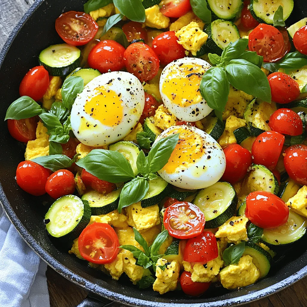 To start, gather fresh ingredients that make this dish healthy and tasty. Here’s what you need: - 2 medium zucchinis, diced into bite-sized pieces - 1 vibrant red bell pepper, chopped - 1 small onion, finely chopped - 2 cloves of garlic, minced - 4 large eggs - 1 cup cherry tomatoes, halved - 2 tablespoons extra virgin olive oil - Fresh basil leaves, torn, for garnish Using fresh vegetables ensures the best taste and texture in your skillet. Zucchini adds a lovely lightness. Bell peppers give a sweet crunch. Cherry tomatoes burst with flavor, making each bite exciting. The right spices can elevate your dish. For this breakfast skillet, I use: - 1 teaspoon dried oregano - 1 teaspoon smoked paprika - Salt and freshly ground black pepper to taste Dried oregano adds a hint of earthiness. Smoked paprika gives a subtle depth and warmth. Don't forget to season well with salt and pepper. This step is key to making your dish pop! Want to mix things up? Here are some optional add-ins to consider: - Crumbled feta or goat cheese for creaminess - Sliced mushrooms for an umami kick - Spinach or kale for extra greens - Chopped fresh herbs like parsley or cilantro These add-ins can make your skillet unique. Feel free to experiment! Each choice enhances the dish and brings more flavor to your table. For the full recipe, check out the instructions above. Start by gathering all your ingredients. You will need: - 2 medium zucchinis, diced into bite-sized pieces - 1 vibrant red bell pepper, chopped - 1 small onion, finely chopped - 2 cloves of garlic, minced - 4 large eggs - 1 cup cherry tomatoes, halved - 1 teaspoon dried oregano - 1 teaspoon smoked paprika - Salt and freshly ground black pepper to taste - 2 tablespoons extra virgin olive oil - Fresh basil leaves, torn, for garnish Now, heat your non-stick skillet over medium heat. Once the olive oil is shimmering, you’re ready to start. Add the chopped onion to the skillet. Sauté for about three minutes. You want the onion to become soft and clear. Then, stir in the minced garlic. Cook for another minute. Make sure the garlic smells nice but doesn’t burn. Next, toss in the diced zucchinis and the chopped red bell pepper. Cook these for five to seven minutes. Stir gently until they soften and their colors brighten. Now, add the halved cherry tomatoes, dried oregano, and smoked paprika. Season with salt and black pepper. Stir everything well. Let it cook for another three to four minutes. This lets the flavors mix nicely. Now it's time for the best part—adding the eggs! Use a spoon to make four small wells in the vegetable mix. Carefully crack an egg into each well. Make sure you don’t break the yolks. Cover the skillet with a lid. Cook for about five minutes. This lets the eggs cook to your liking. If you like runny yolks, check them sooner. For firmer yolks, leave them a bit longer. Once done, take the skillet off the heat. Sprinkle torn fresh basil leaves on top for a burst of flavor. Enjoy this wholesome meal! For more details, check the Full Recipe. When picking zucchini, look for firm, shiny ones. They should feel heavy for their size. Avoid any with soft spots or blemishes. Small to medium zucchinis have the best flavor. They are tender and easy to cook. Always check for a vibrant green skin. This shows they are fresh and tasty. Cooking eggs just right can really make your dish shine. For soft, runny yolks, cover the skillet and cook for about 5 minutes. If you want firmer yolks, let them cook a bit longer. Keep an eye on them, so they don’t overcook. You can also try cracking the eggs into a bowl first. This helps you control the yolk better. How you present your dish can make it even more special. For a casual look, serve directly from the skillet. This invites everyone to dig in. For a fancier style, plate the eggs and veggies separately. It looks neat and tidy. You can also drizzle some balsamic glaze on top. This adds a nice touch and enhances the flavor. Don't forget to sprinkle fresh basil for color! Check out the Full Recipe for more tips on making this dish delightful. {{image_4}} If you want to make your Zucchini Breakfast Skillet meat-free, there are many tasty options. You can add more vegetables like spinach, mushrooms, or kale. These greens add nutrients and flavor. Just sauté them with the other veggies. You can also replace eggs with tofu or chickpeas for protein. This keeps your meal filling and healthy. For meat lovers, adding sausage or bacon gives your dish a hearty twist. Use turkey sausage for a leaner choice, or go for pork sausage for richer taste. Cook the meat first in the skillet. Remove it and set it aside. Then, use the same pan to sauté your veggies. This way, the flavors blend well together. Add the cooked sausage or bacon back in just before serving for a delicious finish. This Zucchini Breakfast Skillet is naturally gluten-free and can be dairy-free too. Use olive oil instead of butter for cooking. If you want cheese for creaminess, try dairy-free cheese made from nuts or soy. This keeps your meal tasty while meeting dietary needs. Always check labels to ensure the products are gluten and dairy-free. For the full recipe, check the section above. To store your Zucchini Breakfast Skillet, let it cool first. Place the skillet mix in an airtight container. It will stay fresh for about three days in the fridge. This way, you can enjoy it again without losing flavor. When you're ready to eat again, reheat the skillet on medium heat. Add a splash of olive oil to keep it moist. Stir gently until it warms up. You can also use the microwave. Heat in short bursts of 30 seconds. Stir in between to ensure even heating. Freezing is a great option if you want to save time later. Let the skillet cool completely. Then, put portions in freezer-safe bags. Remove as much air as possible before sealing. This keeps the flavors locked in. You can freeze it for up to three months. When you're ready, thaw in the fridge overnight and reheat as before. For the best taste, I recommend eating it fresh. For the full recipe, check back to ensure every step is perfect. Yes, you can. I recommend cooking all the veggies first. Then, store them in a sealed container. When you're ready to eat, reheat the veggies in a skillet. Crack the eggs and cook them fresh. This keeps the eggs nice and fluffy. If you want to skip eggs, use tofu. Crumble firm tofu and add it to the skillet. You can also use chickpea flour mixed with water for a vegan option. This gives you protein without using eggs. To add spice, toss in red pepper flakes or diced jalapeños. You can also use a spicy seasoning blend. Stir them in with the veggies. Adjust the amount to fit your taste. Enjoy the kick! You’ve learned how to make a tasty zucchini breakfast skillet. Fresh ingredients, key spices, and optional add-ins can boost flavor. Cooking steps guide you to perfect veggies and eggs. I shared tips to select the best zucchini and cook eggs just how you like. You also explored fun variations and got useful storage info. Now, you can enjoy this dish anytime, and even spice it up! Happy cooking!