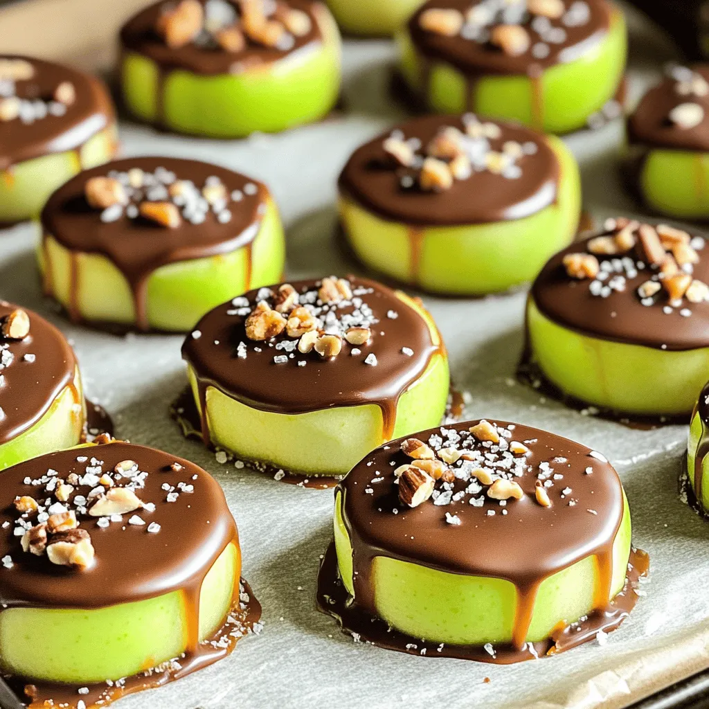 To make these tasty treats, you need a few key items: - 2 large apples (recommended: Granny Smith or Honeycrisp for tartness) - 1 cup caramel candies (or use homemade caramel sauce for a gourmet touch) - 1 tablespoon heavy cream (to ensure smooth melting of caramel) - 1 cup dark chocolate chips (or substitute with milk chocolate if preferred) - 1 teaspoon coconut oil (to achieve a silky texture in the chocolate) - Sea salt (for a savory finish on top) For the best flavor, I suggest using tart apples. Granny Smith apples work great. They add a nice crunch and balance the sweetness of the caramel and chocolate. Honeycrisp apples are also a fantastic choice. They are sweet and juicy, making each bite a delight. You can take your chocolate covered caramel apple slices to the next level with some fun toppings. Here are a few ideas: - Crushed nuts (like pecans or almonds) for crunch - Mini chocolate chips for extra sweetness - Sprinkles for a festive touch - A drizzle of white chocolate for a pretty finish Feel free to mix and match these toppings to make your slices unique! For the full recipe, check out the details above. Start by washing your apples well. Use cool water to remove any wax. Dry each apple completely with a clean towel. Next, slice the apples into ½-inch thick rounds. Make sure to remove the core from each slice. This step helps keep your apple slices crisp and easy to eat. Now, grab a microwave-safe bowl. Add the caramel candies and heavy cream. Heat this mix in the microwave. Do it in 30-second bursts, stirring after each time. Be patient; it may take a couple of rounds to melt smoothly. Once it's all melted, it should look rich and glossy. Take each apple slice and dip it into the warm caramel. Make sure the slice gets a nice, even coating. Use a fork or a toothpick for easier handling. Let any extra caramel drip off before placing the slice on a parchment-lined baking sheet. Once all slices are coated, chill them in the fridge for 15-20 minutes. This helps the caramel set. After that, melt your chocolate as described in the Full Recipe. Finally, dip each caramel-coated slice into the chocolate. Sprinkle some sea salt or toppings if you like. Return them to the fridge again, letting the chocolate harden. Enjoy your sweet, crunchy treats! To get the best caramel, use high-quality caramel candies. Melt them slowly with heavy cream. Microwaving in 30-second bursts works well. Stir often to avoid lumps. The goal is a smooth, thick caramel. If it’s too thick, add a bit more cream. This makes it easier to coat your apple slices. For a nice chocolate layer, use dark chocolate chips. Mixing in coconut oil helps the chocolate flow better. Melt the chocolate in short intervals, stirring after each. This keeps it from burning. A smooth, glossy finish makes your apple slices look great and taste even better. Cooling times are key to great texture. After caramel coating, chill the slices for 15-20 minutes. This helps the caramel harden. Once you dip in chocolate, chill again for another 10-15 minutes. This step ensures the chocolate sets well, giving you that perfect bite. For the best results, resist the urge to rush this process. {{image_4}} You can choose from different types of chocolate. Dark chocolate gives a rich flavor and pairs well with apples. Milk chocolate is sweeter and creamy, perfect for kids. White chocolate adds a touch of sweetness and a nice contrast. Each chocolate brings its own charm. Try mixing chocolates for a fun look and taste. You can boost the flavor of your chocolate-covered caramel apple slices. Adding a pinch of cinnamon or nutmeg can warm up the taste. A few drops of vanilla extract adds depth and sweetness. For a twist, try adding a splash of orange or almond extract. These small changes can make your treats unique and exciting. Toppings can make your apple slices even more fun. Use colorful sprinkles for a festive look. Shredded coconut adds a chewy texture and tropical flavor. Dried fruits like cranberries or apricots provide a sweet and chewy contrast. Crushed nuts like almonds or pecans give a nice crunch. Mix and match these toppings to create your perfect treat! To keep your chocolate covered caramel apple slices fresh, store them in an airtight container. Line the container with parchment paper to prevent sticking. Place a layer of apple slices, then add more parchment paper before stacking more slices. This method keeps them intact and ready to enjoy. In the refrigerator, these tasty treats last for about 3 to 5 days. The apples will stay crisp, and the chocolate will remain firm. Just remember to keep them covered to maintain their flavor and texture. If you notice any moisture, it’s best to eat them sooner. If you want them to last longer, freezing is a great option. Wrap each slice in plastic wrap and then place them in a freezer-safe bag. They can stay frozen for up to 2 months. To enjoy, let them thaw in the fridge overnight before snacking. Enjoy the delicious flavors of caramel and chocolate even after a long freeze! Yes, you can use homemade caramel. It adds a personal touch to your slices. Just make sure it has the right consistency. A thick, gooey caramel works best for dipping. Dark chocolate is my favorite for this recipe. It balances the sweet caramel and tart apple well. Milk chocolate also works if you prefer a sweeter flavor. White chocolate can be used for a fun twist too! To avoid cracking, make sure the chocolate is melted smoothly. Adding coconut oil helps create a nice, glossy finish. Let the chocolate cool slightly before dipping. This will give a beautiful coat without cracking. You can find them at many grocery stores or specialty shops. Look in the dessert section or the candy aisle. Some bakeries also sell them fresh. If you want the full experience, try making them at home with the [Full Recipe]. You can enjoy making chocolate-covered caramel apple slices using simple steps. We covered the key ingredients and the best types of apples. You learned how to prepare, melt, and dip the apples for a perfect treat. With handy tips on caramel and chocolate, you can ensure great results every time. Play with different chocolate types and toppings for fun variations. Store them carefully to keep the flavor fresh. Now, go ahead and create some tasty slices for yourself and friends!