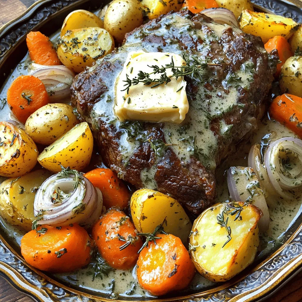 - 3 lbs beef chuck roast - 4 tablespoons unsalted butter, softened - 4 cloves garlic, finely minced - 1 tablespoon fresh rosemary, finely chopped - 1 tablespoon fresh thyme, finely chopped - 2 cups beef broth - 1 large onion, cut into quarters - 4 medium carrots, cut into 1-inch chunks - 4 medium potatoes, peeled and cut into cubes - 1 tablespoon olive oil - Sea salt and freshly cracked black pepper, to taste - 1 cup heavy cream - 1 tablespoon all-purpose flour (optional, for thickening) How do you properly measure liquids and solids? To measure liquids, use a clear measuring cup. Fill it to the desired line. For solids, use dry measuring cups. Scoop the ingredient, then level it off with a knife for accuracy. Why are fresh herbs important for flavor? Fresh herbs add bright and vivid flavors. They make each bite more aromatic and enjoyable. Dried herbs can work, but they lack the same punch. Always choose fresh when you can. You can find the full recipe for Creamy Garlic-Herb Butter Pot Roast in the detailed instructions above. - Preheat your oven to 325°F (165°C). - Season the beef chuck roast with sea salt and black pepper on all sides. This step adds great flavor. - Sear the roast in a large, heavy pot. Heat olive oil over medium-high heat. Once hot, add the roast. Sear it for about 3-4 minutes on each side until brown. - Next, sauté the onion, carrots, and potatoes in the same pot. Cook them for about 5 minutes. This softens the veggies and brings out their flavors. - Now, let's craft the garlic-herb butter. In a bowl, mix the softened butter, minced garlic, chopped rosemary, and thyme. This fragrant blend adds a rich taste. - Coat the seared roast with the garlic-herb butter. Ensure every side is covered. Place the roast back in the pot with the veggies. - Pour the beef broth around the roast and vegetables. Make sure the veggies are submerged. - Cover the pot tightly and roast in the oven for 3 hours. The roast is done when it's fork-tender. - For a thick sauce, mix flour with cold water until smooth. Stir this blend into the pot juices after roasting. - Lastly, stir in the heavy cream to the sauce. Simmer for another 15-20 minutes, stirring often. Adjust the seasoning as needed. Follow these steps for a delicious Creamy Garlic-Herb Butter Pot Roast. You can find the complete recipe in the Full Recipe section. To boost flavor, fresh herbs are a must. I use rosemary and thyme in this pot roast. Both herbs add depth and a lovely aroma. You can also try parsley or sage for a twist. Seasoning is key. Start with salt and pepper on the beef. Don't skip this step! Add seasoning to the vegetables too. This helps every part of the dish taste great. Searing is crucial. It locks in juices and adds a rich flavor. I always sear the roast until it has a nice brown crust. This step makes a big difference in taste. Always use high heat, and don’t rush it. A Dutch oven is my favorite tool for this recipe. It holds heat well and keeps moisture in. If you use a regular pot, ensure it has a tight lid. This helps the roast cook evenly. Prep time is quick, just about 20 minutes. While the roast cooks for three hours, you can relax or clean up. If you want to make this dish ahead, you can. Prepare the roast and veggies, then refrigerate them. When you're ready, just add broth and bake. It saves time and still tastes amazing. For the full recipe, check the recipe section. Enjoy cooking! {{image_4}} You can easily swap out the beef for other cuts. A brisket or a round roast works well. These cuts also give great flavor. If you want a leaner option, try turkey or chicken. You can replace the vegetables too. Use what’s in season or what you love. Sweet potatoes add a nice touch. Cauliflower can be a great alternative to potatoes. To make this dish gluten-free, skip the flour or use a gluten-free mix. The sauce will still taste great without it. Just let it simmer longer to thicken. If you want a vegan option, use jackfruit or mushrooms as the main ingredient. Replace beef broth with vegetable broth. Use plant-based butter for the garlic-herb mix. This way, you keep the creamy flavor without meat or dairy. Adding a cup of red wine to the pot gives a rich depth. It pairs well with the beef and enhances the sauce. Feel free to play with herbs and spices. Try adding sage or oregano for a new twist. A pinch of smoked paprika can add a hint of warmth. Experiment and find what flavors you enjoy most. For the full recipe, check out the recipe section above. To store leftover pot roast, let it cool to room temperature. Place it in an airtight container. The pot roast stays good in the fridge for up to four days. Always check for any strange smells or colors before eating leftovers. To freeze the pot roast, cut it into smaller pieces and wrap them tightly in plastic wrap. Then, place the wrapped portions in a freezer bag or airtight container. This way, it will keep well for up to three months. To thaw, move the pot roast to the fridge a day before you want to eat it. Reheat it gently on the stove or in the oven to keep it juicy. You can get creative with leftover pot roast. Try making pot roast tacos or sandwiches. You can also chop it up and add it to soups or stews. Another fun idea is to use it in a hearty pot roast hash with potatoes and eggs. Explore these options to enjoy your pot roast in new ways! For the [Full Recipe], check back at the beginning of the article. How do I know when the pot roast is done? You know the pot roast is done when it is fork-tender. This means a fork should easily slide into the meat. Check the internal temperature, too. It should reach 195°F (90°C) for the best results. Resting the meat for 15 minutes before slicing helps keep it juicy. Can I cook this pot roast in a slow cooker? Yes, you can use a slow cooker. Sear the roast first for extra flavor. Then, add all the ingredients to the slow cooker. Cook on low for 6-8 hours or high for 4-5 hours. This method makes a tender and tasty pot roast. What side dishes pair well with Creamy Garlic-Herb Butter Pot Roast? Great side dishes include mashed potatoes, steamed green beans, or a fresh salad. You can also serve it with crusty bread to soak up the creamy sauce. These sides enhance the overall meal. What is the best way to ensure a tender pot roast? To ensure a tender pot roast, use a cut like beef chuck. This cut has fat, making it juicy. Searing the meat before cooking adds flavor. Low and slow cooking allows the meat to break down, resulting in tenderness. How can I adjust the recipe for a larger or smaller roast? To adjust the recipe, change the amount of beef and seasonings. For a larger roast, increase the broth and vegetables. For a smaller roast, reduce the ingredients proportionally. Keep the cooking time consistent for best results. What type of butter is best for this recipe? Unsalted butter works best for this recipe. It allows you to control the saltiness. This butter blends well with the herbs and garlic. It creates a rich and creamy flavor that enhances the roast. Can I use dried herbs instead of fresh for the garlic-herb butter? Yes, you can use dried herbs instead of fresh. Use about one-third of the amount needed for fresh herbs. Dried herbs are more concentrated. They can still add great flavor to your garlic-herb butter. This blog post covered everything you need for a delicious pot roast. We discussed the key ingredients, cooking steps, and how to enhance flavor. You learned tips for managing time and storage, plus ways to adjust the recipe. I hope these insights inspire you to create your perfect pot roast. Remember, cooking is all about experimenting and enjoying the process. With these tools in hand, you’ll make a meal your family loves. Enjoy every bite!