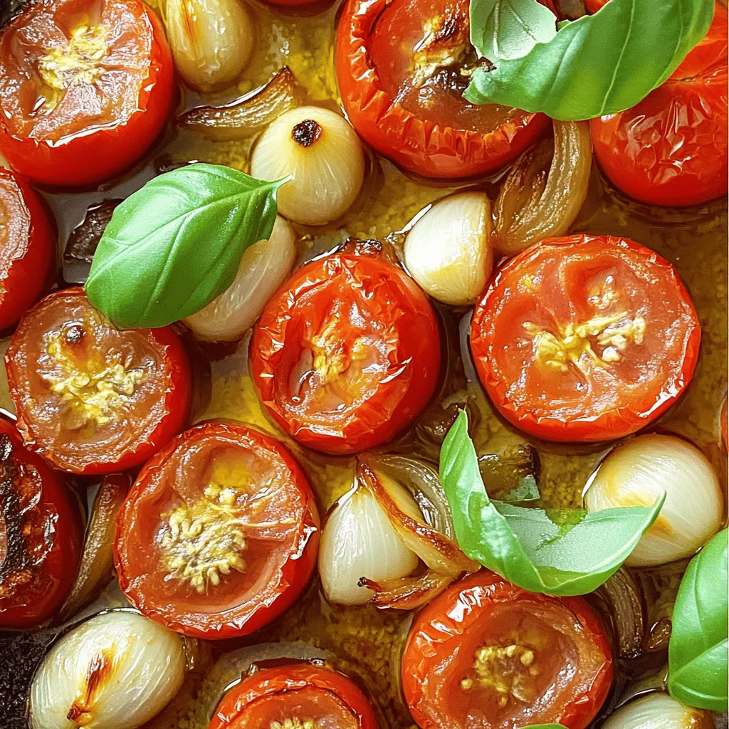 - 2 pounds ripe, juicy tomatoes - 1 medium onion - 4 cloves garlic - 2 tablespoons extra virgin olive oil - 1 teaspoon dried oregano - 1 teaspoon sugar (optional) - Sea salt and freshly cracked pepper - Fresh basil leaves When making easy roasted tomato sauce, you want to use fresh ingredients. The better the produce, the better the sauce will taste. I find that ripe, juicy tomatoes give the sauce a rich flavor. You need about 2 pounds, which is roughly 6-8 medium tomatoes. Next, grab a medium onion. I use one onion for its sweetness and depth. It adds a nice balance to the sauce. For that extra kick, we will also use 4 cloves of garlic, left unpeeled. Roasting garlic enhances its flavor, making it rich and smooth. Now, let's talk about pantry staples. You will need 2 tablespoons of extra virgin olive oil. This oil not only adds flavor but helps the vegetables roast well. I like to add 1 teaspoon of dried oregano for a lovely herby touch. If your tomatoes taste too acidic, consider adding 1 teaspoon of sugar. It helps balance the flavors, but it’s optional. Lastly, remember to season with sea salt and freshly cracked pepper to taste. For garnishing, fresh basil leaves are a must. They add a burst of color and flavor to your dish. You can chop them up or leave them whole when serving. They really elevate the dish! For the full recipe, you can check the details in the previous sections. Enjoy the cooking process! - Preheat oven to 400°F (200°C). - Arrange tomatoes, onion, and garlic on a baking sheet. Start by preheating your oven. This step is key for roasting. Next, take your ripe tomatoes, cut them in half, and place them cut side up. Quarter your onion and add it to the sheet. Don’t forget the garlic! Leave it unpeeled for rich flavor. Spread everything out evenly. This helps them roast well. - Drizzle olive oil and season with oregano, salt, and pepper. - Roast for 25-30 minutes until caramelized. Now, drizzle olive oil over the veggies. This adds a nice richness. Sprinkle dried oregano, sea salt, and cracked pepper on top. Give everything a good toss. Make sure all the pieces are coated. Place the baking sheet in your hot oven. Roast for 25-30 minutes. Keep an eye on them! You want a nice caramel color. - Cool, squeeze garlic from skins, and combine ingredients. - Blend until smooth, adjusting seasoning. After roasting, take the baking sheet out. Let it cool for a few minutes. This makes it easier to handle. Squeeze the roasted garlic out of its skins. Add this soft garlic to your baked veggies. Now, it’s time to blend! Put everything into a blender. Add any juices from the baking sheet. If you like, sprinkle in some sugar to balance the sauce. Blend until smooth. Taste the sauce and adjust the salt and pepper if needed. This easy roasted tomato sauce is ready to use in your favorite dishes. For the complete process, check the Full Recipe. Using ripe tomatoes is key for great taste. They bring sweetness and depth to your sauce. Look for tomatoes that are firm, but slightly soft when you press them. This means they are juicy and ready to cook. If you find the sauce too sour, adding sugar can help balance the taste. Start with just a teaspoon. Blend it in and taste again. To roast tomatoes evenly, spread them out on the baking sheet. Avoid stacking them on top of each other. This allows hot air to circulate around each piece. Check for doneness by looking for caramelized edges and soft centers. You want them to be tender but not mushy. A high-speed blender works best for a smooth sauce. It creates a silky texture you will love. If you only have a food processor, that works too. Just blend longer to reach the same consistency. If your sauce seems too thick, add a splash of water or olive oil to loosen it up. {{image_4}} You can boost the flavor of your sauce by adding fresh herbs. I love using thyme or rosemary. Just toss in a few sprigs before roasting. This will fill your kitchen with a lovely aroma. You can also try crushed red pepper for a little heat. It adds a nice kick to the sauce. Want more depth? Try adding roasted bell peppers or zucchini. They blend well with tomatoes and add sweetness. Parmesan cheese is another great option. Stir it in after blending for a rich and creamy touch. This makes your sauce taste even more gourmet. If you’re vegan, skip the cheese or use a substitute. Nutritional yeast gives a cheesy flavor without dairy. For a low-sugar option, leave out the sugar. You can balance acidity with a splash of vinegar instead. This keeps your sauce tasty while meeting dietary needs. Store your roasted tomato sauce in an airtight container. This keeps it fresh and tasty. It will last in the fridge for up to a week. Always check for signs of spoilage before using. Freezing is a great way to save your sauce for later. Use freezer-safe containers or bags. Make sure to leave some space for expansion. When you're ready to use it, thaw it in the fridge overnight. Reheat it on the stove over low heat. Stir it well to bring back its smooth texture. Pair your roasted tomato sauce with pasta or use it as a pizza base. It adds rich flavor to both dishes. You can also use it in soups and stews. Just add it to your pot for a delicious twist. This sauce is versatile and boosts any meal! For the full recipe, check out the earlier section. To make your sauce thicker, cook it longer. This allows water to evaporate. You can also add a splash of tomato paste. It adds thickness and flavor. Another option is to use less oil. Start with a smaller amount and adjust to taste. Yes, you can use canned tomatoes. Look for high-quality, whole tomatoes. They have great flavor. Drain excess liquid for a thicker sauce. You can roast them in the oven before blending. This brings out their natural sweetness. Heirloom tomatoes are juicy and full of flavor. They add a rich taste to your sauce. Roma tomatoes are also great. They are meaty and low in water content. Both types give you a lovely sauce. Homemade tomato sauce lasts about a week in the fridge. Store it in an airtight container. You can freeze it for longer storage. It stays good for about three months in the freezer. Just thaw it in the fridge before using. This blog post covered how to make a tasty roasted tomato sauce. We started with fresh ingredients like tomatoes, onion, and garlic. Then, we roasted them to build flavor and blended them into a smooth sauce. Tips on variations and storage helped you customize your sauce and keep it fresh. Now, it’s time to get cooking. Enjoy experimenting with flavors and share your sauce with friends!