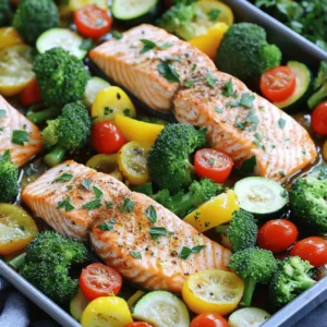 - 4 salmon fillets (approximately 6 ounces each) - 2 cups fresh broccoli florets - 1 cup cherry tomatoes, halved - 1 bell pepper (red or yellow), sliced into thin strips - 1 medium zucchini, cut into half-moons - 3 tablespoons extra virgin olive oil - 2 teaspoons garlic powder - 1 teaspoon smoked paprika - 1 teaspoon dried oregano - Salt and freshly ground black pepper, to taste The main ingredients are simple, fresh, and full of flavor. Salmon is rich in protein and omega-3 fatty acids. The assorted vegetables add color and vitamins. Broccoli brings crunch, while cherry tomatoes add sweetness. Bell peppers enhance the dish with their crisp texture. Zucchini provides a nice balance with its mild taste. - Fresh lemon wedges - Herbs like parsley Lemon wedges brighten the dish and add a fresh zing. Parsley adds a pop of green and fresh flavor. You can mix these garnishes to make your meal look and taste even better. Try squeezing lemon juice over the salmon and veggies just before serving for extra flavor. For the full recipe, check out the instructions that guide you step by step through this easy and tasty meal. 1. First, preheat your oven to 425°F (220°C). This heat will cook the salmon and veggies just right. 2. Next, line a large baking sheet with parchment paper. This helps with easy cleanup later. 3. In a large bowl, mix the broccoli florets, cherry tomatoes, sliced bell pepper, and zucchini. 4. Drizzle 2 tablespoons of olive oil over the veggies. Add garlic powder, smoked paprika, oregano, salt, and pepper. 5. Toss everything well. You want each piece coated with oil and spices. 1. Spread the seasoned veggies on one half of the sheet pan. Make sure they have space to roast evenly. 2. Pat the salmon fillets dry with a paper towel. Place them on the other half of the pan. 3. Drizzle the remaining olive oil over the salmon. Season it with salt and pepper. 4. Bake in the preheated oven for 15-20 minutes. The salmon should look opaque and flake easily with a fork. 5. The veggies need to be tender with a bit of caramelization. 6. When done, take the pan out and let it cool for a minute. 7. For a fresh twist, squeeze lemon juice over the salmon and veggies right before you serve. This method gives you a quick and tasty meal that’s easy to prepare. For the full recipe, check out Sheet Pan Salmon Delight with Veggies. Choosing the best salmon fillets When picking salmon, look for bright, shiny skin. The flesh should feel firm and spring back when you press it. Fresh salmon has a clean scent, not fishy. I prefer wild-caught salmon when possible. It often tastes better and has more nutrients. If you can’t find wild salmon, farmed salmon works too. Just choose fillets that look fresh and vibrant. Selecting fresh vegetables Fresh vegetables make this dish pop. Look for broccoli with bright green florets and no yellowing. Choose cherry tomatoes that are plump and firm. For bell peppers, select ones that feel heavy for their size. Zucchini should be smooth and free from blemishes. Fresh veggies add flavor and color to your meal. Ensuring even cooking and flavor enhancement To ensure even cooking, cut your veggies into uniform sizes. This way, they all cook at the same rate. Spread them out on the pan. Don’t crowd them; they need room to roast. Seasoning is key. Use olive oil and spices to enhance the flavor of both the salmon and veggies. How to achieve a perfect roast Roasting at 425°F is ideal for this meal. It cooks the salmon quickly while caramelizing the veggies. Keep an eye on your food. Salmon is done when it flakes easily with a fork. The veggies should be tender with a bit of char. For a finishing touch, squeeze fresh lemon juice over everything before serving. This adds brightness and freshness. For the complete recipe, visit the [Full Recipe]. {{image_4}} You can switch up the veggies based on the season. In spring, try asparagus or peas. In fall, use carrots or sweet potatoes. Mixing colors and textures adds fun. You can also add other proteins. Consider shrimp or chicken for variety. Just remember to adjust cooking times. Shrimp cooks faster than salmon. Chicken may need extra time. Adding marinades can boost flavor. A simple mix of lemon juice, honey, and soy sauce works great. Just marinate the salmon for 30 minutes before cooking. This gives it a tasty glaze. You can also try different seasoning blends. Cajun spices or Italian herbs can change the dish completely. Feel free to get creative! Adding spices can bring new life to your meal. To store leftovers, let the salmon and veggies cool down first. Place them in airtight containers. This keeps them fresh and safe. I recommend using glass or BPA-free plastic containers. They help prevent odors and keep your food tasty. You can store leftovers in the fridge for up to three days. If you plan to keep them longer, consider freezing them. When reheating salmon and vegetables, use the oven for the best results. Preheat your oven to 350°F (175°C). Place your leftovers on a baking sheet. Cover them with foil to keep moisture in. Heat for about 10-15 minutes, or until hot. You can also use a microwave, but be careful. Microwaving can make the salmon dry. If you choose this method, heat in short bursts. Check often to keep the flavor and texture intact. A splash of water or a drizzle of olive oil can help keep things moist. For a quick fix, you can also pan-sear the salmon for a minute on each side. This adds a nice crispness back to the fish. How long should I bake salmon at 425°F? You should bake salmon at 425°F for about 15 to 20 minutes. The salmon is ready when it turns opaque and flakes easily with a fork. Cooking time may vary based on the thickness of the fillets. Always check for doneness to ensure the best taste and texture. Can I use frozen salmon? Yes, you can use frozen salmon. Just make sure to thaw it first. Place the frozen fillet in the fridge overnight or submerge it in cold water for 30 minutes. Thawed salmon cooks evenly and tastes better. It’s a great way to save time while still enjoying this tasty dish. Is sheet pan cooking healthy? Yes, sheet pan cooking is healthy. It allows you to use fresh ingredients with less fat. You can pack your meal with veggies, which adds fiber and vitamins. This style of cooking also keeps cleanup easy, making healthy eating more convenient. Nutritional benefits of salmon and vegetables Salmon is rich in omega-3 fatty acids, great for your heart and brain. It also provides protein, which helps build muscle. The vegetables add essential nutrients. Broccoli offers vitamins C and K, while bell peppers deliver antioxidants. Zucchini and tomatoes bring hydration and flavor. Together, they create a balanced meal that’s both tasty and nutritious. This guide showed you how to create a tasty sheet pan meal with salmon and vegetables. You learned to choose fresh ingredients and prepare them for baking. Cooking tips helped ensure everything cooks evenly, and variations let you customize flavors. Remember to store leftovers properly and reheat them for the best taste. I hope you feel inspired to try this simple and healthy recipe at home. Enjoy your delicious meal!