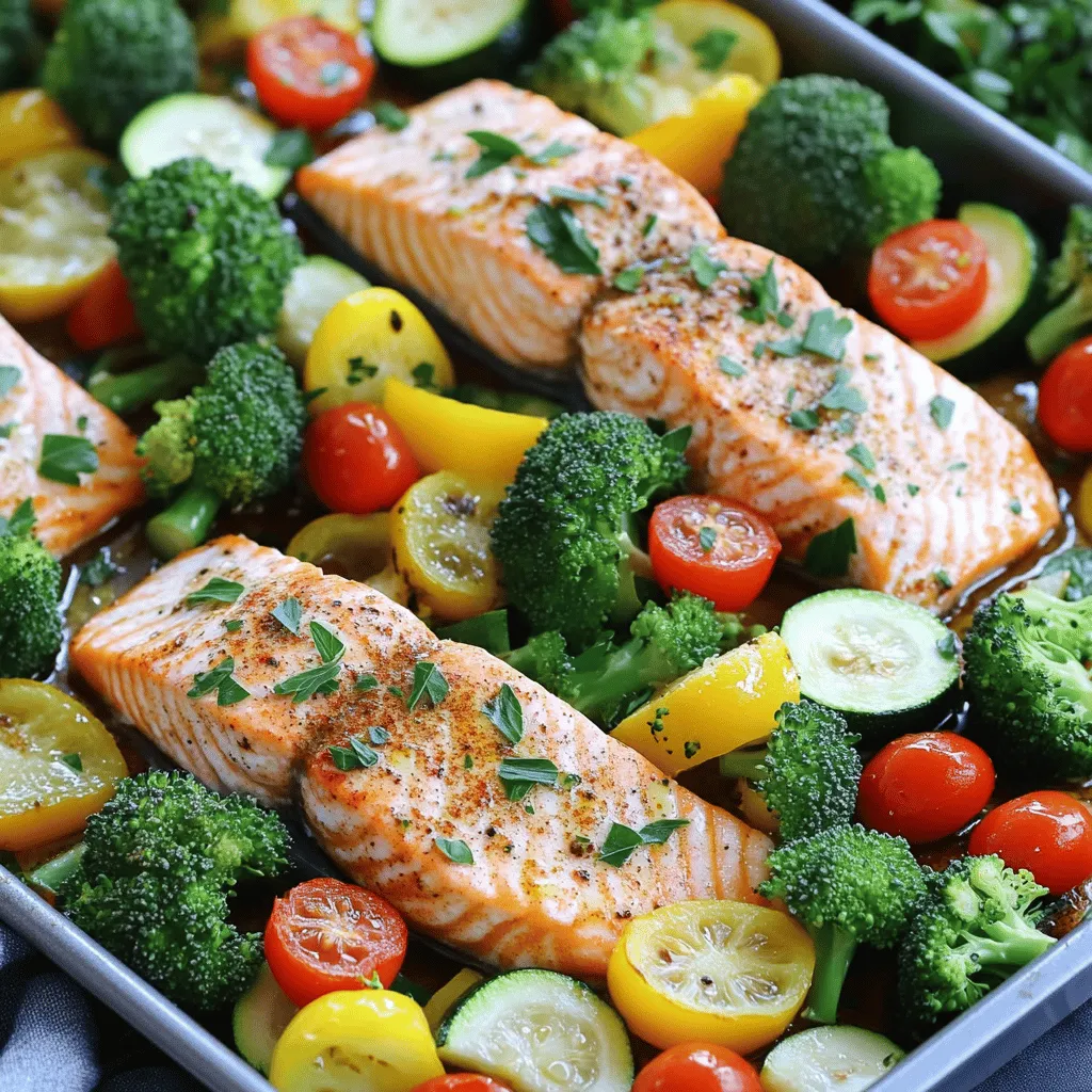 - 4 salmon fillets (approximately 6 ounces each) - 2 cups fresh broccoli florets - 1 cup cherry tomatoes, halved - 1 bell pepper (red or yellow), sliced into thin strips - 1 medium zucchini, cut into half-moons - 3 tablespoons extra virgin olive oil - 2 teaspoons garlic powder - 1 teaspoon smoked paprika - 1 teaspoon dried oregano - Salt and freshly ground black pepper, to taste The main ingredients are simple, fresh, and full of flavor. Salmon is rich in protein and omega-3 fatty acids. The assorted vegetables add color and vitamins. Broccoli brings crunch, while cherry tomatoes add sweetness. Bell peppers enhance the dish with their crisp texture. Zucchini provides a nice balance with its mild taste. - Fresh lemon wedges - Herbs like parsley Lemon wedges brighten the dish and add a fresh zing. Parsley adds a pop of green and fresh flavor. You can mix these garnishes to make your meal look and taste even better. Try squeezing lemon juice over the salmon and veggies just before serving for extra flavor. For the full recipe, check out the instructions that guide you step by step through this easy and tasty meal. 1. First, preheat your oven to 425°F (220°C). This heat will cook the salmon and veggies just right. 2. Next, line a large baking sheet with parchment paper. This helps with easy cleanup later. 3. In a large bowl, mix the broccoli florets, cherry tomatoes, sliced bell pepper, and zucchini. 4. Drizzle 2 tablespoons of olive oil over the veggies. Add garlic powder, smoked paprika, oregano, salt, and pepper. 5. Toss everything well. You want each piece coated with oil and spices. 1. Spread the seasoned veggies on one half of the sheet pan. Make sure they have space to roast evenly. 2. Pat the salmon fillets dry with a paper towel. Place them on the other half of the pan. 3. Drizzle the remaining olive oil over the salmon. Season it with salt and pepper. 4. Bake in the preheated oven for 15-20 minutes. The salmon should look opaque and flake easily with a fork. 5. The veggies need to be tender with a bit of caramelization. 6. When done, take the pan out and let it cool for a minute. 7. For a fresh twist, squeeze lemon juice over the salmon and veggies right before you serve. This method gives you a quick and tasty meal that’s easy to prepare. For the full recipe, check out Sheet Pan Salmon Delight with Veggies. Choosing the best salmon fillets When picking salmon, look for bright, shiny skin. The flesh should feel firm and spring back when you press it. Fresh salmon has a clean scent, not fishy. I prefer wild-caught salmon when possible. It often tastes better and has more nutrients. If you can’t find wild salmon, farmed salmon works too. Just choose fillets that look fresh and vibrant. Selecting fresh vegetables Fresh vegetables make this dish pop. Look for broccoli with bright green florets and no yellowing. Choose cherry tomatoes that are plump and firm. For bell peppers, select ones that feel heavy for their size. Zucchini should be smooth and free from blemishes. Fresh veggies add flavor and color to your meal. Ensuring even cooking and flavor enhancement To ensure even cooking, cut your veggies into uniform sizes. This way, they all cook at the same rate. Spread them out on the pan. Don’t crowd them; they need room to roast. Seasoning is key. Use olive oil and spices to enhance the flavor of both the salmon and veggies. How to achieve a perfect roast Roasting at 425°F is ideal for this meal. It cooks the salmon quickly while caramelizing the veggies. Keep an eye on your food. Salmon is done when it flakes easily with a fork. The veggies should be tender with a bit of char. For a finishing touch, squeeze fresh lemon juice over everything before serving. This adds brightness and freshness. For the complete recipe, visit the [Full Recipe]. {{image_4}} You can switch up the veggies based on the season. In spring, try asparagus or peas. In fall, use carrots or sweet potatoes. Mixing colors and textures adds fun. You can also add other proteins. Consider shrimp or chicken for variety. Just remember to adjust cooking times. Shrimp cooks faster than salmon. Chicken may need extra time. Adding marinades can boost flavor. A simple mix of lemon juice, honey, and soy sauce works great. Just marinate the salmon for 30 minutes before cooking. This gives it a tasty glaze. You can also try different seasoning blends. Cajun spices or Italian herbs can change the dish completely. Feel free to get creative! Adding spices can bring new life to your meal. To store leftovers, let the salmon and veggies cool down first. Place them in airtight containers. This keeps them fresh and safe. I recommend using glass or BPA-free plastic containers. They help prevent odors and keep your food tasty. You can store leftovers in the fridge for up to three days. If you plan to keep them longer, consider freezing them. When reheating salmon and vegetables, use the oven for the best results. Preheat your oven to 350°F (175°C). Place your leftovers on a baking sheet. Cover them with foil to keep moisture in. Heat for about 10-15 minutes, or until hot. You can also use a microwave, but be careful. Microwaving can make the salmon dry. If you choose this method, heat in short bursts. Check often to keep the flavor and texture intact. A splash of water or a drizzle of olive oil can help keep things moist. For a quick fix, you can also pan-sear the salmon for a minute on each side. This adds a nice crispness back to the fish. How long should I bake salmon at 425°F? You should bake salmon at 425°F for about 15 to 20 minutes. The salmon is ready when it turns opaque and flakes easily with a fork. Cooking time may vary based on the thickness of the fillets. Always check for doneness to ensure the best taste and texture. Can I use frozen salmon? Yes, you can use frozen salmon. Just make sure to thaw it first. Place the frozen fillet in the fridge overnight or submerge it in cold water for 30 minutes. Thawed salmon cooks evenly and tastes better. It’s a great way to save time while still enjoying this tasty dish. Is sheet pan cooking healthy? Yes, sheet pan cooking is healthy. It allows you to use fresh ingredients with less fat. You can pack your meal with veggies, which adds fiber and vitamins. This style of cooking also keeps cleanup easy, making healthy eating more convenient. Nutritional benefits of salmon and vegetables Salmon is rich in omega-3 fatty acids, great for your heart and brain. It also provides protein, which helps build muscle. The vegetables add essential nutrients. Broccoli offers vitamins C and K, while bell peppers deliver antioxidants. Zucchini and tomatoes bring hydration and flavor. Together, they create a balanced meal that’s both tasty and nutritious. This guide showed you how to create a tasty sheet pan meal with salmon and vegetables. You learned to choose fresh ingredients and prepare them for baking. Cooking tips helped ensure everything cooks evenly, and variations let you customize flavors. Remember to store leftovers properly and reheat them for the best taste. I hope you feel inspired to try this simple and healthy recipe at home. Enjoy your delicious meal!