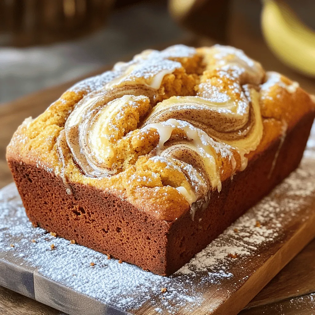 - 3 ripe bananas, thoroughly mashed - 1/3 cup unsalted butter, melted - 1 teaspoon baking soda - Pinch of sea salt - 3/4 cup granulated sugar - 1 large egg, well-beaten - 1 teaspoon pure vanilla extract - 1 cup all-purpose flour - 1/2 teaspoon ground cinnamon - 1/4 cup light brown sugar - 1/2 cup walnuts, finely chopped (optional) To make this delicious cinnamon swirl banana bread, you need the right ingredients. Each one plays a big part in creating the best flavors and textures. The bananas should be very ripe. They must be soft to mash well. This gives the bread its natural sweetness. The unsalted butter adds richness. Baking soda helps the bread rise. A pinch of sea salt balances the sweetness. Granulated sugar gives it a lovely taste. The beaten egg binds the mix together. Pure vanilla extract adds depth to the flavor. All-purpose flour is the base. The ground cinnamon brings warmth and spice. Light brown sugar adds moisture and a hint of caramel flavor. The walnuts are optional, but they add a nice crunch. - Alternative sweeteners: You can use honey or maple syrup instead of sugar. - Gluten-free flour options: Try almond flour or a gluten-free blend. - Egg replacements: Use flaxseed meal mixed with water or applesauce as a binder. Finding substitutes can make this recipe work for you. Each swap can change the taste slightly, but it will still be delicious. You can experiment and make this banana bread suit your needs. For the full recipe, follow the steps I provide later! 1. Preheat your oven to 350°F (175°C). This step helps the bread bake evenly. 2. Prepare a standard 9x5-inch loaf pan. Grease it well with butter or use parchment paper for easier removal later. 1. In a large bowl, add 3 ripe bananas that you have mashed well. 2. Pour in 1/3 cup of melted unsalted butter. Mix these two ingredients until smooth and blended. 3. Next, add 1 teaspoon of baking soda and a pinch of sea salt. This helps the bread rise nicely. 4. Now, stir in 3/4 cup of granulated sugar, 1 well-beaten egg, and 1 teaspoon of pure vanilla extract. Mix until everything is smooth. 5. Gradually add 1 cup of all-purpose flour. Fold it in gently. Stop mixing when you can’t see dry flour anymore. 1. In a small bowl, combine 1/2 teaspoon of ground cinnamon and 1/4 cup of light brown sugar. This will be your swirl mixture. 2. Pour half of the banana batter into the prepared loaf pan. Sprinkle half of the cinnamon mixture over this layer. 3. Carefully add the rest of the banana batter on top. Then, sprinkle the remaining cinnamon mixture on top. 4. Use a knife or toothpick to gently swirl the mixtures together. This creates a beautiful marbled effect. 1. Place the loaf pan in your preheated oven. Bake for 60 to 65 minutes. 2. Check for doneness by inserting a toothpick into the center. It should come out clean with a few moist crumbs. 3. Once done, take the pan out of the oven. Let it cool for about 10 minutes. 4. After cooling, carefully transfer the loaf to a wire rack. Allow it to cool completely before slicing. Enjoy this delightful Homemade Cinnamon Swirl Banana Bread! For the full recipe, check the details above. To make the best banana bread, avoid overmixing the batter. Mix just until you see no dry flour. This keeps your bread light and fluffy. Overmixing can make it dense and chewy. Check your bananas for ripeness. They should be brown and soft. The riper the bananas, the sweeter your bread will be. If they are too green, wait a few days. You can add spices like nutmeg to boost flavor. A little pinch makes a big difference. It adds warmth and depth to your bread. Using different types of nuts can also change the taste. Walnuts are great, but try pecans or almonds. They each give a unique crunch and flavor. Once your bread cools, slice it and arrange it nicely. A rustic wooden cutting board looks great. You can also lightly dust the top with powdered sugar. For a sweet touch, drizzle a simple glaze on top. Mix powdered sugar with a splash of milk for a quick glaze. It adds shine and sweetness to your banana bread. Check the [Full Recipe] for more tips! {{image_4}} You can make your banana bread even better with some tasty add-ins. Here are two great options: - Chocolate chips: These add a sweet burst of flavor. I recommend using semi-sweet or dark chocolate chips. They melt nicely and mix well with the bananas. - Dried fruits: You can use raisins or cranberries. They add a chewy texture and a bit of tartness. Just make sure to chop them if they are large. If you have special dietary needs, you can still enjoy this banana bread. Here are two easy adaptations: - Vegan adaptations: Replace the egg with a flaxseed meal. Mix one tablespoon of flaxseed meal with three tablespoons of water. Let it sit for a few minutes to thicken. You can also swap the butter for coconut oil or a vegan butter alternative. - Low-sugar versions: You can cut down on sugar by using natural sweeteners. Try using mashed dates or applesauce instead of granulated sugar. This will keep the bread sweet while making it healthier. Want to change up the swirl in your banana bread? Here are some fun ideas: - Nutella or peanut butter swirls: Spread a layer of Nutella or peanut butter between the batter layers. This gives your bread a rich, creamy taste. - Fruit preserves: Use your favorite fruit jam or preserves. Swirl it through the batter for a fruity kick that complements the bananas. These variations can help you create a unique version of this classic banana bread. Explore your creativity and make it your own! For the complete recipe, check out the Full Recipe section. You can store leftover banana bread at room temperature for up to three days. Keep it in a cool, dry place away from sunlight. For longer freshness, place it in the fridge. Use an airtight container to keep it moist. If you use the fridge, the bread may last up to a week. Just remember that cold storage can change the texture a bit. To freeze banana bread, first, let it cool completely. Wrap it tightly in plastic wrap. Then, place it in a freezer bag or airtight container. This helps prevent freezer burn. You can freeze it for up to three months. When you want to enjoy it, simply take it out and let it thaw at room temperature. If you're in a hurry, you can microwave individual slices for about 15 seconds. Fresh banana bread is best enjoyed within a week when stored properly. Look for signs of spoilage, like mold or a sour smell. If your bread feels dry or crumbly, it may not be fresh anymore. For the best taste, enjoy it while it's still soft and moist. With proper storage, you can savor your homemade cinnamon swirl banana bread for days! Yes, you can use frozen bananas. Thaw them first, then mash. Frozen bananas work well because they become very soft. This makes them easy to mix into the batter. Just make sure to drain any extra liquid before adding them. You can check using a toothpick. Insert it in the center of the loaf. If it comes out clean or with a few crumbs, it’s done. Another sign is a golden-brown top. Your kitchen will also smell amazing when it’s ready. To slice banana bread, use a sharp knife. A serrated knife works best. Let the bread cool completely first. This helps prevent squishing the loaf. Slice it while it’s firm for neat pieces. Aim for about half an inch thick. Absolutely! You can turn this recipe into muffins. Use a muffin tin instead of a loaf pan. Fill each cup about two-thirds full. Bake for about 20 to 25 minutes. Check them with a toothpick just like the bread. To add more moisture, use extra ripe bananas. You can also add yogurt or applesauce. These ingredients keep the bread soft and fluffy. Another tip is to avoid overmixing the batter. This keeps the bread light and airy. If you want, add a little more butter too. For the full recipe, check out the [Full Recipe]. In this blog post, we explored the ingredients and steps for making delicious banana bread. We provided clear instructions on mixing, baking, and enhancing flavors. You learned about ingredient substitutions and variations to suit your taste and diet. Remember to check banana ripeness for the best results. With these tips, you can bake a perfect loaf or try fun twists like chocolate chips or nut butter swirls. Enjoy your baking journey and share your tasty creations!