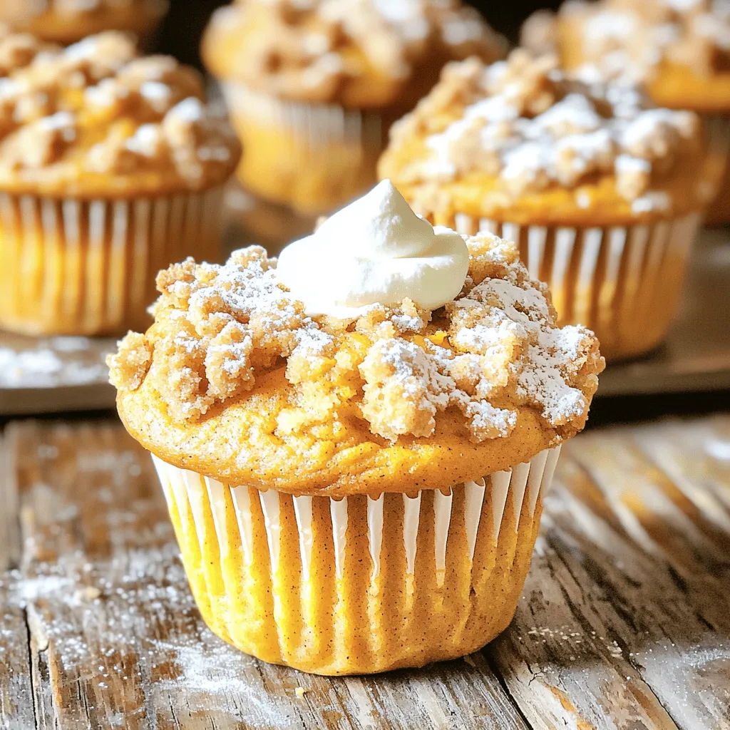 To make these tasty muffins, you need some key ingredients. Here’s what you will use: - 1 cup canned pumpkin puree - 1/3 cup vegetable oil - 1/2 cup brown sugar, packed - 1/4 cup granulated sugar - 2 large eggs - 1 teaspoon vanilla extract - 1 1/2 cups all-purpose flour - 1 teaspoon baking powder - 1 teaspoon baking soda - 1 teaspoon ground cinnamon - 1/2 teaspoon ground ginger - 1/4 teaspoon ground nutmeg - 1/4 teaspoon salt This mix creates a moist, flavorful muffin with the perfect balance of spices. You can add some extras to your muffins. Here’s a fun option: - 1/2 cup chopped walnuts Adding walnuts gives your muffins a crunchy texture and nutty flavor. You can skip them if you prefer a smoother bite. The streusel topping makes these muffins extra special. You’ll need: - 1/4 cup all-purpose flour - 1/4 cup brown sugar, packed - 2 tablespoons cold butter, cubed - 1/2 teaspoon ground cinnamon This topping adds a sweet, crumbly layer that pairs perfectly with the pumpkin. For the full recipe, check out the cooking guide! Start by preheating your oven to 350°F (175°C). This step ensures even baking. Next, prepare your muffin pan. You can line it with paper liners or grease the cups. This will help the muffins pop out easily later. In a large bowl, mix the following ingredients: - 1 cup canned pumpkin puree - 1/3 cup vegetable oil - 1/2 cup brown sugar, packed - 1/4 cup granulated sugar - 2 large eggs - 1 teaspoon vanilla extract Use a whisk or mixer to blend until smooth. In a separate bowl, whisk together these dry ingredients: - 1 1/2 cups all-purpose flour - 1 teaspoon baking powder - 1 teaspoon baking soda - 1 teaspoon ground cinnamon - 1/2 teaspoon ground ginger - 1/4 teaspoon ground nutmeg - 1/4 teaspoon salt Combine the dry ingredients into the wet mixture. Stir gently until just mixed. A few lumps are okay. If you want walnuts, fold them in now. In a small bowl, mix these ingredients for the streusel topping: - 1/4 cup all-purpose flour - 1/4 cup brown sugar, packed - 2 tablespoons cold butter, cubed - 1/2 teaspoon ground cinnamon Use your fingers or a fork to mix until it looks crumbly. This adds a nice crunch on top. Spoon the muffin batter into your prepared pan, filling each cup about three-quarters full. This is key for good rise. Then, sprinkle the streusel topping generously over each muffin cup. Bake in your preheated oven for 18-20 minutes. To check if they are done, insert a toothpick. If it comes out clean, they are ready. Once baked, let the muffins cool in the pan for 5 minutes. Then, transfer them to a wire rack to cool fully. Now, you can enjoy your Pumpkin Streusel Muffins. For the full recipe, check the details above. To get the best muffin texture, mix wet and dry ingredients separately. This helps avoid overmixing, which can make muffins tough. Combine the wet mix until smooth. Then, add the dry mix gently. You want a few lumps to remain; this keeps muffins fluffy. Remember, the oven should be preheated. This helps muffins rise well and bake evenly. You can change up the flavor of your muffins. Try adding chocolate chips for a sweet twist. Dried cranberries or raisins add a nice chew. For a spicy kick, add a dash of cayenne pepper. You can also switch nuts; pecans or almonds work well too. Toppings can vary too. Instead of streusel, try a glaze made of powdered sugar and milk for a sweet finish. Use a good muffin pan; a non-stick one helps with easy removal. Paper liners are great for keeping muffins moist and clean. A whisk is perfect for mixing batter. If you have a rubber spatula, it's excellent for folding ingredients gently. A toothpick helps check if your muffins are done. These tools make the baking process smoother and more fun. For the full recipe, check out the details above. {{image_4}} To make gluten-free pumpkin streusel muffins, swap all-purpose flour for a gluten-free blend. Look for one that works well in baking. This mix often has rice flour, tapioca starch, and xanthan gum. You may need to adjust the liquid slightly to get the right batter texture. The muffins will still taste great and be moist. For vegan pumpkin muffins, replace eggs with flaxseed meal. Mix one tablespoon of flaxseed meal with three tablespoons of water. Let it sit until it thickens. Use a plant-based oil, like coconut or avocado oil, instead of vegetable oil. Replace the butter in the streusel with coconut oil or a vegan butter substitute. These muffins will be just as tasty and plant-friendly. You can switch up the nuts in the recipe. Try pecans or almonds instead of walnuts. Each nut gives a different flavor and texture. You can also play with spices. Add a pinch of allspice or cloves for a unique twist. If you want a sweeter touch, mix in some chocolate chips. These variations make the muffins fun and exciting every time you bake. Check out the Full Recipe for more details! To keep your leftover muffins fresh, place them in an airtight container. You can keep them at room temperature for up to three days. If you want them to last longer, store them in the fridge. Just remember to let them cool completely before sealing them up. This helps to prevent sogginess. Freezing muffins is a great way to enjoy them later. First, wrap each muffin in plastic wrap or aluminum foil. Then, place them in a freezer bag. They can stay fresh in the freezer for up to three months. When you're ready to eat, just take out the muffins and let them thaw overnight in the fridge. To enjoy your muffins warm, preheat the oven to 350°F (175°C). Place the muffins on a baking sheet for about 5 to 10 minutes. You can also microwave them for about 15 to 20 seconds. Just be careful not to overheat, or they might get dry. For a special treat, add a pat of butter on top before warming them up. Enjoy the flavors of these delicious Pumpkin Streusel Muffins! You can make these muffins healthier by using whole wheat flour instead of all-purpose flour. This adds fiber and nutrients. You can also cut down on sugar. Try using half the amount of brown and granulated sugar. Adding applesauce can replace some of the oil, keeping the muffins moist. You could also add flaxseed or chia seeds for extra nutrition. Yes, you can use fresh pumpkin. Just make sure to cook and puree it first. Slice the pumpkin, bake it until soft, then scoop out the flesh. Blend it until smooth. Fresh pumpkin gives a great flavor, but it can be slightly more watery. So, drain any excess liquid if needed. These muffins pair well with warm drinks like coffee or tea. You could also serve them with butter or cream cheese for added richness. For a festive touch, serve them with maple syrup or honey. Fresh fruit or a dollop of whipped cream also makes a lovely side. Yes, these muffins freeze very well. After cooling, wrap them tightly in plastic wrap or foil. Place them in a freezer bag to prevent freezer burn. They can stay fresh for up to three months. When ready to eat, just thaw them at room temperature or warm them in the oven. You now know how to make delicious pumpkin streusel muffins. We covered the key ingredients, step-by-step instructions, and helpful tips. You can even try variations for gluten-free or vegan options. Store extra muffins properly, and they’ll stay fresh. Remember, you can adapt the recipe to make it healthier or use fresh pumpkin. Enjoy baking and sharing these tasty treats with friends and family!
