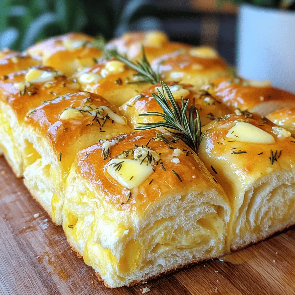 For the best Rosemary Garlic Pull Apart Bread, gather these simple ingredients: - 3 ½ cups all-purpose flour - 1 packet (2 ¼ teaspoons) active dry yeast - 1 cup warm water (about 110°F/45°C) - ¼ cup extra virgin olive oil - 2 teaspoons granulated sugar - 1 teaspoon sea salt - 4 cloves garlic, finely minced - 2 tablespoons fresh rosemary, finely chopped (or 1 tablespoon dried rosemary) - ½ teaspoon freshly cracked black pepper - ½ cup unsalted butter, melted - Optional: extra rosemary sprigs for garnish Each ingredient plays a key role in creating flavor. The flour gives structure, while the yeast helps the bread rise. Warm water activates the yeast. Olive oil adds richness, and garlic provides a warm, savory note. You can use fresh or dried rosemary, but fresh yields a brighter taste. The butter, combined with garlic and rosemary, makes each piece of bread rich and flavorful. Don't skip the optional rosemary sprigs—they add a lovely touch when you serve the bread. For the complete process, check out the Full Recipe. To start, you need to activate your yeast. In a small bowl, mix warm water, sugar, and active dry yeast. The water should be warm but not hot. Let this sit for about 5-10 minutes. You will know it's ready when it becomes frothy and bubbly. In a large mixing bowl, combine the flour and salt. Stir them well. Next, create a well in the center of this mixture. Pour in the frothy yeast mixture and the olive oil. Mix this with a wooden spoon until it forms a dough. Move the dough to a floured surface. Knead for about 5-7 minutes until it feels smooth and elastic. Once your dough is ready, form it into a ball. Place it in a greased bowl. Cover the bowl with a damp cloth or plastic wrap. Let it rise in a warm area for about 1 hour, or until it doubles in size. After the dough has risen, punch it down gently to remove air bubbles. Divide the dough into small pieces, about 1-1.5 inches wide. In a separate bowl, mix the melted butter, minced garlic, chopped rosemary, and black pepper. Dip each dough piece into this mixture, coating it well. Stack the coated pieces in a greased bundt or cake pan. Cover the pan with a cloth. Allow the dough to rise for a second time for 30 minutes. Preheat your oven to 350°F (175°C). Bake the bread for 25-30 minutes. It should turn golden brown and sound hollow when tapped. You can find the full recipe for Rosemary Garlic Pull Apart Bread above. To get the right dough texture, it should feel soft and slightly sticky. This means you need enough moisture. If it’s too dry, add a little water. If it's too wet, sprinkle in some flour. A common mistake is over-kneading the dough. Knead just until it is smooth and elastic. This helps make the bread light and fluffy. Adding herbs can make your bread special. Try mixing in thyme or oregano for a new taste. You can also add a pinch of red pepper flakes for heat. For dipping oils, use high-quality olive oil. Infuse it with garlic or herbs to match your bread. This adds a burst of flavor every time you dip. For gatherings, serve the bread warm and fresh. Place it on a nice platter and add some small bowls of oil for dipping. You can sprinkle sea salt on top for an added touch. Pair this bread with soups or salads. It also goes well with grilled meats. The warm bread complements any meal and brings everyone together. {{image_4}} You can enhance the flavor by adding cheese to the dough pieces. For this, use cheeses like mozzarella, cheddar, or fontina. These cheeses melt well and create a gooey, rich texture. You can stuff small pieces of dough with cheese before dipping them in the garlic rosemary butter. This adds a delightful surprise in each bite. Want a twist on the classic? Try different herbs for your pull apart bread. You could use thyme, oregano, or basil. Each herb brings its own unique flavor. Mixing herbs can create a more complex taste. Just chop them finely and mix them in with the garlic and butter. Your bread will become an herb lover's dream. If you need a vegan version, you can make simple swaps. Use almond or oat milk instead of dairy. Substitute the butter with coconut oil or a vegan spread. For gluten-free bread, you can use almond flour or a gluten-free all-purpose blend. Make sure to add a binding agent like xanthan gum if needed. These adjustments keep the bread tasty while meeting your dietary needs. For more details, check out the Full Recipe for Rosemary Garlic Pull Apart Bread! To keep your rosemary garlic pull apart bread fresh, store it at room temperature. Wrap the bread in plastic wrap or aluminum foil. This method helps maintain moisture and flavor. It stays tasty for about 2 to 3 days when stored this way. If you see any signs of mold, it’s best to toss it out. For long-term storage, freezing is the way to go. Wrap the cooled bread tightly in plastic wrap. Then, place it in a freezer-safe bag. This method keeps the bread fresh for up to 3 months. When you're ready to enjoy it again, thaw it in the fridge overnight. To reheat, place the bread in a preheated oven at 350°F (175°C) for about 10-15 minutes. This warms it through and revives that lovely texture. Enjoy it warm for the best taste. For more details on making this bread, check out the Full Recipe. To make this bread, you need about two hours. You will spend around 30 minutes preparing the dough. Next, let the dough rise for one hour. After that, shape the bread and let it rise again for 30 minutes. Finally, bake it for 25 to 30 minutes. Yes, you can use dried herbs. Dried rosemary works well, but it has less flavor than fresh. Use one tablespoon of dried rosemary for every two tablespoons of fresh. The taste will change a bit, but it will still be tasty. You can prepare the dough in advance. After shaping it, cover and place it in the fridge overnight. The next day, let it sit at room temperature for about 30 minutes before baking. This way, you save time without losing flavor. I recommend using a bundt pan for a lovely shape. It helps the bread rise beautifully and gives a great presentation. A cake pan also works if you don’t have a bundt pan. Just make sure it’s greased well. To check doneness, look for a golden brown color. You can also tap the bottom of the bread. If it sounds hollow, it’s ready. Another tip is to use a toothpick; it should come out clean when inserted. For the full recipe, check out Rosemary Garlic Pull Apart Bread. This blog post covered how to make delicious Rosemary Garlic Pull Apart Bread. We explored the key ingredients, step-by-step instructions, and tips for perfecting your bread. You learned variations, like adding cheese and making it vegan or gluten-free. Lastly, we discussed storage methods for keeping your bread fresh. By trying this recipe, you’ll enjoy warm, flavorful bread that impresses everyone. Enjoy this fun baking adventure!