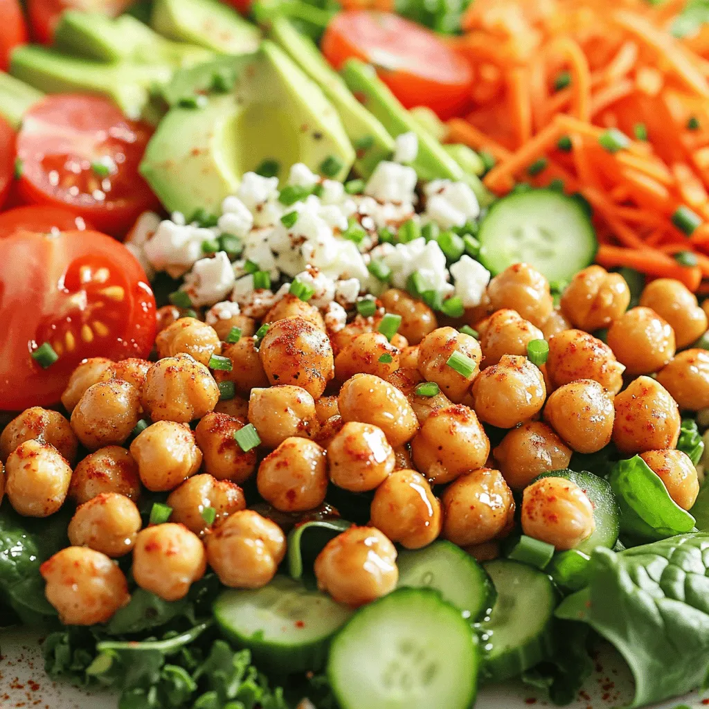 To make a delicious Chick-fil-A Cobb Salad, gather these key ingredients: - 1 can (15 oz) chickpeas, drained and thoroughly rinsed - 1 tablespoon extra virgin olive oil - 1 teaspoon smoked paprika - 1/2 teaspoon garlic powder - Sea salt and freshly cracked pepper, to taste - 4 cups mixed greens (a blend of spinach, romaine, and kale) - 1 cup cherry tomatoes, halved - 1 cup cucumber, diced - 1 ripe avocado, diced - 1/2 cup shredded carrots - 1/2 cup crumbled feta cheese - 1/4 cup fresh chives, finely chopped - 1/4 cup balsamic dressing Each ingredient contributes to the salad's freshness and nutrition. - Chickpeas: Rich in protein, fiber, and healthy carbs. - Mixed greens: Low in calories and high in vitamins A and C. - Cherry tomatoes: Full of antioxidants and vitamins. - Cucumber: Hydrating and low in calories. - Avocado: Packed with healthy fats and fiber. - Carrots: Great source of beta-carotene and fiber. - Feta cheese: Adds flavor and protein. - Chives: Provide a mild onion flavor and extra nutrients. - Balsamic dressing: Gives a tangy zest and healthy fats. You can customize your Chick-fil-A Cobb Salad to fit your taste. Here are some ideas: - Alternative toppings: Consider grilled chicken strips or bacon bits for extra protein. - Dressings: Try ranch, honey mustard, or a vinaigrette for different flavors. - Vegetarian options: Replace chicken with extra chickpeas or tofu for protein. - Vegan options: Omit feta cheese and use a plant-based dressing. Feel free to mix and match these toppings to create a salad that suits your preferences. For the full recipe, check out the Crispy Chickpea Cobb Salad section. To make crispy chickpeas, start by preheating your oven to 400°F (200°C). Take one can of chickpeas, drain them, and rinse them well. This step removes excess starch. After rinsing, spread the chickpeas evenly on a baking sheet. Make sure they are in a single layer for even roasting. Next, drizzle one tablespoon of extra virgin olive oil over the chickpeas. Then, sprinkle one teaspoon of smoked paprika, half a teaspoon of garlic powder, sea salt, and freshly cracked pepper to taste. Toss the chickpeas until they are fully coated in the oil and spices. Roast them in the oven for 20-25 minutes. Stir them halfway through to ensure they cook evenly. When they turn golden brown and crispy, take them out and let them cool before adding them to your salad. For the salad base, grab a large bowl and add four cups of mixed greens. I like to use a blend of spinach, romaine, and kale for a colorful mix. Next, layer the ingredients on top. Add one cup of halved cherry tomatoes, one cup of diced cucumber, and one ripe avocado diced into bite-sized pieces. Then, include half a cup of shredded carrots and half a cup of crumbled feta cheese. Finish the layering with a quarter cup of finely chopped fresh chives. This colorful display makes the salad not just tasty but also visually appealing. Once your crispy chickpeas have cooled, add them to the salad. Drizzle about a quarter cup of balsamic dressing over everything. Now, it’s time to toss the salad. Use tongs or a large fork to mix the ingredients gently. This helps to combine the flavors without breaking the delicate greens. Serve the salad right away for the freshest taste. If you want deeper flavors, let it sit in the fridge for up to an hour before serving. For a nice touch, you can arrange the salad in individual bowls. A sprinkle of feta and a few whole chives on top make for an attractive presentation. To make crispy chickpeas, first, rinse and drain them well. This step is key. Spread them on a baking sheet in a single layer. This helps them roast evenly. Drizzle with olive oil, then season with smoked paprika and garlic powder. Toss them to coat. Roast at 400°F (200°C) for 20-25 minutes. Stir halfway through to ensure they cook well. If they start to look golden brown, they are ready! You can boost flavors in your Cobb Salad with fresh herbs. Try adding parsley or cilantro for a fresh kick. A squeeze of lemon juice brightens everything up. You can also use different spices. Add chili powder for heat or cumin for warmth. If you like it creamy, consider adding a dollop of Greek yogurt or avocado dressing. To make your salad look stunning, use a large bowl. Layer the ingredients nicely. Start with the mixed greens at the bottom. Then, add colorful veggies like cherry tomatoes and cucumbers. Finish with chickpeas on top. For an extra flair, sprinkle more feta cheese and garnish with chives. You can serve it in individual bowls too. This makes it look special and ready to enjoy! {{image_4}} You can change up your Cobb salad with fresh, seasonal ingredients. In spring, try adding sweet peas or asparagus for a crunchy touch. During summer, colorful bell peppers and juicy peaches add sweetness and flavor. In fall, roasted butternut squash or apples bring warmth to the dish. Winter is perfect for incorporating hearty vegetables like Brussels sprouts or kale. These swaps keep your salad exciting and reflect what’s fresh at the market. When it comes to dressings, the right choice can enhance your salad. Balsamic dressing pairs well with the sweetness of tomatoes and the creaminess of avocado. A lemon vinaigrette adds brightness and zest, making each bite pop. For a creamy touch, ranch or blue cheese dressing works great with the rich feta and chickpeas. Experiment to find your favorite combination! You can easily adapt this salad for different diets. For a gluten-free option, stick with naturally gluten-free ingredients like fresh vegetables and chickpeas. If you want to go low-carb, replace the chickpeas with grilled chicken or turkey. You can also skip the feta cheese or choose a dairy-free alternative to fit vegan needs. These changes allow everyone to enjoy this delicious dish! To keep your Chick-fil-A Cobb Salad fresh, store it in an airtight container. Separate the dressing from the salad. This prevents sogginess. Place leftover salad in the fridge and consume it within 2 days. If you expect to have leftovers, prepare only what you plan to eat. If you have leftover crispy chickpeas, you can reheat them. Preheat your oven to 350°F (175°C). Spread the chickpeas on a baking sheet. Heat them for about 10 minutes. This will help restore their crunch. Avoid using the microwave; it makes them soft. For quick meals, prep your ingredients ahead. Wash and chop the mixed greens, tomatoes, and cucumbers. Store them in separate containers. Roast your chickpeas in advance too. When you are ready to eat, simply combine everything. This way, you enjoy a fresh salad in minutes. For the full recipe, check the detailed steps above. Chick-fil-A Cobb Salad stands out with its blend of fresh flavors and textures. It features crispy greens, juicy tomatoes, and savory bacon. The salad also includes a blend of cheese and creamy dressing, making it a filling choice. Unlike other salads, it combines protein-rich grilled chicken with hard-boiled eggs. This mix of ingredients creates a satisfying meal that feels gourmet. Yes, you can easily customize your Chick-fil-A Cobb Salad. If you prefer a different protein, try adding grilled nuggets or spicy chicken. You can also swap out ingredients like cheese or veggies based on your taste. For a lighter option, you might skip the bacon or cheese. Add extra toppings like avocado or nuts for more flavor and crunch. When we compare Chick-fil-A Cobb Salad to other menu salads, it offers a balanced mix of nutrients. It typically has more protein due to the chicken and eggs, which helps keep you full. It also provides a good amount of fiber from the greens and veggies. While some salads might be lower in calories, the Cobb Salad gives you a hearty meal option. It’s a great choice for those looking for nutrition without sacrificing taste. This blog post covered how to make a tasty Chick-fil-A Cobb Salad. We discussed the main ingredients, their health benefits, and how to customize your salad with extra toppings. I walked you through easy steps for preparing crispy chickpeas and assembling your salad. Remember to try seasonal swaps and use creative dressings for added flavor. Proper storage keeps leftovers fresh, and meal prep saves time. With this guide, you can enjoy a healthy, flavorful salad anytime. Embrace your creativity and enjoy your cooking journey!
