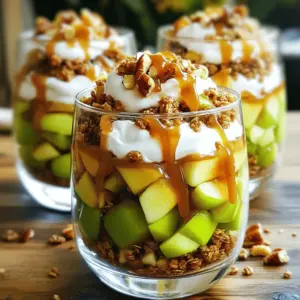 - 4 medium-sized apples (choose between Granny Smith or Honeycrisp), peeled, cored, and diced into bite-sized pieces - 1 cup of your favorite granola mix (consider one with nuts or dried fruit for added texture) - 1 cup of light whipped cream or store-bought whipped topping - 1/2 cup of caramel sauce (choose store-bought for convenience or make your own) - 1/2 teaspoon of ground cinnamon - Optional: Chopped nuts (like pecans or walnuts) for added crunch and garnish You can swap the apples for pears if you want a different taste. For granola, use crushed cookies for a sweeter touch. If you need a dairy-free option, try coconut whipped cream instead. For a sugar-free option, look for sugar-free caramel sauce. These swaps keep the spirit of the recipe while adding your personal touch. Choose firm apples for the best crunch. Granny Smith apples give a tangy flavor, while Honeycrisp offers a sweet bite. Always look for apples with smooth skin and no bruises. If you can, smell the apples. A fresh apple will have a sweet, fruity scent. Buy organic apples when possible to avoid pesticides. 1. Start by peeling and coring your apples. Choose Granny Smith or Honeycrisp for a mix of tart and sweet. 2. Dice the apples into small, bite-sized pieces. Place them in a bowl. 3. Sprinkle the ground cinnamon over the diced apples. Toss the apples gently to coat them well. 4. Grab your serving glasses or bowls. This is where the magic happens! 5. Spoon a layer of the cinnamon apples into the bottom of each glass. Make sure it’s even. 6. Next, sprinkle a layer of granola over the apples. This adds a nice crunch. 7. Drizzle caramel sauce over the granola. The sauce adds sweetness. 8. Add a generous spoonful of whipped cream on top of the caramel. This will make it light and fluffy. 9. Repeat the layers: apples, granola, caramel, and whipped cream until the glasses are full. 10. Finish with a nice dollop of whipped cream on top. - Use clear glasses to show off those beautiful layers. - Make each layer distinct for a stunning look. - For the top layer, a drizzle of caramel creates a nice visual. - A sprinkle of chopped nuts can add style and crunch. - Prepare your apples ahead of time. Store them in water with lemon to keep them fresh. - Set out all your ingredients before you start. This saves time. - You can layer the parfaits in about 15 minutes if you follow the steps closely. - Chill the parfaits for at least 30 minutes before serving for the best flavor. Creating this Autumn Caramel Apple Parfait is simple and fun. Follow these steps to delight your guests. Enjoy the Full Recipe for all the details! You can prepare this dessert a day in advance. Just follow the steps but leave off the whipped cream and nuts. Layer the apples, granola, and caramel in your glasses. Store them in the fridge. When you're ready to serve, add the whipped cream and nuts on top. This keeps the crunch intact! When serving, use clear glasses for a pretty view of the layers. Place the glasses on a nice tray or a wooden board. You can add small spoons for easy eating. For a festive touch, use cinnamon sticks as a stirrer. This adds charm and flavor! One mistake is overloading the layers. Keep it balanced for the best taste. Another is using too much caramel. A little goes a long way! Lastly, avoid cutting the apples too small. Larger pieces stay crisp and look nice in the parfait. {{image_4}} You can easily change up the flavors in your parfait. Try using pears instead of apples. Pears bring a sweet and juicy twist. You might also add pumpkin puree to the whipped cream. This gives a rich autumn flavor. Mix in spices like nutmeg or ginger for warmth. These spices match perfectly with fall vibes. Maple syrup can replace caramel for a different sweetness. The toppings can change your parfait’s taste. Use toasted coconut for a tropical touch. You could also sprinkle some chocolate chips for a sweet bite. Swap granola for crushed cookies if you want a fun texture. For a nutty flavor, add almond slices or sunflower seeds. These will give an extra crunch and nutrition. Fresh berries like raspberries or blueberries can add a burst of color too. It’s easy to make this dessert fit different diets. For a vegan option, use coconut cream instead of whipped cream. Maple syrup works well as a sweetener. Choose gluten-free granola or nuts for those needing gluten-free options. If someone is nut-free, skip the nuts and choose seeds instead. You can adapt this recipe to make sure everyone enjoys the dessert. Remember, everyone deserves a delicious treat! To store your parfaits, use airtight containers. This keeps them fresh and tasty. If you made individual servings, cover each glass tightly with plastic wrap. Avoid letting them sit out for too long. The apples can brown and the layers may mix. Store the parfaits in the fridge until serving time. Your parfaits will stay fresh for about three days in the fridge. After that, the apples may lose their crunch. The whipped cream might also start to separate. Try to eat them within this time for the best flavor and texture. Freezing parfaits is tricky because of the textures. If you want to freeze them, you can freeze the apple mixture and granola separately. The whipped cream does not freeze well. When ready to eat, thaw the apple mixture in the fridge overnight. Assemble your parfaits fresh with the granola and whipped cream. This keeps it all nice and crunchy. For the full recipe, check the earlier section. Enjoy making your Autumn Caramel Apple Parfait! Yes, you can skip the caramel sauce. You can use honey or maple syrup instead. Both add sweetness and flavor. You can also try yogurt for a creamy taste. Just remember, it may change the parfait's taste a bit. You can use many fruits in your parfaits. Berries like strawberries and blueberries work great. Pears and peaches also add a nice flavor. Bananas can give a creamy texture as well. Mix and match your favorite fruits to find the best combo for you. To keep parfaits crisp, layer them right before serving. Use less liquid in your fruits and add granola last. You can also separate granola in a bag until serving. This keeps it crunchy and fresh. Always chill your parfaits to help flavors blend without making them mushy. To summarize, making the Autumn Caramel Apple Parfait is fun and easy. You learned about selecting the best apples, ingredient substitutions, and quick assembly tips. Remember to layer carefully for a beautiful look. Planning ahead can save you time. Customizing the parfait for diets can impress your guests. Proper storage keeps your treats fresh. Now, go ahead and create this delicious dessert for your next fall gathering!