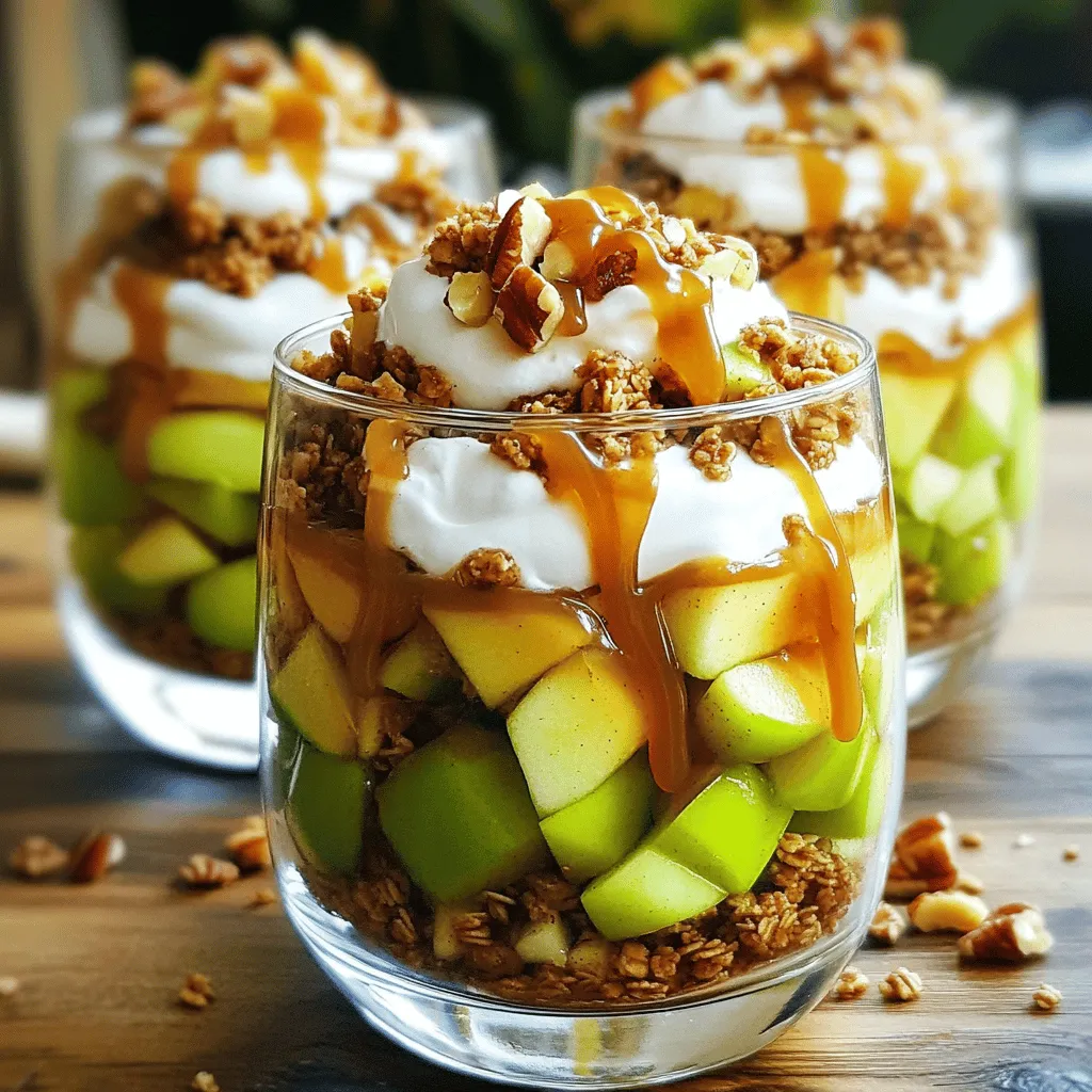 - 4 medium-sized apples (choose between Granny Smith or Honeycrisp), peeled, cored, and diced into bite-sized pieces - 1 cup of your favorite granola mix (consider one with nuts or dried fruit for added texture) - 1 cup of light whipped cream or store-bought whipped topping - 1/2 cup of caramel sauce (choose store-bought for convenience or make your own) - 1/2 teaspoon of ground cinnamon - Optional: Chopped nuts (like pecans or walnuts) for added crunch and garnish You can swap the apples for pears if you want a different taste. For granola, use crushed cookies for a sweeter touch. If you need a dairy-free option, try coconut whipped cream instead. For a sugar-free option, look for sugar-free caramel sauce. These swaps keep the spirit of the recipe while adding your personal touch. Choose firm apples for the best crunch. Granny Smith apples give a tangy flavor, while Honeycrisp offers a sweet bite. Always look for apples with smooth skin and no bruises. If you can, smell the apples. A fresh apple will have a sweet, fruity scent. Buy organic apples when possible to avoid pesticides. 1. Start by peeling and coring your apples. Choose Granny Smith or Honeycrisp for a mix of tart and sweet. 2. Dice the apples into small, bite-sized pieces. Place them in a bowl. 3. Sprinkle the ground cinnamon over the diced apples. Toss the apples gently to coat them well. 4. Grab your serving glasses or bowls. This is where the magic happens! 5. Spoon a layer of the cinnamon apples into the bottom of each glass. Make sure it’s even. 6. Next, sprinkle a layer of granola over the apples. This adds a nice crunch. 7. Drizzle caramel sauce over the granola. The sauce adds sweetness. 8. Add a generous spoonful of whipped cream on top of the caramel. This will make it light and fluffy. 9. Repeat the layers: apples, granola, caramel, and whipped cream until the glasses are full. 10. Finish with a nice dollop of whipped cream on top. - Use clear glasses to show off those beautiful layers. - Make each layer distinct for a stunning look. - For the top layer, a drizzle of caramel creates a nice visual. - A sprinkle of chopped nuts can add style and crunch. - Prepare your apples ahead of time. Store them in water with lemon to keep them fresh. - Set out all your ingredients before you start. This saves time. - You can layer the parfaits in about 15 minutes if you follow the steps closely. - Chill the parfaits for at least 30 minutes before serving for the best flavor. Creating this Autumn Caramel Apple Parfait is simple and fun. Follow these steps to delight your guests. Enjoy the Full Recipe for all the details! You can prepare this dessert a day in advance. Just follow the steps but leave off the whipped cream and nuts. Layer the apples, granola, and caramel in your glasses. Store them in the fridge. When you're ready to serve, add the whipped cream and nuts on top. This keeps the crunch intact! When serving, use clear glasses for a pretty view of the layers. Place the glasses on a nice tray or a wooden board. You can add small spoons for easy eating. For a festive touch, use cinnamon sticks as a stirrer. This adds charm and flavor! One mistake is overloading the layers. Keep it balanced for the best taste. Another is using too much caramel. A little goes a long way! Lastly, avoid cutting the apples too small. Larger pieces stay crisp and look nice in the parfait. {{image_4}} You can easily change up the flavors in your parfait. Try using pears instead of apples. Pears bring a sweet and juicy twist. You might also add pumpkin puree to the whipped cream. This gives a rich autumn flavor. Mix in spices like nutmeg or ginger for warmth. These spices match perfectly with fall vibes. Maple syrup can replace caramel for a different sweetness. The toppings can change your parfait’s taste. Use toasted coconut for a tropical touch. You could also sprinkle some chocolate chips for a sweet bite. Swap granola for crushed cookies if you want a fun texture. For a nutty flavor, add almond slices or sunflower seeds. These will give an extra crunch and nutrition. Fresh berries like raspberries or blueberries can add a burst of color too. It’s easy to make this dessert fit different diets. For a vegan option, use coconut cream instead of whipped cream. Maple syrup works well as a sweetener. Choose gluten-free granola or nuts for those needing gluten-free options. If someone is nut-free, skip the nuts and choose seeds instead. You can adapt this recipe to make sure everyone enjoys the dessert. Remember, everyone deserves a delicious treat! To store your parfaits, use airtight containers. This keeps them fresh and tasty. If you made individual servings, cover each glass tightly with plastic wrap. Avoid letting them sit out for too long. The apples can brown and the layers may mix. Store the parfaits in the fridge until serving time. Your parfaits will stay fresh for about three days in the fridge. After that, the apples may lose their crunch. The whipped cream might also start to separate. Try to eat them within this time for the best flavor and texture. Freezing parfaits is tricky because of the textures. If you want to freeze them, you can freeze the apple mixture and granola separately. The whipped cream does not freeze well. When ready to eat, thaw the apple mixture in the fridge overnight. Assemble your parfaits fresh with the granola and whipped cream. This keeps it all nice and crunchy. For the full recipe, check the earlier section. Enjoy making your Autumn Caramel Apple Parfait! Yes, you can skip the caramel sauce. You can use honey or maple syrup instead. Both add sweetness and flavor. You can also try yogurt for a creamy taste. Just remember, it may change the parfait's taste a bit. You can use many fruits in your parfaits. Berries like strawberries and blueberries work great. Pears and peaches also add a nice flavor. Bananas can give a creamy texture as well. Mix and match your favorite fruits to find the best combo for you. To keep parfaits crisp, layer them right before serving. Use less liquid in your fruits and add granola last. You can also separate granola in a bag until serving. This keeps it crunchy and fresh. Always chill your parfaits to help flavors blend without making them mushy. To summarize, making the Autumn Caramel Apple Parfait is fun and easy. You learned about selecting the best apples, ingredient substitutions, and quick assembly tips. Remember to layer carefully for a beautiful look. Planning ahead can save you time. Customizing the parfait for diets can impress your guests. Proper storage keeps your treats fresh. Now, go ahead and create this delicious dessert for your next fall gathering!