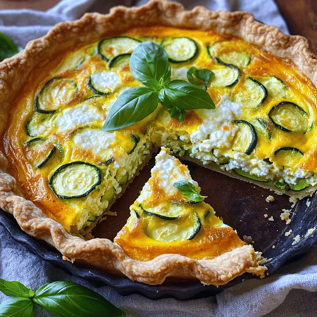 To create a delicious Cottage Cheese Zucchini Quiche, gather these simple items: - 1 pre-made pie crust (store-bought or homemade) - 1 medium zucchini, grated - 1 cup cottage cheese - 3 large eggs - 1 cup shredded mozzarella cheese - 1/2 cup grated Parmesan cheese - 1 small onion, finely chopped - 2 cloves garlic, minced - 1 teaspoon dried oregano - 1 teaspoon salt - 1/2 teaspoon black pepper - 1 tablespoon olive oil - Fresh basil leaves, for garnish (optional) You can switch things up with some optional ingredients. Consider adding: - Cooked bacon or ham for extra protein - Fresh spinach for added greens - Different cheeses like feta or cheddar - Fresh herbs like thyme or dill for a flavor boost Using fresh ingredients can make your quiche taste amazing. Fresh zucchini has a crisp texture and bright flavor. Fresh herbs add a burst of aroma and taste. The quality of your cheese matters too. Choose good mozzarella and Parmesan for the best results. Fresh ingredients not only enhance flavor but also provide better nutrition. Always aim for the freshest produce you can find when making this quiche. For the full recipe, check the details above. Start your quiche by preheating the oven to 375°F (190°C). This helps the quiche cook evenly. While it heats, gather your ingredients. You need a pre-made pie crust, zucchini, cottage cheese, eggs, mozzarella, Parmesan, onion, garlic, oregano, salt, and pepper. Grate the zucchini and chop the onion. Mince the garlic. These steps lay the foundation for a tasty quiche. In a medium skillet, heat one tablespoon of olive oil over medium heat. Add the chopped onion and minced garlic. Sauté them for about 3-4 minutes. You want them soft and fragrant. Next, add the grated zucchini. Cook for another 3-4 minutes, stirring often. The zucchini will soften and release moisture. Once done, take it off the heat and let it cool a bit. Grab a large mixing bowl. Whisk the three eggs until frothy. Then add one cup of cottage cheese, one cup of shredded mozzarella, and half a cup of grated Parmesan. Mix in one teaspoon of dried oregano, one teaspoon of salt, and half a teaspoon of black pepper. Stir until everything is well combined. This mixture is the heart of your quiche. Now, fold the sautéed zucchini and onion mixture into the egg and cheese mixture. Make sure it’s evenly mixed. Carefully pour this filling into the pre-made pie crust. Use a spatula to spread it out smoothly. This step ensures each slice has a good mix of flavors. Place the quiche in your preheated oven. Bake for 30-35 minutes. Keep an eye on it. The center should set, and the top should turn a light golden color. Once baked, remove it from the oven. Let it cool for 5-10 minutes before slicing. This resting time helps the quiche firm up, making it easier to serve. Enjoy your delicious creation! For the full recipe, refer back to the ingredients listed above. To cook zucchini for quiche, start by grating it. Grating helps it blend well with other ingredients. Sauté the grated zucchini in a pan with oil. Cook it for a few minutes until soft. This step removes excess water. Less moisture means a firmer quiche. Always season your zucchini with salt. Salt draws out more water, helping it cook down. For a crisp crust, blind bake your pie crust first. This means baking it without filling. Use pie weights or dried beans to keep it flat. Bake it for about ten minutes at 375°F. Let it cool before adding your filling. A pre-baked crust keeps it from being soggy. If you want extra flavor, brush the crust with olive oil before baking. This quiche pairs well with a light salad. A fresh green salad adds crunch and color. You can also serve it with a dollop of sour cream or yogurt. For a heartier meal, add crusty bread or roasted veggies. Feel free to garnish with fresh herbs like basil or parsley for extra taste. Oven temperatures can vary. Always check your quiche a few minutes early. If your oven runs hot, it may cook faster. Look for a light golden color on top. The center should be set but still slightly jiggly. If your quiche needs more time, bake it in five-minute intervals. This way, you avoid overcooking. For the full recipe, check out the Cottage Cheese Zucchini Quiche section! {{image_4}} You can add protein to your quiche for extra flavor and nutrition. Bacon brings a crispy, salty taste. Simply cook it until crispy, crumble it, and mix it in with the other ingredients. Ham is another great choice. Chop it into small pieces and fold it into the mix. For a lighter option, consider spinach. Just sauté fresh spinach until wilted and add it to your filling. Each option will give your quiche a tasty twist. While mozzarella and Parmesan are classic, feel free to experiment with other cheeses. Feta adds a tangy flavor. Crumble it into your mixture for a Mediterranean flair. Cheddar cheese gives your quiche a rich, sharp taste. Shred it and mix it in with the other cheeses. You can even combine different cheeses to create your perfect flavor blend. If you prefer a gluten-free quiche, try an almond flour crust. It’s easy to make. Just mix almond flour with melted butter and a pinch of salt. Press it into your pie dish and bake it briefly before adding your filling. This crust will give a nutty flavor and a satisfying crunch. It’s a great way to enjoy your quiche while avoiding gluten. For the complete recipe, check out the Full Recipe. To keep your leftover quiche fresh, let it cool first. Once cool, wrap each slice in plastic wrap. You can also place the slices in an airtight container. Store it in the fridge for up to three days. This keeps the flavors intact and prevents it from drying out. If you want to save some quiche for later, freezing is a great option. First, slice the quiche into wedges. Wrap each slice tightly in plastic wrap, then place them in a freezer bag or container. Label the bag with the date. You can freeze it for up to three months. This way, you’ll have a tasty meal ready when you need it. When you're ready to enjoy your quiche again, preheat your oven to 350°F (175°C). Place the slices on a baking sheet. Cover them loosely with foil to keep moisture in. Bake for about 15-20 minutes, or until heated through. This method keeps the crust crispy and the filling warm. If you’re in a hurry, you can also use the microwave. Heat the slice for 1-2 minutes, but the oven gives better results. Enjoy your Cottage Cheese Zucchini Quiche just like it was fresh! For the full recipe, check the previous sections. Yes, you can make this quiche ahead of time. After baking, let it cool completely. Cover it well and store it in the fridge. It stays fresh for up to three days. You can also reheat it in the oven for a warm meal. This makes it a great option for busy days or meal prep. If you don't have a pie crust, you can use other options. A layer of cooked rice or quinoa works well. You can also make a crust using mashed potatoes. Just press them into the dish to create a base. This keeps the filling intact and adds extra flavor. You can use frozen zucchini, but there are some tips. Thaw it completely and drain the excess water. This helps avoid a soggy quiche. Frozen zucchini can work well, especially if fresh zucchini isn't available. To boost the health factor of your quiche, try these ideas: - Use whole grain crust or skip the crust. - Add more vegetables like spinach or bell peppers. - Substitute low-fat cottage cheese for a lighter version. - Reduce cheese amounts and add herbs for flavor. These options enhance the nutrition without losing taste. Enjoy your delicious and healthy Cottage Cheese Zucchini Quiche! For the full recipe, check the earlier section. Cottage cheese zucchini quiche offers a great blend of flavors and nutrition. We explored the key ingredients, step-by-step cooking, and tips for a perfect dish. Remember to use fresh ingredients for the best taste. You can customize it with proteins or different cheeses to fit your taste. Store leftovers well, and it will be just as tasty later. Enjoy making this easy quiche as a healthy meal or snack option! Each bite will remind you why you love cooking with fresh foods.