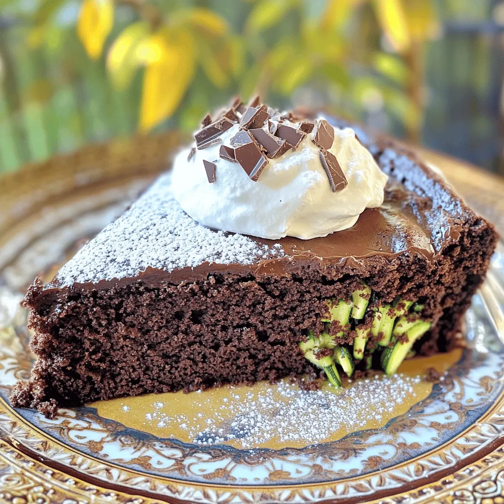 To make a rich and moist chocolate zucchini cake, gather these key ingredients: - 1 ½ cups all-purpose flour - ½ cup unsweetened cocoa powder - 1 tsp baking soda - ½ tsp baking powder - ½ tsp salt - 1 cup granulated sugar - ½ cup brown sugar, packed - ¾ cup vegetable oil - 3 large eggs - 2 tsp vanilla extract - 1 ½ cups grated zucchini (about 1 medium zucchini) These ingredients create the perfect balance of flavors in your cake. You can add extra flavors and textures by including optional mix-ins: - ½ cup semi-sweet chocolate chips - ¼ cup chopped walnuts These add-ins can make your cake even more delightful! Sometimes, you may not have all the ingredients. Here are some swaps you can use: - Instead of all-purpose flour, use whole wheat flour for a healthier option. - Replace vegetable oil with applesauce for a lower-fat cake. - If you want to skip eggs, try using ½ cup of yogurt as a binder. These substitutions can make your cake fit your needs while keeping it delicious. For the full recipe, check the complete details provided earlier. Start by preheating your oven to 350°F (175°C). While the oven warms up, grab a 9x13 inch baking pan. Grease and flour it well. Alternatively, you can line the pan with parchment paper. This makes removing the cake easy later on. In a medium bowl, whisk together these dry ingredients: - 1 ½ cups all-purpose flour - ½ cup unsweetened cocoa powder - 1 tsp baking soda - ½ tsp baking powder - ½ tsp salt Mix them well until they are fully combined. Set this bowl aside for now. Take a large mixing bowl and add: - 1 cup granulated sugar - ½ cup brown sugar, packed - ¾ cup vegetable oil Mix these ingredients together until they are smooth and glossy. This step is key for a moist cake. Next, add three large eggs one at a time. Make sure each egg mixes in fully before adding the next. Finally, stir in 2 tsp of vanilla extract to boost the flavor. Now it's time to add the star of the cake: the zucchini. Grate 1 ½ cups of zucchini. Fold this into your wet mixture carefully. Make sure the zucchini spreads evenly throughout the batter. If you want a little extra treat, you can also fold in: - ½ cup semi-sweet chocolate chips (optional) - ¼ cup chopped walnuts (optional) These add-ins give the cake a delightful texture and rich flavor. Pour your thick batter into the prepared pan. Use a spatula to smooth the top for even baking. Bake the cake in the preheated oven for about 30 to 35 minutes. To check if it's done, stick a toothpick in the center. If it comes out clean, your cake is ready. Once baked, take the pan out of the oven. Let it cool in the pan for about 10 minutes. After that, move the cake to a wire rack to cool completely. You can find the full recipe for more details. To get a moist and fluffy cake, start with fresh zucchini. Grate it finely and squeeze out excess moisture. This helps keep the cake from getting soggy. Mix the dry and wet ingredients separately first. Then, combine them gently to avoid overmixing. Overmixing can lead to a dense cake, which we want to avoid. One common mistake is using too much flour. Always measure it correctly. Too much flour can make your cake dry. Another mistake is not checking the doneness. Use a toothpick to test the center. If it comes out clean, your cake is ready. If you take it out too soon, the center may be gooey. You can add unique flavors to your cake. Try adding a teaspoon of cinnamon or nutmeg for warmth. For a richer taste, mix in coffee or espresso powder. If you want a double chocolate treat, add more chocolate chips. You can also swap out the zucchini for carrots for a different twist. These variations can elevate your cake and keep it exciting. For the complete details on how to make this delightful cake, check out the Full Recipe. {{image_4}} You can easily make this chocolate zucchini cake gluten-free. Just swap the all-purpose flour for a gluten-free flour blend. Make sure the blend you choose has a good structure, like one that includes xanthan gum. This change keeps the cake moist and delicious while being safe for those with gluten sensitivities. If you want a vegan version, replace the eggs with flaxseed meal. Mix 1 tablespoon of flaxseed meal with 2.5 tablespoons of water for each egg. Let it sit for a few minutes until it thickens. You can also use unsweetened applesauce instead of eggs. Replace the vegetable oil with a neutral oil like canola or melt coconut oil for a tasty twist. This way, you keep the cake moist and rich without using animal products. To spice up your chocolate zucchini cake, consider adding a pinch of cinnamon or nutmeg. These spices bring warmth and depth to the cake. You can also enhance the flavor with extracts. A splash of almond extract or a hint of orange zest can make a big difference. If you like a little kick, try adding a touch of espresso powder. This addition can elevate the chocolate flavor and make it even more rich and inviting. You can find the full recipe for this delightful chocolate zucchini cake above to get started on your baking journey! To keep your chocolate zucchini cake fresh, store it in an airtight container. This helps prevent it from drying out. You can also wrap it tightly in plastic wrap. If you want to keep the cake for longer, place it in the fridge. Just remember to let it cool completely before wrapping. This keeps the moisture in and the cake soft. If you want to freeze the cake, slice it first. Wrap each slice in plastic wrap. Then, place the wrapped slices in a freezer bag. This way, you can take out just what you need. When you are ready to eat, thaw the slices in the fridge overnight. For a quicker option, you can let them sit at room temperature for a few hours. Your chocolate zucchini cake lasts about three days at room temperature. If stored in the fridge, it can last up to a week. In the freezer, it stays good for about three months. Always check for any signs of spoilage before eating. Enjoy the cake while it's fresh for the best taste! You can find the full recipe earlier in this article. Absolutely! Chocolate zucchini cake is perfect for any event. Its rich taste and moist texture impress everyone. You can serve it at birthdays, family gatherings, or potlucks. Many people love the surprise of zucchini hidden in a sweet cake. It adds moisture without changing the flavor. You can dress it up with a nice frosting. Or, serve it plain and let the chocolate shine. Either way, it will be a hit! To check if the cake is done, insert a toothpick into the center. If it comes out clean or with a few crumbs, the cake is ready. It usually takes about 30-35 minutes at 350°F. Keep an eye on it, as ovens can vary. If the top looks too dark but the toothpick is not clean, cover it with foil. This prevents burning while it finishes baking. You have many tasty options to serve with chocolate zucchini cake. Here are a few ideas: - A scoop of vanilla ice cream adds a creamy touch. - Whipped cream gives it a light, fluffy feel. - Fresh berries can add a pop of color and flavor. - Chocolate sauce drizzled on top enhances the chocolate flavor. - A light dusting of powdered sugar makes it look fancy. Explore these options to find your favorite combo! You can find the full recipe for the cake above. In this blog post, we explored making a delicious chocolate zucchini cake. We discussed key ingredients and fun mix-ins. The step-by-step guide helps you prep and bake with ease. I shared tips for the best texture and common mistakes to avoid. Plus, there are variations for gluten-free and vegan diets. Finally, we covered storage tips to keep your cake fresh. Enjoy baking, and have fun experimenting with your own twists on this tasty treat!