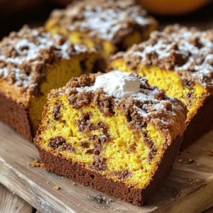 - 1 ½ cups all-purpose flour - 1 teaspoon baking powder - 1 teaspoon baking soda - ½ teaspoon salt - 1 teaspoon ground cinnamon - ½ teaspoon ground nutmeg - ½ teaspoon ground ginger - ½ cup granulated sugar - ½ cup brown sugar, tightly packed - ½ cup vegetable oil - 1 cup pumpkin puree (canned or freshly made) - 2 large eggs - 1 teaspoon vanilla extract - 1 cup semi-sweet chocolate chips - Streusel Topping: - ¼ cup all-purpose flour - ¼ cup brown sugar, tightly packed - 2 tablespoons cold butter, diced into small pieces - ½ teaspoon ground cinnamon To make Pumpkin Chocolate Chip Streusel Bread, you need a mix of dry and wet ingredients. Start with dry ones. You will need flour, baking powder, baking soda, salt, and spices. The spices add warmth and depth. For the wet ingredients, combine both sugars with oil. Then, mix in pumpkin puree, eggs, and vanilla. The puree gives it moisture and flavor. Next, you’ll add chocolate chips. They add sweetness and a lovely texture. Don't forget the streusel topping! It adds crunch and flavor. The topping combines flour, brown sugar, butter, and cinnamon. All these ingredients come together to create a delicious bread. If you want to see the complete process, check the Full Recipe. - Preheat oven to 350°F (175°C) - Grease a 9x5 inch loaf pan Start by preheating your oven. This step is key to getting that perfect bake. Grease the loaf pan well. It helps the bread slide out without sticking. - Combine flour, baking powder, baking soda, salt, and spices - Whisk until evenly mixed In a medium bowl, mix the dry ingredients. Combine the flour, baking powder, baking soda, salt, and spices like cinnamon and nutmeg. Whisk them well. This helps the flavors blend together. - Blend sugars and vegetable oil - Add pumpkin puree, eggs, and vanilla; mix until smooth In a larger bowl, blend the sugars with the vegetable oil. Make sure there are no lumps. Then, add the pumpkin puree, eggs, and vanilla. Mix until it’s smooth and creamy. - Gradually incorporate dry ingredients into wet mixture - Stir until just combined; fold in chocolate chips Now, take the dry mix and add it to the wet mix. Stir gently until just combined. You want it mixed, but not overworked. Finally, fold in the chocolate chips. This adds sweetness and richness to the bread. - Prepare streusel topping and sprinkle over the batter - Bake for 55-65 minutes; check with a toothpick For the streusel, mix flour, brown sugar, and cold butter in a small bowl. Use your fingers to make crumbs. Sprinkle this over the batter in the loaf pan. Now, bake it! Set a timer for 55-65 minutes. Use a toothpick to check doneness. It should come out clean or with a few moist crumbs. - Cool in the pan for 10 minutes - Transfer to wire rack to cool completely Once baked, let the bread cool in the pan for about 10 minutes. This helps it set. Then, flip it onto a wire rack to cool completely. Enjoy the sweet aroma filling your kitchen! For the Full Recipe, check the details above. To make great pumpkin chocolate chip streusel bread, start with correct measurements. Weighing or measuring cups can help. This step ensures your bread rises well and has the right texture. Next, mix gently. Overmixing can make the bread tough. Stir until you see no dry flour, but leave some lumps. This keeps the bread tender and soft. You can serve this bread warm or at room temperature. Warm bread tastes best, and the chocolate chips melt slightly. For a fun twist, spread cream cheese on each slice. You can also sprinkle powdered sugar on top. This adds a sweet touch and makes it look pretty. To boost the flavor, you can add extra spices. Try more cinnamon or a pinch of cloves. This gives the bread a warm taste. Also, experiment with different chocolate chips. Use dark, white, or even milk chocolate. Each type adds its own unique flavor. For the full recipe, check out the details above. {{image_4}} You can add walnuts or pecans to the batter. These nuts bring a lovely crunch. Chopped nuts blend well with the soft bread. They also add extra flavor and nutrition. Just fold them in gently before baking. If you need a gluten-free option, use a gluten-free flour blend. This swap works well for those avoiding gluten. The taste and texture remain delightful with this change. Make sure to check your flour blend for best results. Want to switch it up? Add dried fruit like cranberries or raisins. These fruits complement the pumpkin and chocolate nicely. They add sweetness and chewiness to each bite. Feel free to experiment with your favorite dried fruits! For detailed instructions, check out the Full Recipe. You can store the bread wrapped in plastic wrap for up to 3 days. This keeps it fresh and moist. I recommend placing it in a cool, dry spot in your kitchen. If you want it to last longer, keep it in the fridge for up to 1 week. Just make sure to wrap it well to prevent it from drying out. Chilling can make the flavors even better! For longer storage, freeze slices in an airtight container for up to 3 months. This way, you can enjoy a slice whenever you crave it. Just let it thaw on the counter or warm it up in the oven for a fresh taste. You can find the full recipe in the earlier section if you want to make this delicious bread! Yes, ensure it’s well-pureed. Fresh pumpkin can add a nice touch. Just roast and mash it until smooth. A toothpick should come out clean or with moist crumbs. If it comes out wet, bake a bit longer. Yes, substitute vegetable oil and use dairy-free chocolate. This change keeps it soft and tasty. Add more granulated or brown sugar to the batter. Start with a tablespoon more and taste. Absolutely! It makes a great breakfast bread or snack. Enjoy a slice with coffee or tea. Yes, adjust baking time to about 20-25 minutes in a muffin tin. Watch them closely for doneness. This blog post covered how to make delicious pumpkin bread from scratch. You learned about key ingredients, preparation steps, and helpful tips. Remember to mix dry and wet ingredients carefully and avoid overmixing for the best texture. Feel free to add nuts or explore gluten-free options to customize your bread. Whether it's for breakfast or dessert, this recipe is sure to please. Enjoy the baking process, and don't hesitate to share your creations!
