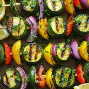 - 3 medium zucchinis, sliced into ½-inch rounds - 1 red bell pepper, cut into 1-inch squares - 1 yellow bell pepper, cut into 1-inch squares - 1 red onion, cut into wedges - Olive oil - Garlic powder - Smoked paprika - Salt and pepper - Fresh parsley, finely chopped - Lemon wedges When you gather these ingredients, you set the stage for a vibrant dish. The zucchinis bring a fresh crunch, while the bell peppers add color and sweetness. The red onion gives a slight bite that balances the flavors perfectly. For the seasoning, olive oil is a must. It helps everything cook evenly and adds richness. Garlic powder and smoked paprika enhance the taste without overpowering the dish. Salt and pepper are key to pulling all these flavors together. Garnishing with fresh parsley adds a pop of green and a fresh taste. Squeezing some lemon over the skewers just before serving brightens the dish and makes it even more enjoyable. To explore the complete recipe, check out the Full Recipe for Zesty Grilled Zucchini Skewers. Enjoy the simple yet flavorful approach to summer cooking! - Preheat the grill to medium-high heat. This is about 375°F to 450°F (190°C to 230°C). - If you're using wooden skewers, soak them in water for 30 minutes. This will help prevent burning. - In a large mixing bowl, combine the zucchini slices, red bell pepper squares, and red onion wedges. - Drizzle the vegetables with olive oil and add garlic powder, smoked paprika, salt, and pepper. - Toss everything together to coat the veggies evenly. This step adds great flavor to your skewers. - Carefully thread the marinated vegetables onto the skewers. Alternate the veggies for a colorful look. - Place the skewers directly on the preheated grill. - Grill for about 8-10 minutes, turning often. Look for tender vegetables and nice grill marks to know they are done. You can find the full recipe for these Zesty Grilled Zucchini Skewers above. To grill zucchini skewers well, start with even heat. Preheating your grill is key. Aim for medium-high heat, around 375°F to 450°F. This ensures your veggies cook through without burning. For flipping, use tongs. Turn the skewers every few minutes. This way, you get those lovely grill marks on all sides. It helps the veggies cook evenly and keeps them juicy. To boost flavor, try adding spices. A pinch of cayenne or Italian herbs can add a nice kick. You can also mix in some lemon zest for brightness. Using fresh herbs is a must. Parsley is great, but try basil or mint for a twist. Just sprinkle them on right before serving for a fresh touch. For serving, choose a nice platter. A rustic board looks lovely and adds charm. You can drizzle a bit of olive oil or balsamic glaze over the skewers for extra flair. Pair these skewers with a light salad or a refreshing drink. Lemonade or iced tea works well. The freshness complements the grilled flavors perfectly. For the full recipe, refer to the [Full Recipe]. {{image_4}} You can change up the veggies in your skewers. Try squash, mushrooms, or cherry tomatoes. These add color and taste. Seasonable vegetables are always best. Use what’s fresh at your market. You can also mix in proteins. Add chicken, shrimp, or tofu for a heartier dish. Just cut them to similar sizes and marinate them with the veggies. This gives your skewers a new twist. If grilling isn't for you, try oven-roasting or broiling your skewers. Preheat your oven to 425°F (220°C). Place the skewers on a baking sheet lined with foil. Roast for 15-20 minutes, turning halfway for even cooking. For skillet cooking, heat a bit of oil in a pan. Add the skewers and cook on medium heat. Turn them often to get a nice char. This method gives a great flavor too. Marinades can change the whole taste of your dish. You can try a lemon-herb mix. Just combine lemon juice, olive oil, and fresh herbs. Another option is a soy sauce marinade. Mix soy sauce, honey, and garlic for a sweet and salty kick. You can also play with spices. Add cumin, chili powder, or Italian seasoning to your mix. These simple ideas add layers of flavor to your skewers. For the full recipe, check out the complete instructions above. To keep your zucchini skewers fresh, store them in the fridge. Place them in an airtight container. This helps maintain their taste and texture. If you have leftover skewers, wrap them tightly in plastic wrap before storing. Make sure to eat them within three days for the best flavor. When reheating, you can use a microwave or an oven. The microwave is quick. Heat for about 30 seconds to 1 minute. Check to avoid overheating. For a better texture, use the oven. Preheat it to 350°F (175°C). Place the skewers on a baking sheet and heat for about 10 minutes. This method keeps the zucchini tender and tasty. If you want to freeze your skewers, wrap them well in plastic wrap. Then place them in a freezer bag. Squeeze out the air before sealing to avoid freezer burn. For best taste, use them within two months. When ready to eat, thaw them in the fridge overnight. You can also heat them right from the freezer, but the texture may differ. If you don’t have a grill, don’t worry! You can still enjoy delicious zucchini skewers. Here are a few alternative cooking methods: - Oven Roasting: Preheat your oven to 425°F (220°C). Place the skewers on a baking sheet lined with parchment paper. Roast for about 15-20 minutes, turning halfway through. You’ll get a nice caramelization and flavor. - Broiling: Set your oven to broil. Place the skewers on a broiler pan. Broil for 8-10 minutes, turning once, until the veggies are charred and tender. - Sautéing: Heat a pan over medium-high heat. Add a bit of olive oil and sauté the skewered veggies for 10-12 minutes. Stir often for even cooking. Each method gives you tasty results, so choose what works best for you! You can customize the flavor of your zucchini skewers with different seasonings. Here are some popular add-ins: - Italian Herbs: Try adding oregano, basil, or thyme for a Mediterranean twist. - Cajun Spice: For some heat, sprinkle on Cajun seasoning or cayenne pepper. - Lemon Zest: A bit of lemon zest can brighten up the dish and add freshness. - Soy Sauce: For an Asian flavor, drizzle some soy sauce over the veggies before cooking. Feel free to mix and match to find your favorite flavor combinations! Yes, you can prepare zucchini skewers in advance. Here are some tips for meal prep: - Chop Ahead: You can chop the veggies a day before. Store them in an airtight container in the fridge. - Marinate: If you want extra flavor, marinate the skewers for a few hours. Just cover them and keep them in the fridge until you’re ready to cook. - Skewer Them: You can assemble the skewers a few hours ahead of time. Just cover them and keep them in the fridge. Doing this makes it easy to enjoy a quick and tasty meal anytime! For the full recipe, check out the details above. Zesty grilled zucchini skewers are simple and delicious. You learned about the key ingredients like fresh vegetables, seasonings, and garnishes. We went through easy steps to prep, marinate, and grill your skewers. I shared tips to enhance flavor and suggested variations for more fun. You now know storage tips and reheating methods. Try different vegetables and seasonings to find your favorite mix. Grilling is a great way to enjoy fresh foods. Enjoy your tasty skewers at your next meal!