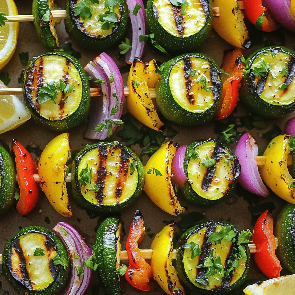 - 3 medium zucchinis, sliced into ½-inch rounds - 1 red bell pepper, cut into 1-inch squares - 1 yellow bell pepper, cut into 1-inch squares - 1 red onion, cut into wedges - Olive oil - Garlic powder - Smoked paprika - Salt and pepper - Fresh parsley, finely chopped - Lemon wedges When you gather these ingredients, you set the stage for a vibrant dish. The zucchinis bring a fresh crunch, while the bell peppers add color and sweetness. The red onion gives a slight bite that balances the flavors perfectly. For the seasoning, olive oil is a must. It helps everything cook evenly and adds richness. Garlic powder and smoked paprika enhance the taste without overpowering the dish. Salt and pepper are key to pulling all these flavors together. Garnishing with fresh parsley adds a pop of green and a fresh taste. Squeezing some lemon over the skewers just before serving brightens the dish and makes it even more enjoyable. To explore the complete recipe, check out the Full Recipe for Zesty Grilled Zucchini Skewers. Enjoy the simple yet flavorful approach to summer cooking! - Preheat the grill to medium-high heat. This is about 375°F to 450°F (190°C to 230°C). - If you're using wooden skewers, soak them in water for 30 minutes. This will help prevent burning. - In a large mixing bowl, combine the zucchini slices, red bell pepper squares, and red onion wedges. - Drizzle the vegetables with olive oil and add garlic powder, smoked paprika, salt, and pepper. - Toss everything together to coat the veggies evenly. This step adds great flavor to your skewers. - Carefully thread the marinated vegetables onto the skewers. Alternate the veggies for a colorful look. - Place the skewers directly on the preheated grill. - Grill for about 8-10 minutes, turning often. Look for tender vegetables and nice grill marks to know they are done. You can find the full recipe for these Zesty Grilled Zucchini Skewers above. To grill zucchini skewers well, start with even heat. Preheating your grill is key. Aim for medium-high heat, around 375°F to 450°F. This ensures your veggies cook through without burning. For flipping, use tongs. Turn the skewers every few minutes. This way, you get those lovely grill marks on all sides. It helps the veggies cook evenly and keeps them juicy. To boost flavor, try adding spices. A pinch of cayenne or Italian herbs can add a nice kick. You can also mix in some lemon zest for brightness. Using fresh herbs is a must. Parsley is great, but try basil or mint for a twist. Just sprinkle them on right before serving for a fresh touch. For serving, choose a nice platter. A rustic board looks lovely and adds charm. You can drizzle a bit of olive oil or balsamic glaze over the skewers for extra flair. Pair these skewers with a light salad or a refreshing drink. Lemonade or iced tea works well. The freshness complements the grilled flavors perfectly. For the full recipe, refer to the [Full Recipe]. {{image_4}} You can change up the veggies in your skewers. Try squash, mushrooms, or cherry tomatoes. These add color and taste. Seasonable vegetables are always best. Use what’s fresh at your market. You can also mix in proteins. Add chicken, shrimp, or tofu for a heartier dish. Just cut them to similar sizes and marinate them with the veggies. This gives your skewers a new twist. If grilling isn't for you, try oven-roasting or broiling your skewers. Preheat your oven to 425°F (220°C). Place the skewers on a baking sheet lined with foil. Roast for 15-20 minutes, turning halfway for even cooking. For skillet cooking, heat a bit of oil in a pan. Add the skewers and cook on medium heat. Turn them often to get a nice char. This method gives a great flavor too. Marinades can change the whole taste of your dish. You can try a lemon-herb mix. Just combine lemon juice, olive oil, and fresh herbs. Another option is a soy sauce marinade. Mix soy sauce, honey, and garlic for a sweet and salty kick. You can also play with spices. Add cumin, chili powder, or Italian seasoning to your mix. These simple ideas add layers of flavor to your skewers. For the full recipe, check out the complete instructions above. To keep your zucchini skewers fresh, store them in the fridge. Place them in an airtight container. This helps maintain their taste and texture. If you have leftover skewers, wrap them tightly in plastic wrap before storing. Make sure to eat them within three days for the best flavor. When reheating, you can use a microwave or an oven. The microwave is quick. Heat for about 30 seconds to 1 minute. Check to avoid overheating. For a better texture, use the oven. Preheat it to 350°F (175°C). Place the skewers on a baking sheet and heat for about 10 minutes. This method keeps the zucchini tender and tasty. If you want to freeze your skewers, wrap them well in plastic wrap. Then place them in a freezer bag. Squeeze out the air before sealing to avoid freezer burn. For best taste, use them within two months. When ready to eat, thaw them in the fridge overnight. You can also heat them right from the freezer, but the texture may differ. If you don’t have a grill, don’t worry! You can still enjoy delicious zucchini skewers. Here are a few alternative cooking methods: - Oven Roasting: Preheat your oven to 425°F (220°C). Place the skewers on a baking sheet lined with parchment paper. Roast for about 15-20 minutes, turning halfway through. You’ll get a nice caramelization and flavor. - Broiling: Set your oven to broil. Place the skewers on a broiler pan. Broil for 8-10 minutes, turning once, until the veggies are charred and tender. - Sautéing: Heat a pan over medium-high heat. Add a bit of olive oil and sauté the skewered veggies for 10-12 minutes. Stir often for even cooking. Each method gives you tasty results, so choose what works best for you! You can customize the flavor of your zucchini skewers with different seasonings. Here are some popular add-ins: - Italian Herbs: Try adding oregano, basil, or thyme for a Mediterranean twist. - Cajun Spice: For some heat, sprinkle on Cajun seasoning or cayenne pepper. - Lemon Zest: A bit of lemon zest can brighten up the dish and add freshness. - Soy Sauce: For an Asian flavor, drizzle some soy sauce over the veggies before cooking. Feel free to mix and match to find your favorite flavor combinations! Yes, you can prepare zucchini skewers in advance. Here are some tips for meal prep: - Chop Ahead: You can chop the veggies a day before. Store them in an airtight container in the fridge. - Marinate: If you want extra flavor, marinate the skewers for a few hours. Just cover them and keep them in the fridge until you’re ready to cook. - Skewer Them: You can assemble the skewers a few hours ahead of time. Just cover them and keep them in the fridge. Doing this makes it easy to enjoy a quick and tasty meal anytime! For the full recipe, check out the details above. Zesty grilled zucchini skewers are simple and delicious. You learned about the key ingredients like fresh vegetables, seasonings, and garnishes. We went through easy steps to prep, marinate, and grill your skewers. I shared tips to enhance flavor and suggested variations for more fun. You now know storage tips and reheating methods. Try different vegetables and seasonings to find your favorite mix. Grilling is a great way to enjoy fresh foods. Enjoy your tasty skewers at your next meal!