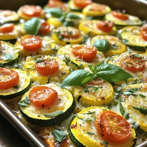- 2 medium zucchini, sliced into ¼-inch rounds - 2 medium yellow squash, sliced into ¼-inch rounds - 1 cup cherry tomatoes, halved - 1 cup shredded mozzarella cheese - ½ cup grated Parmesan cheese - 3 cloves garlic, minced - 2 tablespoons olive oil - 1 teaspoon dried oregano - 1 teaspoon dried basil - Salt and pepper to taste - Fresh basil leaves for garnish When I cook, I love to use fresh ingredients. This dish shines with simple, bright flavors. You slice the zucchini and yellow squash into rounds. The cherry tomatoes add a burst of sweetness. I always choose ripe, juicy tomatoes for the best taste. Now, let’s talk about cheese. I use mozzarella for its meltiness. Parmesan gives a nice, salty kick. Garlic adds depth and makes the kitchen smell amazing. Olive oil helps all these flavors blend together. I also like to use dried oregano and basil. These herbs bring a hint of warmth to the dish. Don't forget to add salt and pepper! They help enhance all the flavors. Finally, fresh basil leaves make a lovely garnish. They add color and extra flavor when you serve the dish. For the complete recipe, check the Full Recipe. It guides you through every step to make this delicious dish. - Preheat the oven to 400°F (200°C). - Slice the zucchini and yellow squash into ¼-inch rounds. - In a large bowl, combine the sliced zucchini, yellow squash, halved tomatoes, and minced garlic. - Add olive oil, dried oregano, dried basil, salt, and pepper to the bowl. Toss everything well until each piece is coated. - Prepare a large baking dish by greasing it with non-stick spray or olive oil. - Spread the vegetable mixture evenly in the greased dish. - Top the mixed vegetables with shredded mozzarella cheese and grated Parmesan cheese. - Bake the dish in the oven for 25-30 minutes until golden and tender. You can find the Full Recipe in the earlier section. Enjoy this delicious baked dish! To get your zucchini and yellow squash just right, I have a few tips. First, make sure you slice the vegetables evenly. This helps them cook at the same rate. I like to cut them into ¼-inch rounds. Next, you may want to adjust the baking time. If you like your veggies softer, bake them a bit longer. For a crispier finish, check them a few minutes early. Spice up your dish by trying different herbs and spices. Fresh herbs like thyme or rosemary can add a lot of flavor. You can also add red pepper flakes if you want some heat. Just a pinch can make a big difference. A beautiful dish makes it even better! Serve your baked zucchini and yellow squash with a side of crusty bread. This adds a nice texture contrast. Pair it with a fresh salad for a complete meal. The colors of the salad will brighten up your plate and make it look even more appealing. Enjoy your delicious creation! {{image_4}} You can switch up the cheese to add new flavors. Substitute feta cheese for a tangy twist. Feta adds a nice saltiness that pairs well with the squash. If you're looking for a dairy-free option, try using vegan cheese. It melts well and keeps the dish creamy without the dairy. Want to make your baked zucchini and yellow squash a full meal? Mix in grilled chicken or shrimp. Both options add protein and make the dish heartier. If you're vegetarian, consider adding quinoa or beans. They boost protein and add great texture. Seasonal vegetables can enhance your dish. Incorporate bell peppers or eggplant for extra color and flavor. You can also top your bake with breadcrumbs. This adds a crunchy finish that contrasts nicely with the soft vegetables. Each of these variations makes for a unique twist on the original recipe. For the full recipe, check out the details above. After cooking, let your baked zucchini and yellow squash cool completely. This step helps keep the dish fresh. Store the leftovers in an airtight container. You can keep it in the fridge for up to 3 days. Make sure to check for any signs of spoilage before eating. If you want to save some for later, freezing works well. Place the cooled dish in a freezer-safe container. You can freeze it for up to 2 months. When ready to eat, thaw in the fridge overnight. For best results, reheat in the oven. To enjoy that fresh taste again, reheat in the oven. This method keeps the zucchini and squash crispy. If you need a quicker option, the microwave works too. Just keep an eye on it to avoid overcooking. Yes, feel free to substitute with your favorite veggies. Carrots, bell peppers, or even eggplant work well. Just cut them to match the size of zucchini and squash. This way, they cook evenly. Mixing different veggies adds color and flavor, making the dish more exciting. Be creative and use what you have at home! This recipe is naturally gluten-free; ensure no added gluten ingredients. Check your cheese and any store-bought seasonings for gluten. Most fresh veggies and the cheeses listed are gluten-free. This makes the dish a great choice for everyone. Enjoy a tasty meal without worrying about gluten! Pair with grilled meats or serve as a side dish at gatherings. Chicken, steak, or fish complement this dish nicely. You can also enjoy it with a fresh salad or crusty bread. This baked dish brings a bright, healthy touch to any meal. It’s perfect for summer BBQs or family dinners. This dish offers a fresh blend of zucchini, squash, and tomatoes. You layer in cheese and herbs for great flavor. Baking it creates an appealing golden finish. Remember, slice your veggies evenly for the best bake. Feel free to swap in your favorite cheeses and proteins to make it your own. Store leftovers properly for later enjoyment. This simple recipe brings joy and health to your meals. Enjoy trying out all the variations and tips shared!