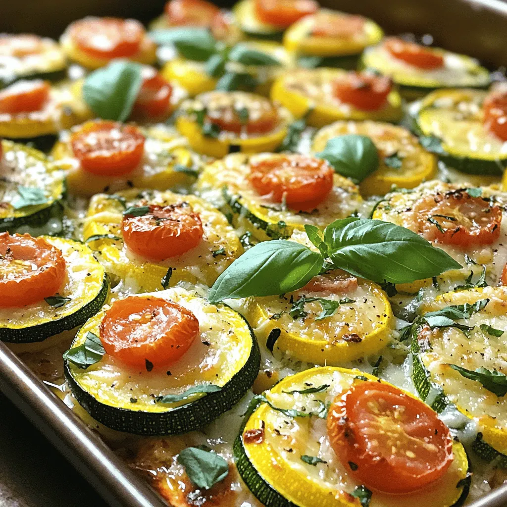 - 2 medium zucchini, sliced into ¼-inch rounds - 2 medium yellow squash, sliced into ¼-inch rounds - 1 cup cherry tomatoes, halved - 1 cup shredded mozzarella cheese - ½ cup grated Parmesan cheese - 3 cloves garlic, minced - 2 tablespoons olive oil - 1 teaspoon dried oregano - 1 teaspoon dried basil - Salt and pepper to taste - Fresh basil leaves for garnish When I cook, I love to use fresh ingredients. This dish shines with simple, bright flavors. You slice the zucchini and yellow squash into rounds. The cherry tomatoes add a burst of sweetness. I always choose ripe, juicy tomatoes for the best taste. Now, let’s talk about cheese. I use mozzarella for its meltiness. Parmesan gives a nice, salty kick. Garlic adds depth and makes the kitchen smell amazing. Olive oil helps all these flavors blend together. I also like to use dried oregano and basil. These herbs bring a hint of warmth to the dish. Don't forget to add salt and pepper! They help enhance all the flavors. Finally, fresh basil leaves make a lovely garnish. They add color and extra flavor when you serve the dish. For the complete recipe, check the Full Recipe. It guides you through every step to make this delicious dish. - Preheat the oven to 400°F (200°C). - Slice the zucchini and yellow squash into ¼-inch rounds. - In a large bowl, combine the sliced zucchini, yellow squash, halved tomatoes, and minced garlic. - Add olive oil, dried oregano, dried basil, salt, and pepper to the bowl. Toss everything well until each piece is coated. - Prepare a large baking dish by greasing it with non-stick spray or olive oil. - Spread the vegetable mixture evenly in the greased dish. - Top the mixed vegetables with shredded mozzarella cheese and grated Parmesan cheese. - Bake the dish in the oven for 25-30 minutes until golden and tender. You can find the Full Recipe in the earlier section. Enjoy this delicious baked dish! To get your zucchini and yellow squash just right, I have a few tips. First, make sure you slice the vegetables evenly. This helps them cook at the same rate. I like to cut them into ¼-inch rounds. Next, you may want to adjust the baking time. If you like your veggies softer, bake them a bit longer. For a crispier finish, check them a few minutes early. Spice up your dish by trying different herbs and spices. Fresh herbs like thyme or rosemary can add a lot of flavor. You can also add red pepper flakes if you want some heat. Just a pinch can make a big difference. A beautiful dish makes it even better! Serve your baked zucchini and yellow squash with a side of crusty bread. This adds a nice texture contrast. Pair it with a fresh salad for a complete meal. The colors of the salad will brighten up your plate and make it look even more appealing. Enjoy your delicious creation! {{image_4}} You can switch up the cheese to add new flavors. Substitute feta cheese for a tangy twist. Feta adds a nice saltiness that pairs well with the squash. If you're looking for a dairy-free option, try using vegan cheese. It melts well and keeps the dish creamy without the dairy. Want to make your baked zucchini and yellow squash a full meal? Mix in grilled chicken or shrimp. Both options add protein and make the dish heartier. If you're vegetarian, consider adding quinoa or beans. They boost protein and add great texture. Seasonal vegetables can enhance your dish. Incorporate bell peppers or eggplant for extra color and flavor. You can also top your bake with breadcrumbs. This adds a crunchy finish that contrasts nicely with the soft vegetables. Each of these variations makes for a unique twist on the original recipe. For the full recipe, check out the details above. After cooking, let your baked zucchini and yellow squash cool completely. This step helps keep the dish fresh. Store the leftovers in an airtight container. You can keep it in the fridge for up to 3 days. Make sure to check for any signs of spoilage before eating. If you want to save some for later, freezing works well. Place the cooled dish in a freezer-safe container. You can freeze it for up to 2 months. When ready to eat, thaw in the fridge overnight. For best results, reheat in the oven. To enjoy that fresh taste again, reheat in the oven. This method keeps the zucchini and squash crispy. If you need a quicker option, the microwave works too. Just keep an eye on it to avoid overcooking. Yes, feel free to substitute with your favorite veggies. Carrots, bell peppers, or even eggplant work well. Just cut them to match the size of zucchini and squash. This way, they cook evenly. Mixing different veggies adds color and flavor, making the dish more exciting. Be creative and use what you have at home! This recipe is naturally gluten-free; ensure no added gluten ingredients. Check your cheese and any store-bought seasonings for gluten. Most fresh veggies and the cheeses listed are gluten-free. This makes the dish a great choice for everyone. Enjoy a tasty meal without worrying about gluten! Pair with grilled meats or serve as a side dish at gatherings. Chicken, steak, or fish complement this dish nicely. You can also enjoy it with a fresh salad or crusty bread. This baked dish brings a bright, healthy touch to any meal. It’s perfect for summer BBQs or family dinners. This dish offers a fresh blend of zucchini, squash, and tomatoes. You layer in cheese and herbs for great flavor. Baking it creates an appealing golden finish. Remember, slice your veggies evenly for the best bake. Feel free to swap in your favorite cheeses and proteins to make it your own. Store leftovers properly for later enjoyment. This simple recipe brings joy and health to your meals. Enjoy trying out all the variations and tips shared!
