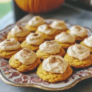 - 2 cups all-purpose flour - 1 teaspoon baking soda - 1 teaspoon baking powder - 1 teaspoon ground cinnamon - 1/2 teaspoon ground nutmeg - 1/4 teaspoon ground ginger - 1/2 teaspoon salt - 1/2 cup unsalted butter, softened - 1 cup brown sugar, packed - 1/2 cup granulated sugar - 1 cup canned pumpkin puree - 1 large egg - 1 teaspoon vanilla extract - 1/2 cup unsalted butter, softened - 2 cups powdered sugar - 1 teaspoon ground cinnamon - 3 tablespoons milk (or adjusted as necessary) - 1/2 teaspoon vanilla extract To make these soft pumpkin cookies, start with the dry ingredients. Mix the flour, baking soda, baking powder, cinnamon, nutmeg, ginger, and salt in a bowl. This blend gives the cookies a warm spice flavor. Next, for the wet ingredients, cream the butter, brown sugar, and granulated sugar together. This step adds air and makes the mix fluffy. Then, mix in the pumpkin puree, egg, and vanilla extract. The pumpkin keeps the cookies soft and moist. Now, let’s talk about the cinnamon frosting. Start with softened butter. Cream it until smooth. Gradually add the powdered sugar and cinnamon. Mix well until creamy. Add milk to reach your desired thickness. These ingredients come together to create a delightful treat. For the full recipe, check out the link. Enjoy baking! - Preheat oven to 350°F (175°C) - Line a baking sheet with parchment paper First, set your oven to heat at 350°F (175°C). This temperature is perfect for soft cookies. While the oven warms, grab a baking sheet and cover it with parchment paper. This step helps the cookies not stick. - Combine flour, baking soda, baking powder, spices, and salt in a bowl In a medium bowl, mix together the dry ingredients. You need 2 cups of all-purpose flour, 1 teaspoon of baking soda, and 1 teaspoon of baking powder. Add in 1 teaspoon of ground cinnamon, 1/2 teaspoon of ground nutmeg, 1/4 teaspoon of ground ginger, and 1/2 teaspoon of salt. Whisk them until they blend well. This mix gives the cookies their flavor and lift. - Beat together softened butter, brown sugar, and granulated sugar until fluffy - Mix in pumpkin puree, egg, and vanilla extract Now, take a large bowl. Put in 1/2 cup of softened unsalted butter, 1 cup of packed brown sugar, and 1/2 cup of granulated sugar. Beat these together until they are light and fluffy. This may take 2 to 3 minutes. Next, add in 1 cup of canned pumpkin puree, 1 large egg, and 1 teaspoon of vanilla extract. Mix until everything is smooth and combined. - Gradually add dry mixture to wet mixture, avoiding overmixing Slowly add the dry mix to the wet mix. Stir gently until you see no more flour. Be careful here; overmixing can make the cookies tough. We want them soft and tender. - Scoop and place dough on baking sheet with adequate spacing - Bake for 12-15 minutes until edges are set, centers are soft Use a cookie scoop or two tablespoons to shape the dough. Place them on the baking sheet, leaving about 2 inches between each cookie. This space allows them to spread. Bake your cookies for 12-15 minutes. The edges should look set, but the centers need to stay soft for a nice, chewy texture. - Cream softened butter in a bowl - Gradually mix in powdered sugar and cinnamon, then add milk and vanilla While the cookies cool, let’s make the frosting. In a medium bowl, cream 1/2 cup of softened butter until it’s smooth. Gradually add in 2 cups of powdered sugar and 1 teaspoon of ground cinnamon. Mix well after each addition. Finally, pour in 3 tablespoons of milk and 1/2 teaspoon of vanilla extract. Beat until the frosting is fluffy. If it’s too thick, add more milk, one tablespoon at a time. Once the cookies cool, frost them generously. Enjoy your soft pumpkin cookies with cinnamon frosting! For the complete recipe, check the Full Recipe section. To make these cookies soft and chewy, avoid overmixing the dough. When you mix the wet and dry ingredients, stop when you no longer see flour. This keeps the cookies light and fluffy. Each oven is different. You may need to adjust the baking time. If your cookies are browning too fast, lower the temperature by 25°F. For the perfect frosting, aim for a smooth and creamy texture. Start with softened butter to make mixing easier. When adding powdered sugar, do it slowly. This helps avoid a mess. If your frosting is too thick, add milk a little at a time. Use a spatula or a piping bag to spread or pipe the frosting on the cookies. Both methods can give a nice finish. Arrange the frosted cookies on a decorative platter. This makes them look more inviting. You can sprinkle a little ground cinnamon on top for added flair. For a festive touch, add mini pumpkin candies or fall-themed decorations around the cookies. This simple step can elevate your dessert display. {{image_4}} If you want to make these cookies gluten-free, swap the all-purpose flour for a gluten-free blend. Look for a blend that has xanthan gum. This will help keep the cookies soft. You can also try using almond flour or coconut flour. Just remember, these flours may change the texture. To add a fun twist to your cookies, consider these mix-ins: - Chocolate chips: They add a sweet touch. - Chopped nuts: Walnuts or pecans give a nice crunch. You can also change the spices to enhance the flavor. Try adding: - Allspice: It gives a warm taste. - Cloves: They add depth and richness. If you're in the mood for something different, try these frosting options: - Cream cheese frosting: It adds a tangy flavor that pairs well with pumpkin. - Maple glaze: This sweet glaze brings a fall vibe. Just mix powdered sugar with maple syrup and a bit of milk. These variations can help you customize your soft pumpkin cookies for any occasion. Enjoy experimenting! To keep your soft pumpkin cookies fresh, store them in an airtight container. This helps prevent them from drying out. Layer parchment paper between the cookies to avoid sticking. The best storage temperature is room temperature. They can last up to a week that way. Freezing cookies is a great way to enjoy them later. First, let the cookies cool completely. Then, place them in a single layer on a baking sheet. Freeze until solid. After that, transfer them to a freezer-safe bag. Label the bag with the date. To serve, thaw the cookies at room temperature for about 30 minutes. If you have leftover cinnamon frosting, store it in an airtight container. Keep it in the fridge for up to a week. To use it again, let it come to room temperature. You can also whip it lightly before spreading. If you want to be creative, use the frosting as a dip for apples or spread it on toast for a sweet treat. Yes, you can use fresh pumpkin! Just cook and puree it first. Make sure to drain any excess water. This helps achieve the right cookie texture. Fresh pumpkin adds a nice flavor too. Look for the edges to be set and the tops slightly firm. The centers should still feel soft when you touch them. If you see that, take them out. They will continue to cook slightly as they cool. Absolutely! You can make the dough and chill it in the fridge. Wrap it in plastic wrap for best results. This can save time when you want to bake later. Just let it sit out for a few minutes before scooping. If your cookies are dry, check your measurements. Make sure you used the right amount of pumpkin. Adding a little milk can help moisten them. You could also try baking for a shorter time next time. These cookies contain common allergens like wheat, eggs, and dairy. For gluten-free options, use a gluten-free flour. You can also swap the egg for a flaxseed or chia seed mixture. Always check ingredients for specific allergies. Soft Pumpkin Cookies with Cinnamon Frosting I love these soft pumpkin cookies, and I think you will too. They are perfect for fall or anytime you crave something sweet and spiced. The cookies are soft, moist, and topped with creamy cinnamon frosting. You can find the full recipe [here](#). - 2 cups all-purpose flour - 1 teaspoon baking soda - 1 teaspoon baking powder - 1 teaspoon ground cinnamon - 1/2 teaspoon ground nutmeg - 1/4 teaspoon ground ginger - 1/2 teaspoon salt - 1/2 cup unsalted butter, softened - 1 cup brown sugar, packed - 1/2 cup granulated sugar - 1 cup canned pumpkin puree - 1 large egg - 1 teaspoon vanilla extract - 1/2 cup unsalted butter, softened - 2 cups powdered sugar - 1 teaspoon ground cinnamon - 3 tablespoons milk (or adjusted as necessary) - 1/2 teaspoon vanilla extract These cookies have the right balance of sweet and spice. The pumpkin makes them soft and chewy. You can easily make them at home. Just follow the steps in the full recipe. Enjoy the process! You will love the smell of these cookies baking. They fill your kitchen with warmth and joy. Plus, the cinnamon frosting takes them to another level. It adds a creamy touch that makes each bite special. You learned how to make soft pumpkin cookies and add tasty cinnamon frosting. The key steps include mixing dry and wet ingredients carefully. I also shared tips for perfect texture and fun variations. Remember, don’t overmix the dough for the best cookies. Enjoy your baking adventure! Your friends and family will love these treats. Share them or keep them for yourself. Happy baking!