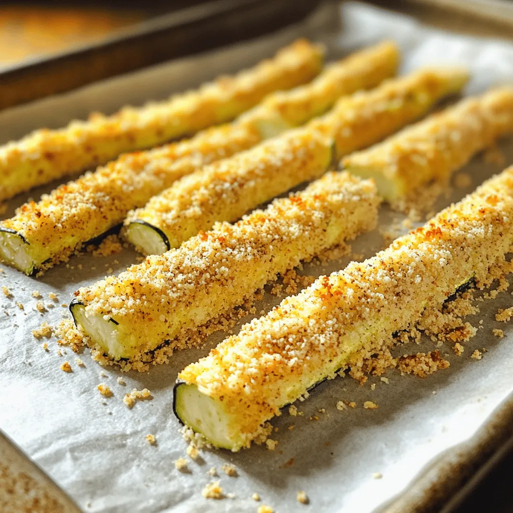- 2 medium zucchinis - 1 cup whole wheat breadcrumbs - ½ cup freshly grated Parmesan cheese - 1 teaspoon garlic powder - 1 teaspoon onion powder - ½ teaspoon smoked paprika - 2 large eggs - Salt and freshly ground black pepper - Olive oil spray Each ingredient plays a key role in making your zucchini sticks crispy and tasty. Zucchini is low in calories and high in nutrients, making it a perfect base. Whole wheat breadcrumbs add crunch while keeping it healthy. Parmesan cheese gives a rich, cheesy flavor that pairs well with the spices. Garlic and onion powder bring out the natural sweetness of zucchini. Smoked paprika adds a delightful smokey taste. Eggs help the breadcrumbs stick, ensuring a nice coating. Salt and pepper enhance all the flavors, while olive oil spray keeps things light. - Calories per serving: About 150 - Macronutrient breakdown: - Protein: 8 grams - Carbohydrates: 18 grams - Fat: 6 grams This snack is not just delicious but also packed with nutrients. Each serving offers a balanced mix of protein, carbs, and healthy fats. Enjoy these baked zucchini sticks as a guilt-free treat or a side dish. You can find the full recipe above to make this tasty snack! - Preheat oven to 425°F (220°C). - Line a baking sheet with parchment paper. First, set your oven to 425°F (220°C). This high heat helps the zucchini sticks become crispy. Next, take a baking sheet and line it with parchment paper. This makes cleanup easy and prevents sticking. - Prepare breadcrumb mixture. - Dip zucchini in egg mixture. Now, let’s make the breading. In a shallow bowl, mix the whole wheat breadcrumbs, grated Parmesan cheese, garlic powder, onion powder, and smoked paprika. Add salt and pepper for flavor. Stir well. In another bowl, beat the eggs until they are smooth. Take each zucchini stick and dip it in the egg mixture. Let any extra egg drip off. Then, roll the zucchini in the breadcrumb mixture. Press gently to help the crumbs stick well. - Arrange zucchini on the baking sheet. - Bake time and flipping instructions. Lay the breaded zucchini sticks on the baking sheet. Make sure they do not touch each other. This helps them bake evenly. Lightly spray the tops with olive oil spray for extra crispiness. Place the sheet in the oven and bake for 20-25 minutes. Be sure to flip the sticks halfway through baking. This step ensures they brown evenly. When they turn golden brown and feel crispy, they are ready. After baking, let them cool for a few minutes before serving. Check out the Full Recipe for more details on presentation and serving. To get your zucchini sticks nice and crispy, avoid overcrowding the baking sheet. When zucchini sticks touch, they steam instead of bake. This can lead to sogginess, which is not what we want. Keep them in a single layer. This ensures hot air can reach all sides evenly. Using olive oil spray is another great tip. It helps create a crispy layer on the outside. A light spray adds flavor without extra calories. Just a quick spritz before baking makes a big difference. You can easily boost the flavor of your zucchini sticks. Try adding herbs or spices to your breadcrumb mix. For example, dried oregano or Italian seasoning works well. You can also use chili powder for a kick. Don’t forget about dips and sauces! Marinara sauce is a classic choice. You can also pair these sticks with ranch dressing or aioli. These dips add a fun twist to your snack. For more ideas, check out the Full Recipe. {{image_4}} You can make easy baked zucchini sticks even healthier. Try using gluten-free breadcrumbs instead of regular ones. This swap keeps the crunch while catering to dietary needs. You can also adjust the cheese types for flavor. For example, use nutritional yeast for a dairy-free option or swap Parmesan for a sharper cheese, like cheddar. Each change adds a unique twist to the taste without losing that crunch. Want to spice things up? Incorporate different seasonings into your breadcrumb mix. Italian herbs like oregano and basil can give these sticks a fresh, aromatic touch. You can also add a dash of cayenne for heat. For a richer taste, blend cheeses. Mixing mozzarella with Parmesan can create a gooey, cheesy delight that will impress your friends and family. Don't be afraid to get creative; these zucchini sticks can be a fun canvas for your flavor ideas! To keep your leftover zucchini sticks fresh, store them in an airtight container. Place a paper towel inside to absorb extra moisture. This helps maintain their crispiness. Keep them in the fridge for up to three days. If you have a lot of leftovers, consider freezing them. Just layer them between parchment paper to avoid sticking. To reheat your zucchini sticks and keep them crispy, use an oven or air fryer. Preheat the oven to 375°F (190°C). Place the sticks on a baking sheet and heat for about 10 minutes. This method revives their crunch. If using an air fryer, set it to 350°F (175°C) and heat for about 5-7 minutes. Avoid using a microwave, as it can make them soggy. Enjoy your crispy snack again! To make baked zucchini sticks crispy, start with fresh zucchini. Cut them into even sticks, so they cook evenly. Use whole wheat breadcrumbs for a crunchier texture. The key is in the egg wash. Dip each stick thoroughly, then coat with the breadcrumb mix. Press the breadcrumbs onto the zucchini for a nice layer. Bake at a high temperature, around 425°F (220°C). This helps achieve that golden color and crispiness. Don’t forget to space them out on the baking sheet! If they touch, they’ll steam instead of bake. A light spray of olive oil on top adds extra crunch. Flip them halfway during baking to ensure even crisping. Using frozen zucchini is not recommended for this recipe. Frozen zucchini tends to be mushy after cooking. It loses its crunch and can make the sticks soggy. Fresh zucchini holds texture and flavor much better. If you only have frozen zucchini, let it thaw completely. Then, drain any excess water before coating and baking. Zucchini sticks pair well with a variety of dipping sauces. Here are some popular choices: - Marinara sauce for a classic Italian touch - Ranch dressing for a creamy, cool option - Garlic aioli for a garlic kick - Spicy ketchup for those who like a bit of heat Feel free to get creative! You can even mix sauces or add spices to your favorites for a fun twist. For more ideas, check out the Full Recipe for tasty suggestions. We covered the essentials for making tasty baked zucchini sticks. You learned about ingredients, prep, baking, and storage. I shared tips to get the perfect crunch and keep leftovers tasty. Remember, you can adjust seasonings for fun flavor twists. Baked zucchini sticks are a healthy snack option for everyone. Try pairing them with your favorite dips for an extra kick. Enjoy your cooking, and have fun experimenting with this easy recipe!
