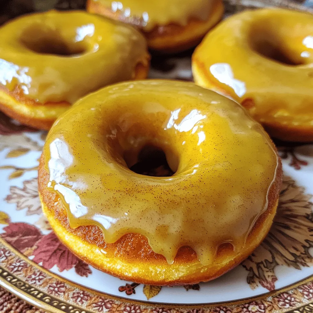 - 1 cup pumpkin puree (preferably homemade or canned) - 1/2 cup granulated sugar - 1/4 cup packed brown sugar - 1/2 cup unsweetened applesauce - 2 large eggs - 1/2 cup vegetable oil - 1 teaspoon pure vanilla extract - 1 1/2 cups all-purpose flour - 1 teaspoon baking powder - 1 teaspoon baking soda - 1 teaspoon ground cinnamon - 1/2 teaspoon ground nutmeg - 1/4 teaspoon ground ginger - 1/4 teaspoon salt - 1 cup powdered sugar - 2 tablespoons pure maple syrup - 1 to 2 tablespoons milk (adjust as needed for the glaze) Each ingredient plays a key role in our baked pumpkin donuts. Pumpkin puree adds moisture and a rich, sweet flavor. Granulated sugar and brown sugar sweeten the mix while giving it a lovely texture. Applesauce replaces some fat, making the donuts soft. Eggs act as a binder, holding everything together. The vegetable oil keeps the donuts moist and fluffy. Baking powder and baking soda help the donuts rise and get that perfect lightness. Spices like cinnamon, nutmeg, and ginger bring warmth and depth to the flavor. Salt balances the sweetness and enhances every bite. Finally, powdered sugar and maple syrup create a sweet, sticky glaze that makes our donuts shine! When choosing pumpkin puree, look for organic brands or make your own from fresh pumpkins. For sugars, select pure granulated and brown sugar without additives. Fresh eggs should be large and free-range if possible. Use high-quality vanilla extract for the best flavor. For flour, choose all-purpose for the right texture. Spices should be fresh for maximum taste. Check the expiration dates on baking powder and baking soda to ensure they are active. Lastly, use real maple syrup for the glaze, as it adds a wonderful touch of flavor. Following these tips will ensure your donuts are the best they can be! Start by preheating your oven to 350°F (175°C). Grab your donut pan and spray it with cooking spray. This helps the donuts come out easily. In a large bowl, mix together the pumpkin puree, granulated sugar, brown sugar, applesauce, eggs, vegetable oil, and vanilla extract. Use a whisk to blend these items until smooth. In another bowl, whisk the flour, baking powder, baking soda, cinnamon, nutmeg, ginger, and salt. This step is key for even mixing. Now, slowly pour the dry mix into the wet mix. Stir gently until just combined. Be careful not to overmix; this keeps the donuts fluffy. Use a spoon or piping bag to fill the donut pan about 3/4 full with the batter. Bake in your preheated oven for 12 to 15 minutes. To check if they are done, insert a toothpick into a donut. If it comes out clean, they are ready. Let them cool in the pan for 5 minutes before moving them to a wire rack. While your donuts cool, prepare the maple glaze. In a bowl, whisk together the powdered sugar and maple syrup. Slowly add milk until the glaze is smooth yet thick enough to coat the donuts. Once the donuts are completely cool, dip the tops into the glaze. Allow excess glaze to drip back into the bowl. Place the glazed donuts back on the wire rack. Let them set for a few minutes before you enjoy them. For the full recipe, check the section above. When making baked pumpkin donuts, a few mistakes can ruin the fun. - Overmixing the batter: This can lead to dense donuts. Mix just until combined. - Not greasing the pan: Always grease your donut pan well. This helps with easy removal. - Underbaking: Donuts should be firm to the touch. Use a toothpick to check doneness. - Skipping the glaze: The maple glaze adds flavor. Don't skip it! To enhance flavor and texture, follow these tips: - Use fresh pumpkin puree: If you can, use fresh pumpkin. It has a richer taste than canned. - Add spices: A pinch more cinnamon or nutmeg can boost flavors. - Let the batter rest: Allow the batter to sit for a few minutes. This can help with texture. - Cool before glazing: Make sure the donuts cool completely. This helps the glaze stick better. Having the right tools makes baking easier. Here’s what you need: - Donut pan: A non-stick donut pan is best for easy removal. - Whisk: A good whisk helps mix ingredients well. - Mixing bowls: Use large bowls for mixing wet and dry ingredients separately. - Piping bag or spoon: For filling the donut pan neatly. - Wire rack: This allows donuts to cool evenly and helps glaze set. For a full recipe of baked pumpkin donuts with maple glaze, check the main section. {{image_4}} You can get creative with flavors. Adding chocolate chips can make these donuts extra special. Consider using nuts like walnuts or pecans for added crunch. You can also try spices like cardamom or allspice for a twist. If you love citrus, a touch of orange zest brightens the flavor. You can make these donuts healthier without losing taste. Swap granulated sugar for coconut sugar to lower the glycemic index. You can replace vegetable oil with applesauce for a lighter version. For a gluten-free option, use almond or oat flour instead of all-purpose flour. These donuts fit various seasons. In fall, add cinnamon and clove for warmth. For winter, a hint of peppermint in the glaze can be festive. In spring, incorporate fresh citrus for a bright taste. In summer, try using fresh berries in the batter. Each season brings new flavor possibilities, making this recipe versatile. You can find the full recipe [here](#). To keep your baked pumpkin donuts fresh, store them in an airtight container. This helps prevent moisture loss and keeps them soft. If you have leftover donuts, wait until they cool completely. Then, layer them with parchment paper to avoid sticking. You can also refrigerate them if you live in a warm area. However, for the best taste, enjoy them at room temperature. Baked pumpkin donuts can last about 3 to 5 days when stored properly. If you keep them in the fridge, they may stay fresh for a week. However, the flavor and texture may change over time. If you want to keep them longer, consider freezing them. They can last up to three months in the freezer. To bring back the warmth and softness, reheat your donuts in the oven. Set it to 350°F (175°C) and heat them for about 5 minutes. You can also use the microwave for quick reheating. Warm them for about 10-15 seconds. Just be careful, as they can become tough if overheated. Enjoy these treats fresh for the best experience! For the full recipe, check out the detailed instructions above. Yes, you can make these donuts gluten-free. Use a 1:1 gluten-free flour blend. This blend works well and keeps the texture light. I suggest checking the label to ensure it contains xanthan gum. This ingredient helps give the donuts structure. Just replace all-purpose flour with the gluten-free blend in the recipe. To make the maple glaze thicker, add more powdered sugar. Start with one tablespoon at a time. Mix well after each addition. You can also reduce the amount of milk. Less milk makes the glaze thicker. Keep adjusting until you reach your preferred consistency. Toppings can really add fun to your pumpkin donuts. Here are some great options: - Chopped pecans - Crushed graham crackers - Cinnamon sugar - Chocolate chips - Extra maple syrup drizzle These toppings give flavor and a nice texture contrast! Enjoy experimenting with your favorites. For the full recipe, check out the earlier section. Baked pumpkin donuts are easy to make and fun to eat. We covered essential ingredients, steps for baking, and tips for the best results. Remember to choose quality ingredients for great flavor. Avoid common mistakes to get the perfect texture every time. Consider trying new flavors or substitutes to keep things fresh. With proper storage, these donuts will stay tasty for days. I hope you enjoy making and sharing these delicious treats!