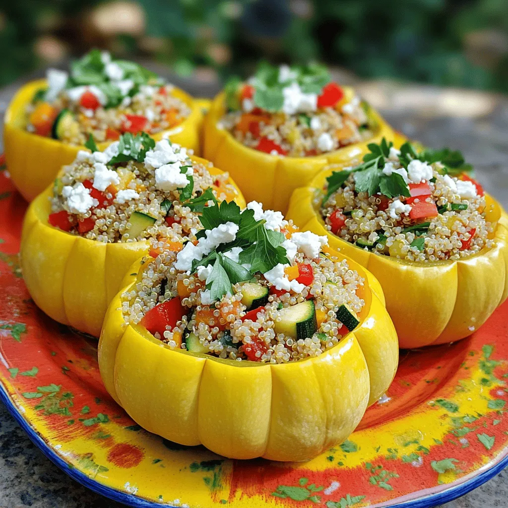 - 4 medium patty pan squashes - 1 cup quinoa - 2 cups vegetable broth - 1 tablespoon extra virgin olive oil - 1 small onion, finely diced - 2 cloves garlic, minced - 1 red bell pepper, diced - 1 medium zucchini, grated - 1 teaspoon dried oregano - 1 teaspoon smoked paprika - Salt and freshly ground black pepper - ½ cup feta cheese, crumbled - Fresh parsley for garnish Stuffed patty pan squash is a tasty dish that packs a lot of flavor. The patty pan squash has a unique shape and a mild taste. You can fill it with a mix of ingredients to make it delicious and healthy. For this recipe, you will need fresh patty pan squashes. When you pick them, look for firm ones with bright colors. The quinoa adds a nice texture and is full of protein. Vegetable broth gives the quinoa great flavor as it cooks. You will also want to use some fresh vegetables. The onion and garlic bring out the best flavors in your filling. The red bell pepper and zucchini add color and nutrition. Dried oregano and smoked paprika give a warm touch to the dish. Finally, the feta cheese adds a salty, creamy flavor. Use fresh parsley as a garnish for a pop of color. This combination of ingredients makes stuffed patty pan squash a healthy and satisfying meal. If you want the full recipe, check it out. - Preheat oven to 375°F (190°C). - Cut the tops off the patty pan squashes. - Scoop out the flesh of the squashes to create small bowls. - Combine 1 cup of quinoa and 2 cups of vegetable broth in a saucepan. - Bring to a boil, then reduce the heat to low and cover. - Let it simmer for about 15 minutes until fluffy. - Heat 1 tablespoon of extra virgin olive oil in a skillet. - Sauté 1 small diced onion and 2 minced garlic cloves until the onion is soft. - Add 1 diced red bell pepper and 1 grated zucchini. Cook until tender, about 5 minutes. - Stir in the reserved squash flesh, 1 teaspoon of dried oregano, and 1 teaspoon of smoked paprika. - Season with salt and freshly ground black pepper to taste. - Add the cooked quinoa and ½ cup of crumbled feta cheese. Mix well. - Spoon the filling into each hollowed-out patty pan squash. Pack it gently but firmly. - Arrange the stuffed squashes in a baking dish. Cover with foil to keep moisture in. - Place the baking dish in the preheated oven. Bake for 25 minutes covered. - After 25 minutes, remove the foil and bake for an additional 10 minutes until slightly charred. For the full recipe, check the main article. Enjoy your flavorful dish! - Use fresh, seasonal vegetables for the best flavor. - Adjust spices to personal taste preferences. I always recommend using fresh, seasonal ingredients. They enhance the taste and make your dish shine. For spices, don't be afraid to tweak them. If you love a bit of heat, add more smoked paprika. If you prefer milder flavors, cut back a bit. Cooking should be fun and tailored to your taste. - Drizzle with olive oil before serving. - Use chopped fresh herbs for added freshness. Garnishing is where you can let your creativity flow. A drizzle of olive oil adds a rich touch. Fresh herbs like parsley not only add color but also a burst of flavor. They make your dish look professional and inviting. - Serve on a colorful platter. - Pair with a light salad or crusty bread. Presentation matters! Serving on a colorful platter makes your stuffed patty pan squash pop. Pair it with a light salad or some crusty bread to round out your meal. This combo not only looks great but also tastes wonderful. For the complete experience, check out the Full Recipe to guide you through this delightful dish. {{image_4}} When it comes to stuffed patty pan squash, the options are endless. You can customize this dish to fit your taste. Here are some fun variations to try. - Instead of quinoa, you can use brown rice or couscous for a different base. - For a heartier meal, add cooked ground meat like beef, turkey, or chicken. - Incorporate extra vegetables such as spinach or mushrooms for added nutrition. - If you want a dairy-free option, use plant-based cheese instead of feta. - Try different herbs like basil or thyme to mix up the flavor. - For a kick, add a dash of hot sauce to the filling. These variations let you play with flavors and ingredients. Feel free to get creative! For the complete recipe, check out the Full Recipe. Store leftovers in an airtight container in the fridge. They are best consumed within 3-4 days. Keeping them sealed helps maintain their fresh taste and texture. You can freeze stuffed squashes before baking for later use. Just thaw them in the refrigerator before baking. This method keeps the flavors intact and allows for easy prep on busy days. To reheat, place the stuffed squashes in the oven at 350°F (175°C) until warmed through. This method helps keep them moist and tasty. For a quick meal, you can also microwave them. Just ensure they are heated evenly for the best flavor. Yes, you can use other squash varieties for stuffing. Zucchini, acorn, or butternut squash work great. Each type brings a unique taste and texture. A light salad or crusty bread pairs well with this dish. The fresh crunch of a salad complements the squash. Bread adds a nice contrast to the soft filling. The squash should be tender and the top lightly charred. You can test doneness with a fork. If it goes in easily, you’re good to go! Yes, you can prepare the stuffing ahead of time and bake later. Just keep it in the fridge until ready to use. This saves time on busy days. Yes, this recipe is gluten-free if you use gluten-free grains. Quinoa is a great gluten-free option. Always check labels when using any pre-packaged ingredients. In this post, I covered how to make delicious stuffed patty pan squash. We discussed ingredients, cooking steps, and storage tips. Remember, using fresh vegetables makes a big difference in flavor. You can customize the filling to suit your taste, whether by adding different proteins or herbs. This dish is versatile and fun to prepare. It’s perfect for a family meal or a gathering. Enjoy experimenting with flavors and serving options! It’s a dish that will impress everyone at your table.