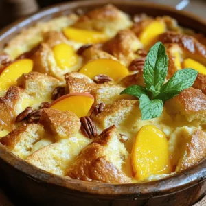 - Stale Brioche Bread Stale brioche bread works best. It soaks up the custard well. If the bread is fresh, it won't absorb as much liquid. - Ripe Peaches Use ripe peaches for the best flavor. They should be soft and sweet. Slice them thin to mix well into the pudding. - Dairy Components You will need eggs, whole milk, and heavy cream. These create a rich custard. The eggs help bind everything together. - Sweeteners and Seasonings Granulated sugar gives sweetness. Vanilla extract adds depth. Ground cinnamon and nutmeg enhance the flavor. A pinch of salt balances the sweetness. - Optional Add-ins Chopped pecans add crunch and flavor. You can leave them out if you prefer no nuts. Fresh mint leaves make a nice garnish too. This combination of ingredients creates a warm, comforting dessert. For the full recipe, check the detailed instructions above. - Preheat the Oven: Start by preheating your oven to 350°F (175°C). This step ensures even baking. Lightly grease a 9x13 inch baking dish with butter or non-stick spray. - Mix the Custard: In a large mixing bowl, whisk together the eggs, whole milk, heavy cream, granulated sugar, pure vanilla extract, ground cinnamon, freshly grated nutmeg, and a pinch of salt. Make sure everything is well combined. - Prepare the Bread: Add the brioche bread cubes to the egg mixture. Gently fold until the bread is fully soaked. Let it sit for about 15 minutes. This helps the bread absorb the custard well. - Incorporate the Peaches and Nuts: Once the bread has soaked, fold in the sliced peaches. If you like, add the chopped pecans for an extra crunch. Mix carefully to keep the peaches and pecans evenly spread. - Transfer to Baking Dish: Pour the bread mixture into the prepared baking dish. Spread it out evenly to ensure it bakes uniformly. - Bake the Pudding: Place the dish in the preheated oven. Bake for 45–50 minutes. Look for a golden brown top, and use a toothpick to check if it comes out clean from the center. - Cooling Time: After baking, take the pudding out of the oven. Allow it to cool for about 10-15 minutes. This helps it set, making it easier to cut. - Serving Suggestions: Serve the bread pudding warm. Add fresh mint leaves on top for a pop of color. For a special treat, drizzle some caramel sauce over each serving. For the full recipe, refer to the Peachy Delight Bread Pudding section above. - Selecting the Right Bread Use stale brioche bread for the best texture. It soaks up the custard well and stays soft. Fresh bread can make your pudding soggy. - Optimal Peach Ripeness Choose peaches that are ripe but firm. Overripe peaches can turn mushy and lose their shape. Look for a sweet aroma and slight give when you press them. - Adjusting Sweetness and Spices Taste your peaches first. If they are sweet, reduce the sugar slightly. Adding a pinch of salt balances the sweetness. Experiment with spices like nutmeg or cardamom for unique flavors. - Preventing Sogginess Don't let the bread soak too long in the custard. Fifteen minutes is enough. If you see excess liquid, gently press the bread down to absorb it better. These tips will help you create a delicious peach bread pudding. For the full recipe, check out the Peachy Delight Bread Pudding above. {{image_4}} You can have fun with peach bread pudding by trying some variations. - Adding Different Fruits You can swap peaches for other fruits. Think of ripe cherries, sweet apples, or even juicy berries. Each fruit gives a new flavor. Adding fruits can make your dessert unique. - Experimenting with Spice Blends Spice blends can change the taste. Try adding ginger for warmth or cardamom for a floral note. A touch of allspice can also bring a cozy feel. You can mix and match spices to create your favorite blend. - Gluten-Free Options with Alternative Breads If you need gluten-free options, use gluten-free bread. Many brands offer tasty choices. This way, everyone can enjoy the dish without worry. Just make sure to check the bread for any hidden gluten. - Alternative Nut Choices Nuts add crunch and flavor. Pecans work great, but you can also try walnuts or almonds. Each nut will bring its own taste. For a nut-free option, you can leave them out or use seeds like sunflower or pumpkin seeds. Feel free to get creative and make this recipe your own. For the full recipe, check the complete guide above. Storing Leftovers in the Refrigerator After enjoying your peach bread pudding, store leftovers in the fridge. Place them in an airtight container. This keeps them fresh for about three to four days. If you want to serve it later, make sure it cools completely before sealing it. Freezing Peach Bread Pudding You can freeze peach bread pudding for later use. Cut it into individual portions and wrap each slice tightly in plastic wrap. Then, place the slices in a freezer-safe bag. They will last up to three months in the freezer. Label the bag with the date for easy tracking. Reheating Instructions To reheat, first, thaw any frozen slices in the fridge overnight. For warm servings, pop them in the oven at 350°F for about 15-20 minutes. You can also use a microwave. Heat each slice for about 30-60 seconds, checking to avoid overheating. This way, it will taste fresh and delicious again! For the full recipe, check out the [Full Recipe]. Can I use fresh bread instead of stale? Yes, you can use fresh bread, but stale bread works best. Stale bread soaks up the custard better. This gives your pudding a nice, creamy texture. Can I make this recipe ahead of time? Absolutely! You can prepare the mixture a day in advance. Just cover it and store it in the fridge. Bake it fresh when you’re ready to serve. What can I serve with peach bread pudding? You can serve it warm with ice cream or whipped cream. A drizzle of caramel sauce adds a sweet touch. Fresh mint leaves also brighten up the dish. How do I know when the pudding is done baking? The pudding is done when the top is golden brown. Insert a toothpick into the center; it should come out clean. This means it’s set and ready to enjoy. For the complete recipe, check out the Full Recipe to make this delightful dish! Peach bread pudding blends simple ingredients for a warm dessert. You learned about selecting the best bread, ripe peaches, and other add-ins. I shared preparation steps and helpful tips for perfecting your dish. Exploring variations can make the recipe yours. Lastly, proper storage keeps leftovers fresh. Enjoy crafting your peach bread pudding, and don’t be afraid to try new twists!