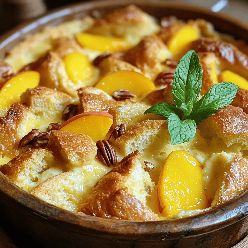 - Stale Brioche Bread Stale brioche bread works best. It soaks up the custard well. If the bread is fresh, it won't absorb as much liquid. - Ripe Peaches Use ripe peaches for the best flavor. They should be soft and sweet. Slice them thin to mix well into the pudding. - Dairy Components You will need eggs, whole milk, and heavy cream. These create a rich custard. The eggs help bind everything together. - Sweeteners and Seasonings Granulated sugar gives sweetness. Vanilla extract adds depth. Ground cinnamon and nutmeg enhance the flavor. A pinch of salt balances the sweetness. - Optional Add-ins Chopped pecans add crunch and flavor. You can leave them out if you prefer no nuts. Fresh mint leaves make a nice garnish too. This combination of ingredients creates a warm, comforting dessert. For the full recipe, check the detailed instructions above. - Preheat the Oven: Start by preheating your oven to 350°F (175°C). This step ensures even baking. Lightly grease a 9x13 inch baking dish with butter or non-stick spray. - Mix the Custard: In a large mixing bowl, whisk together the eggs, whole milk, heavy cream, granulated sugar, pure vanilla extract, ground cinnamon, freshly grated nutmeg, and a pinch of salt. Make sure everything is well combined. - Prepare the Bread: Add the brioche bread cubes to the egg mixture. Gently fold until the bread is fully soaked. Let it sit for about 15 minutes. This helps the bread absorb the custard well. - Incorporate the Peaches and Nuts: Once the bread has soaked, fold in the sliced peaches. If you like, add the chopped pecans for an extra crunch. Mix carefully to keep the peaches and pecans evenly spread. - Transfer to Baking Dish: Pour the bread mixture into the prepared baking dish. Spread it out evenly to ensure it bakes uniformly. - Bake the Pudding: Place the dish in the preheated oven. Bake for 45–50 minutes. Look for a golden brown top, and use a toothpick to check if it comes out clean from the center. - Cooling Time: After baking, take the pudding out of the oven. Allow it to cool for about 10-15 minutes. This helps it set, making it easier to cut. - Serving Suggestions: Serve the bread pudding warm. Add fresh mint leaves on top for a pop of color. For a special treat, drizzle some caramel sauce over each serving. For the full recipe, refer to the Peachy Delight Bread Pudding section above. - Selecting the Right Bread Use stale brioche bread for the best texture. It soaks up the custard well and stays soft. Fresh bread can make your pudding soggy. - Optimal Peach Ripeness Choose peaches that are ripe but firm. Overripe peaches can turn mushy and lose their shape. Look for a sweet aroma and slight give when you press them. - Adjusting Sweetness and Spices Taste your peaches first. If they are sweet, reduce the sugar slightly. Adding a pinch of salt balances the sweetness. Experiment with spices like nutmeg or cardamom for unique flavors. - Preventing Sogginess Don't let the bread soak too long in the custard. Fifteen minutes is enough. If you see excess liquid, gently press the bread down to absorb it better. These tips will help you create a delicious peach bread pudding. For the full recipe, check out the Peachy Delight Bread Pudding above. {{image_4}} You can have fun with peach bread pudding by trying some variations. - Adding Different Fruits You can swap peaches for other fruits. Think of ripe cherries, sweet apples, or even juicy berries. Each fruit gives a new flavor. Adding fruits can make your dessert unique. - Experimenting with Spice Blends Spice blends can change the taste. Try adding ginger for warmth or cardamom for a floral note. A touch of allspice can also bring a cozy feel. You can mix and match spices to create your favorite blend. - Gluten-Free Options with Alternative Breads If you need gluten-free options, use gluten-free bread. Many brands offer tasty choices. This way, everyone can enjoy the dish without worry. Just make sure to check the bread for any hidden gluten. - Alternative Nut Choices Nuts add crunch and flavor. Pecans work great, but you can also try walnuts or almonds. Each nut will bring its own taste. For a nut-free option, you can leave them out or use seeds like sunflower or pumpkin seeds. Feel free to get creative and make this recipe your own. For the full recipe, check the complete guide above. Storing Leftovers in the Refrigerator After enjoying your peach bread pudding, store leftovers in the fridge. Place them in an airtight container. This keeps them fresh for about three to four days. If you want to serve it later, make sure it cools completely before sealing it. Freezing Peach Bread Pudding You can freeze peach bread pudding for later use. Cut it into individual portions and wrap each slice tightly in plastic wrap. Then, place the slices in a freezer-safe bag. They will last up to three months in the freezer. Label the bag with the date for easy tracking. Reheating Instructions To reheat, first, thaw any frozen slices in the fridge overnight. For warm servings, pop them in the oven at 350°F for about 15-20 minutes. You can also use a microwave. Heat each slice for about 30-60 seconds, checking to avoid overheating. This way, it will taste fresh and delicious again! For the full recipe, check out the [Full Recipe]. Can I use fresh bread instead of stale? Yes, you can use fresh bread, but stale bread works best. Stale bread soaks up the custard better. This gives your pudding a nice, creamy texture. Can I make this recipe ahead of time? Absolutely! You can prepare the mixture a day in advance. Just cover it and store it in the fridge. Bake it fresh when you’re ready to serve. What can I serve with peach bread pudding? You can serve it warm with ice cream or whipped cream. A drizzle of caramel sauce adds a sweet touch. Fresh mint leaves also brighten up the dish. How do I know when the pudding is done baking? The pudding is done when the top is golden brown. Insert a toothpick into the center; it should come out clean. This means it’s set and ready to enjoy. For the complete recipe, check out the Full Recipe to make this delightful dish! Peach bread pudding blends simple ingredients for a warm dessert. You learned about selecting the best bread, ripe peaches, and other add-ins. I shared preparation steps and helpful tips for perfecting your dish. Exploring variations can make the recipe yours. Lastly, proper storage keeps leftovers fresh. Enjoy crafting your peach bread pudding, and don’t be afraid to try new twists!