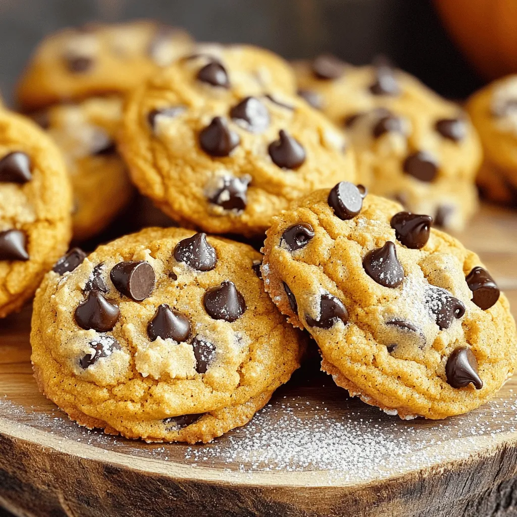 To make these delicious cookies, gather the following ingredients: - 1 cup unsalted butter - 1 cup pumpkin puree (canned or fresh) - 1 cup packed brown sugar - 1/2 cup granulated sugar - 1 large egg, at room temperature - 2 teaspoons pure vanilla extract - 2 cups all-purpose flour - 1 teaspoon baking soda - 1 teaspoon ground cinnamon - 1/2 teaspoon ground nutmeg - 1/2 teaspoon salt - 1 cup semi-sweet or dark chocolate chips - 1/2 cup chopped pecans (optional but recommended for added crunch) If you need to swap some ingredients, here are some easy options: - Use coconut oil instead of butter for a dairy-free version. - Maple syrup can replace granulated sugar for a natural sweetener. - For gluten-free cookies, try almond flour or a gluten-free flour blend. - You can swap the chocolate chips for dried cranberries or raisins for a twist. The type of chocolate chips you choose can change the cookies. Here are my favorites: - Semi-sweet chocolate chips provide a nice balance of sweet and rich. - Dark chocolate chips offer a deeper flavor and less sweetness. - Milk chocolate chips add creaminess and extra sweetness. - Try a mix of different types for a fun flavor combo. Now you're all set to create these amazing brown butter pumpkin chocolate chip cookies! For the full recipe, check out the details above. To start, melt 1 cup of unsalted butter in a medium saucepan. Use medium heat to keep it from burning. Stir it often, watching closely. After about 5-7 minutes, the butter will foam and turn golden brown. You will smell a rich, nutty aroma. Once it reaches this color, remove it from heat. Let it cool slightly so it doesn’t cook the egg later. In a large bowl, combine the warm brown butter with 1 cup of pumpkin puree, 1 cup of packed brown sugar, and 1/2 cup of granulated sugar. Use a whisk or wooden spoon to mix until it is smooth and creamy. Next, add 1 large egg and 2 teaspoons of pure vanilla extract. Whisk again until everything blends well and no lumps remain. In another medium bowl, whisk together 2 cups of all-purpose flour, 1 teaspoon of baking soda, 1 teaspoon of ground cinnamon, 1/2 teaspoon of ground nutmeg, and 1/2 teaspoon of salt. Make sure all the dry ingredients mix well. This step is key for even flavor in your cookies. Gradually add this dry mix to the wet ingredients. Stir gently with a spatula or wooden spoon until just combined. Be careful not to overmix. Next, fold in 1 cup of chocolate chips and, if you like, 1/2 cup of chopped pecans. Ensure they are spread evenly in the dough without overworking it. This step will help keep your cookies soft and chewy. For the full recipe, check out the complete instructions. To get the right texture for your cookies, remember these key points: - Chill the dough: Chilling for at least 30 minutes is a must. This helps the cookies stay thick and chewy. - Don’t overmix: When you mix the wet and dry ingredients, stop as soon as you see no dry flour. Overmixing makes them tough. - Watch the bake time: Remove the cookies when the edges set but the centers look soft. They will continue to cook on the sheet. Store your cookies in an airtight container. This keeps them fresh and soft. Here are some tips: - Room temperature: They stay good for about a week on the counter. - Freezing: For longer storage, freeze cookies in a single layer on a baking sheet. Once frozen, place them in a zip-top bag. They last up to three months. - Reheat: To enjoy warm cookies, heat them in the oven at 350°F for 5-7 minutes. Baking can be tricky. Avoid these mistakes to ensure perfect cookies: - Using cold butter: Use brown butter, but let it cool slightly before mixing with other ingredients. - Ignoring measurements: Accurate measuring is key. Use measuring cups and spoons for best results. - Skipping the cooling time: Don’t rush to move cookies off the tray. Let them cool on the sheet for 5 minutes to set properly. For a full recipe of these delightful cookies, check out the [Full Recipe]. {{image_4}} You can make these cookies gluten-free easily. Simply replace all-purpose flour with gluten-free flour. Look for blends made for baking. They work well and keep the cookies soft. You might need to add a bit of xanthan gum to mimic the texture. This helps hold everything together. Want a vegan version? Swap the egg for a flax egg. To make a flax egg, mix 1 tablespoon of flaxseed meal with 2.5 tablespoons of water. Let it sit for a few minutes to thicken. Use plant-based butter instead of regular butter. Choose dairy-free chocolate chips to keep it vegan-friendly. You can play with flavors in these cookies. Try adding spices like ginger or allspice for warmth. A bit of vanilla bean paste can give extra depth. Nuts like walnuts or pecans add a lovely crunch. You can even fold in dried cranberries for a tart twist. Mix and match to find your favorite combo! For the full recipe, check out the Brown Butter Pumpkin Chocolate Chip Cookies. To keep your Brown Butter Pumpkin Chocolate Chip Cookies fresh, proper storage is key. First, let the cookies cool completely. This prevents moisture from building up, which can make them soggy. Once cooled, place the cookies in an airtight container. Layer them with parchment paper to avoid sticking. Store at room temperature for up to four days. If you want them to last longer, consider freezing. Freezing cookies is a great option for later enjoyment. To freeze, first, shape the dough into balls. Place them on a baking sheet and freeze for about an hour. Once firm, transfer the dough balls to a freezer-safe bag. This method prevents them from sticking together. You can freeze them for up to three months. When ready to bake, just take out the desired amount and bake from frozen, adding a few extra minutes to the bake time. For the best taste, eat the cookies within the first few days. The flavors are at their peak freshness then. If stored well, they can last up to a week at room temperature. Always check for any signs of spoilage before eating, such as changes in texture or smell. The combination of brown butter and pumpkin gives these cookies a rich flavor. It’s worth taking care to store them right so you can enjoy every bite! For the full recipe, check the earlier sections. To make your cookies chewy, focus on a few key steps. Use more brown sugar than white sugar. Brown sugar adds moisture, which keeps cookies soft. Also, don't overmix the dough. Overmixing can make cookies tough. Chilling the dough is another great trick. It helps the cookies keep their shape. Lastly, bake them just until the edges are set. The centers should look slightly underbaked for that perfect chewy texture. Yes, you can use fresh pumpkin! To do this, start by roasting a small pumpkin. Cut it in half, scoop out the seeds, and bake it face down until soft. This usually takes about 30-45 minutes at 350°F (175°C). Once it cools, scoop out the flesh and puree it. This fresh pumpkin will add a wonderful flavor to your cookies. Just make sure to measure it out like you would with canned pumpkin. Brown butter is special because it adds a rich, nutty flavor to baked goods. When you heat butter, the milk solids toast and caramelize. This process creates a depth of flavor that plain butter can't match. Brown butter also has a lovely aroma that fills your kitchen. The warm, rich taste enhances the flavors of pumpkin and chocolate in your cookies. It’s a simple step that makes a big difference in taste. You can find the full recipe for Brown Butter Pumpkin Chocolate Chip Cookies to explore this delightful flavor further. This blog post covered all you need to bake amazing cookies. We explored essential ingredients and their substitutes. You learned about the best types of chocolate chips too. The step-by-step guide made it easy to follow along. Understanding tips for texture and storage will help you keep cookies fresh. We also looked at variations for gluten-free and vegan diets. Remember these insights next time you bake. Enjoy your delicious creations and happy baking!