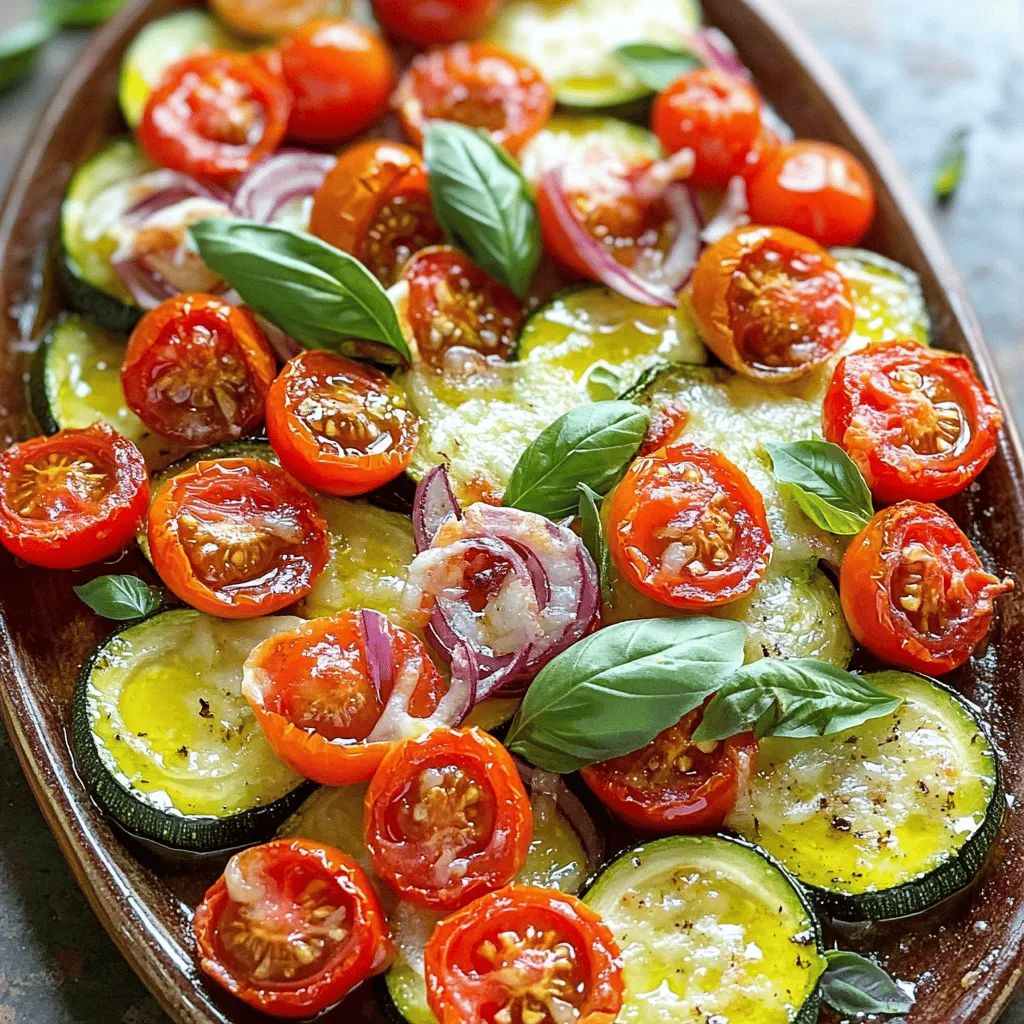- 4 medium zucchinis, sliced into thin rounds - 2 cups cherry tomatoes, halved - 1 medium red onion, thinly sliced - 3 cloves garlic, minced - 1 teaspoon dried Italian herbs (such as oregano, thyme, and basil) - 3 tablespoons olive oil - Salt and freshly ground black pepper to taste - Fresh basil leaves for garnish - Grated Parmesan cheese - Fresh basil leaves - Selecting ripe tomatoes: Look for tomatoes that are firm and vibrant in color. They should feel heavy for their size, signaling juiciness. - Choosing firm zucchinis: Pick zucchinis that are smooth and free from blemishes. They should feel solid and have a bright green color. When you choose fresh produce, you improve the taste of your dish. Fresh ingredients not only taste better but also add more nutrients. Always feel the produce and check for any soft spots or discoloration. This makes a big difference in your savory baked zucchini with tomatoes. Enjoy the process, and let your senses guide you! For the full recipe, check the earlier section. Start by setting your oven to 400°F (200°C). This temperature is perfect for roasting. While the oven heats, grab a baking sheet. Line it with parchment paper. This makes cleanup easy and helps food not stick. In a large bowl, mix the sliced zucchinis, halved cherry tomatoes, thinly sliced red onion, and minced garlic. Make sure to spread them out well. This helps every bite get flavor. Next, drizzle 3 tablespoons of olive oil over the veggies. Then, add the dried Italian herbs along with salt and black pepper. Use a wooden spoon or your hands to toss everything. Make sure all the veggies are coated well. Now, evenly spread the veggie mixture on your prepared baking sheet. It's important to keep them in a single layer. This helps them cook evenly and get that nice roasted look. If you like cheese, sprinkle the grated Parmesan on top. Slide the baking sheet into your preheated oven. Bake for 25-30 minutes. You want the zucchinis to be tender and the tomatoes to get a bit blistered. Once done, take them out and let them cool for a few minutes. Enjoy your savory baked zucchini with tomatoes as a tasty side dish. For the full recipe, check the section above! To avoid mushy zucchinis, choose the right size. Look for medium zucchinis; they hold their shape well. Cut them into thin rounds. This helps them cook evenly. Avoid overcooking them. Check for doneness around 25 minutes. They should be tender but still firm. You can add more herbs or spices to boost flavor. Fresh basil or parsley works great. Try a pinch of red pepper flakes for heat. If you love garlic, add more minced garlic. Experiment with your favorite seasonings. This way, you can make the dish your own. Baking time can vary based on your oven. If your oven runs hot, check the zucchinis at 20 minutes. If it's cooler, they may need up to 35 minutes. Keep an eye on them. The goal is golden edges and blistered tomatoes. Adjust the time as needed to get that perfect golden color. {{image_4}} If you want a dairy-free version, you can skip the Parmesan cheese. Instead, try a sprinkle of nutritional yeast. This adds a cheesy flavor without any dairy. You can also use a vegan cheese alternative. They melt well and keep the dish creamy. To make this dish more filling, add protein. Grilled chicken works great. Just slice it thin and mix it in before baking. If you prefer a plant-based option, add cooked beans like chickpeas or black beans. They add texture and extra protein. You can change the vegetables based on what’s fresh. In summer, add bell peppers or eggplant. In fall, try butternut squash or carrots. Each vegetable brings its own taste and texture. This keeps the dish exciting all year long. For the full recipe, refer to the recipe section. Before storing leftovers, let your dish cool to room temperature. This helps prevent condensation, which can make the dish soggy. Spread the zucchini and tomato mixture on a plate to cool faster. Once cooled, it’s ready for storage. Use airtight containers to keep your baked zucchini fresh. Glass or BPA-free plastic containers work well. If you plan to eat it within a few days, use a shallow container. This allows for even cooling and reheating. For longer storage, consider freezing. To enjoy your dish again, reheat it in the oven. Preheat the oven to 350°F (175°C). Place the zucchini and tomatoes on a baking sheet. Heat for about 10-15 minutes or until warm. This method keeps them tender and flavorful. You can also microwave it, but this may make it softer. For the best taste, stick to the oven. If you want to refresh the flavors, drizzle a bit of olive oil before serving. For the full recipe, check out the earlier section. Yes, you can swap zucchini and tomatoes. Try eggplant, bell peppers, or asparagus. You can also mix in broccoli or cauliflower for extra crunch. Just cut them into similar sizes. This keeps cooking times even. Aim for colorful veggies to make your dish pop! Savory baked zucchini with tomatoes pairs well with many meals. Serve it with grilled chicken or fish for a healthy dinner. You can also add it to pasta dishes for a veggie boost. For a lighter option, serve it alongside a fresh salad. It adds flavor and a nice touch to any plate! This dish is naturally gluten-free! Just ensure any added ingredients, like store-bought sauces, are gluten-free too. If you choose to add bread crumbs, opt for gluten-free ones. This way, you can enjoy the dish without worry. It's a simple adjustment for those with dietary needs. For the full recipe, check out the details provided earlier! This blog post covered a simple vegetable dish using zucchini, cherry tomatoes, and Italian herbs. We discussed how to pick fresh produce and shared easy steps for baking. You learned tips for perfect texture and flavor, along with variations for your taste and dietary needs. In conclusion, cooking should be fun and simple. Use fresh ingredients and adjust as you like. Enjoy making this dish your own and savor the flavors.