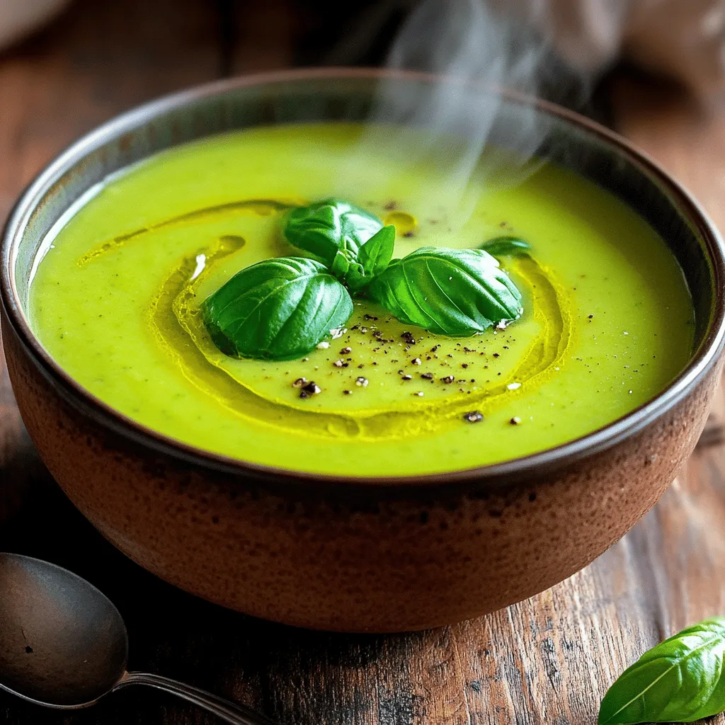 To make a tasty zucchini soup, gather these simple ingredients: - 4 medium zucchinis, diced - 1 large onion, finely chopped - 3 cloves garlic, minced - 2 cups vegetable broth - 1 cup creamy coconut milk - 2 tablespoons olive oil - 1 teaspoon dried thyme - 1 teaspoon freshly grated lemon zest - Salt and black pepper to taste - Fresh basil leaves for garnish Each ingredient brings its own unique health benefits: - Zucchini: Low in calories and high in water, zucchini helps keep you hydrated. It also provides vitamins A and C for good skin and immune health. - Onion: Packed with antioxidants, onions support heart health and have anti-inflammatory properties. - Garlic: Garlic boosts the immune system and may lower blood pressure. It adds strong flavor too! - Vegetable broth: A low-calorie base that adds flavor without fat, it keeps the soup light. - Coconut milk: This creamy addition is rich in healthy fats and helps make the soup smooth. - Olive oil: A good source of healthy fats, olive oil supports heart health and adds flavor. - Dried thyme: This herb is rich in vitamins and adds a lovely earthy taste. - Lemon zest: It brightens the soup with a fresh flavor and provides vitamin C. - Basil: Fresh basil adds aroma and flavor while offering antioxidants. If you have specific dietary needs, here are some great swaps: - Coconut milk: Use almond milk or cashew cream for a dairy-free option. - Vegetable broth: Chicken broth can be used for non-vegetarians. - Olive oil: Avocado oil works well for a different flavor. - Zucchini: Substitute with yellow squash or cauliflower for a twist. - Thyme: Oregano or basil can replace thyme if you prefer other herbs. These swaps help you enjoy the soup while matching your diet. For the complete recipe, check out the Full Recipe section. To make zucchini soup, you need to follow a simple method. Start by heating olive oil in a large pot over medium heat. Add finely chopped onion and cook it for about five minutes. The onion should turn soft and clear. Next, stir in minced garlic and dried thyme for one more minute. This brings out great flavors. Then add diced zucchinis and mix everything well. Cook the zucchinis for five to seven minutes until they soften. Now, pour in the vegetable broth. Turn up the heat until it gently boils. Once boiling, lower the heat and let it simmer for 15 minutes. The zucchinis should be very soft by now. After simmering, take the pot off the heat and let it cool for a few minutes. Use an immersion blender to purée the soup until it is smooth. If you don't have one, you can use a regular blender, but be careful as the soup is hot. Return the smooth soup to the pot. Stir in creamy coconut milk and lemon zest. This adds a bright taste to the soup. Finally, season with salt and black pepper. Heat it gently until warm. Sautéing is a key step in making this soup. Use medium heat to cook the onion first. This allows it to soften without burning. When you add garlic and thyme, stir often to avoid sticking. For blending, an immersion blender is best. It keeps the soup in one pot and is easy to use. If using a regular blender, fill it halfway. This prevents spills and helps blend evenly. One common mistake is cooking the garlic too long. It can burn and taste bitter. Always watch it closely. Another mistake is not letting the zucchinis soften enough. If they remain hard, the soup will be chunky. Make sure to simmer long enough. Lastly, don’t forget to season your soup. Adding salt and pepper at the end enhances the flavor. For full details, check the Full Recipe. To make your zucchini soup shine, add layers of flavor. Start with aromatics. Sauté onions and garlic until soft. This step builds a strong base. You can add herbs like thyme or basil for extra zest. A splash of lemon juice brightens the soup. Use fresh herbs for the best taste. It adds a lovely aroma and freshness. If you want a thicker soup, blend it longer. You can also add a potato to the mix. It gives a creamy texture without dairy. To thin your soup, add more vegetable broth or coconut milk. This lets you control the consistency. Remember, it's easy to adjust as you go. For a smooth texture, blend the soup well. Use an immersion blender for ease. If using a regular blender, let the soup cool a bit first. Hot soup can splatter. Always blend in batches if needed. If you prefer a chunkier soup, blend only half. Stir in the rest after blending. This gives a nice contrast in texture. {{image_4}} To make a spicy zucchini soup, add some heat. You can use red pepper flakes or diced jalapeños. Start by sautéing the peppers with the onions. This step boosts the flavor. You may also add a splash of hot sauce at the end. Adjust the spice level to fit your taste. This version will warm you up on chilly days. Combining zucchini and potatoes creates a hearty soup. The potatoes add creaminess and body. Simply dice two medium potatoes and add them with the zucchini. Cook them until soft, just like the zucchinis. This mix gives you a filling meal. You can still use coconut milk for that creamy texture. If you prefer a vegan option, swap the coconut milk. Use cashew cream or silken tofu blended with water. This keeps the soup rich and smooth. You can also try unsweetened almond milk. These alternatives make it easy to enjoy zucchini soup without dairy. Each option offers a unique taste while keeping it plant-based. For the full recipe, check out Creamy Zucchini Bliss Soup. To keep your zucchini soup fresh, store leftovers in an airtight container. Make sure the soup cools first. It can last in the fridge for up to three days. If you notice any strange smells or colors, it's best to toss it. Freezing is a great option for longer storage. Pour the cooled soup into freezer-safe bags or containers. Leave some space at the top for expansion. You can freeze it for up to three months. Label your containers with the date for easy tracking. When reheating, do it slowly on the stove over low heat. Stir often to keep it from sticking. If it seems too thick, add a splash of vegetable broth or coconut milk. Taste and adjust the seasoning as needed. Enjoy your creamy zucchini bliss! If you want the full recipe, check out the details above. To make zucchini soup from scratch, follow these simple steps: 1. Start by heating olive oil in a large pot. 2. Add chopped onion and sauté until soft. 3. Mix in minced garlic and dried thyme for flavor. 4. Add diced zucchinis and cook until they soften. 5. Pour in vegetable broth and simmer until tender. 6. Blend the soup until smooth, then add coconut milk and lemon zest. 7. Season with salt and pepper, then serve warm. This method gives you a creamy soup, packed with flavor. For the full recipe, check the instructions above. Yes, you can add other vegetables to zucchini soup. Carrots, spinach, or bell peppers work well. Each vegetable adds its unique taste and nutrition. Just chop them small and add them when you sauté the onion. This way, they cook evenly. Feel free to experiment with your favorites! A serving of zucchini soup has about 150 calories. This count may change based on added ingredients. Coconut milk adds creaminess but also extra calories. To cut calories, use less coconut milk or substitute with a low-fat option. Zucchini is low in calories and high in nutrients. It is a great source of vitamins A and C. These vitamins help boost your immune system. Zucchini is also rich in fiber, which aids digestion. Eating zucchini may help you feel full, making it great for weight loss. Plus, it has antioxidants that can protect your cells. Enjoying zucchini soup is a tasty way to reap these benefits! In this post, we covered everything about zucchini soup. We discussed key ingredients, their health perks, and dietary swaps. I also shared step-by-step cooking methods and common mistakes to avoid. We explored tips for flavor and texture, plus tasty soup variations. Lastly, we looked at storage tips and answered your questions about zucchini soup. Zucchini soup is healthy and simple to make. You can enjoy it in many ways. With these tips, you're ready to create your perfect bowl!