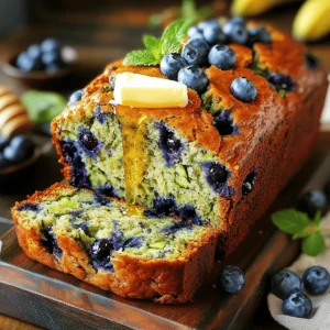 To make blueberry banana zucchini bread, gather these key ingredients: - 1 cup ripe bananas, mashed (approximately 2 medium bananas) - 1 cup freshly grated zucchini (about 1 medium zucchini) - 1/2 cup unsweetened applesauce - 1/3 cup vegetable oil - 1/2 cup packed brown sugar - 1/4 cup granulated sugar - 2 large eggs, at room temperature - 1 teaspoon pure vanilla extract - 1 1/2 cups all-purpose flour - 1 teaspoon baking soda - 1/2 teaspoon baking powder - 1/4 teaspoon fine salt - 1 teaspoon ground cinnamon - 1 cup fresh or frozen blueberries (no need to thaw if using frozen) - Optional: 1/2 cup chopped walnuts or pecans If you need to make swaps, here are some options: - Bananas: You can use applesauce instead for a lower sugar option. - Zucchini: Grated carrots can work well in a pinch. - Sugar: Coconut sugar can replace brown and granulated sugar. - Oil: You may use melted coconut oil or unsweetened applesauce for a lighter choice. - Eggs: Flaxseed meal mixed with water can serve as an egg substitute (1 tablespoon flaxseed + 2.5 tablespoons water = 1 egg). Each ingredient adds value to the bread: - Bananas: Provide potassium and natural sweetness. - Zucchini: Adds moisture and is low in calories, high in vitamins. - Applesauce: Lowers fat and sugar content while keeping the bread moist. - Blueberries: Rich in antioxidants and boost vitamin C. - Nuts: Chopped walnuts or pecans offer healthy fats and protein. This blueberry banana zucchini bread is not just tasty; it’s packed with nutrients. For the full recipe, check out the details above. Enjoy baking! To start, gather all your ingredients. Make sure you have ripe bananas, fresh zucchini, and blueberries ready. Preheat your oven to 350°F (175°C). This step is key for even baking. Take a 9x5-inch loaf pan and grease it lightly or line it with parchment paper. This will help your bread come out easily later. Next, in a large bowl, mash the bananas until smooth. You want about one cup of mashed bananas, or two medium bananas. Then, grate one medium zucchini to get one cup. Add the zucchini to the bowl with the bananas. Pour in half a cup of unsweetened applesauce and one-third cup of vegetable oil. Mix everything well with a fork or an electric mixer until smooth. Now, crack two large eggs into the bowl. Add half a cup of packed brown sugar, a quarter cup of granulated sugar, and one teaspoon of pure vanilla extract. Whisk all these ingredients together until they blend well. In another bowl, mix one and a half cups of all-purpose flour, one teaspoon of baking soda, half a teaspoon of baking powder, a quarter teaspoon of fine salt, and one teaspoon of ground cinnamon. Stir until everything is mixed well. Slowly fold this dry mixture into the wet mixture. Be gentle and do not overmix. Finally, add one cup of blueberries. If you use frozen blueberries, there’s no need to thaw them first. You can also add half a cup of chopped walnuts or pecans if you like. Gently fold these into the batter. Once your batter is ready, pour it into the loaf pan. Smooth the top with a spatula or the back of a spoon. Place the pan in your preheated oven. Bake the bread for 55 to 65 minutes. Check for doneness by inserting a toothpick into the center. If it comes out clean or with a few crumbs, your bread is ready. For best results, avoid opening the oven door too often. This helps maintain a steady temperature. If the top of the bread browns too quickly, cover it loosely with foil. After baking, remove the bread from the oven. Let it cool in the pan for about 10 minutes. This helps it firm up a bit. Then, carefully transfer the bread to a wire rack to cool completely. This step is important to prevent sogginess. Once cooled, use a sharp knife to slice the bread. Aim for even slices to make it look nice. Serve it warm with butter or honey for a delightful treat. Enjoy your homemade blueberry banana zucchini bread! For the Full Recipe, you can refer to the earlier section above. To make sure your bread stays moist, use ripe bananas. The riper the bananas, the sweeter and softer they are. You can also add applesauce, which helps keep the bread moist. Grating the zucchini finely will help it blend well into the batter. This adds moisture without making the bread soggy. Be careful not to overmix the batter. Stir just until everything mixes together. Overmixing can lead to a dense texture. One common mistake is using too much flour. Make sure to measure it correctly. If you pack the flour in tightly, it can add extra weight to your bread. Another mistake is baking it for too long. Keep an eye on your bread in the oven. If the top looks golden brown, check it with a toothpick. Lastly, don’t skip the cooling step. Letting your bread cool helps it finish cooking and makes slicing easier. You can boost the flavor of your bread with spices. Adding a touch of nutmeg or ginger can add warmth. You may also try mixing in a splash of orange juice or zest. This adds a bright flavor that pairs well with the blueberries. If you love nuts, adding walnuts or pecans gives a nice crunch. You can also use flavored extracts, like almond or coconut, for a fun twist. For the full recipe, check the details provided earlier. {{image_4}} You can make this bread gluten-free! Use a gluten-free all-purpose flour mix. Look for one with xanthan gum. This helps the bread rise and stay together. It tastes just as good and keeps the texture soft. Want a vegan version? You can swap eggs for flax eggs. To make a flax egg, mix one tablespoon of ground flaxseed with three tablespoons of water. Let it sit for 5 minutes to thicken. You can also use plant-based oil instead of vegetable oil. This makes the bread moist and tasty. Feel free to get creative with mix-ins! You can add nuts like walnuts or pecans for crunch. Chia seeds or sunflower seeds add a nice texture and boost nutrition. For a sweeter twist, try adding chocolate chips or dried fruit. Each option brings a unique flavor that makes your bread special. For the full recipe, check out the complete guide to make this delicious treat! To keep your Blueberry Banana Zucchini Bread fresh, wrap it well. Use plastic wrap or aluminum foil. You can also place it in an airtight container. Store it at room temperature for up to three days. If you want it to last longer, consider freezing it. Freezing this bread is easy. First, let it cool completely. Then, slice it into pieces. Wrap each slice in plastic wrap. Place the wrapped slices in a freezer-safe bag. You can freeze it for up to three months. When you’re ready to eat, just thaw it overnight in the fridge. To enjoy your bread warm, preheat your oven to 350°F (175°C). Place the slices on a baking sheet. Heat them for about 10 minutes. You can also use a microwave. Warm each slice for about 20-30 seconds. Enjoy the fresh taste with a touch of butter or honey! Blueberry Banana Zucchini Bread lasts about 3 to 4 days when stored properly. Keep it in an airtight container at room temperature. If you want it to last longer, you can freeze it. It stays good in the freezer for up to 3 months. To serve, just thaw it overnight in the fridge. Yes, you can swap zucchini with other veggies. Carrots or shredded squash work well. Both add moisture and a mild taste. Just make sure to grate them finely. This way, they mix well into the batter. You can enjoy Blueberry Banana Zucchini Bread in many ways. Serve it warm with butter or cream cheese. A drizzle of honey or maple syrup adds sweetness. You might also try it with a side of yogurt or fresh fruit. This makes a great breakfast or snack! Check the Full Recipe for more ideas. In this blog post, I covered the key ingredients and their benefits for Blueberry Banana Zucchini Bread. I shared step-by-step instructions and helpful baking tips to ensure success. We explored variations, storage methods, and answered common questions. Now you are ready to bake this tasty bread. Enjoy experimenting with new flavors and variations. With practice, you’ll master this recipe and impress your family and friends. Happy baking!