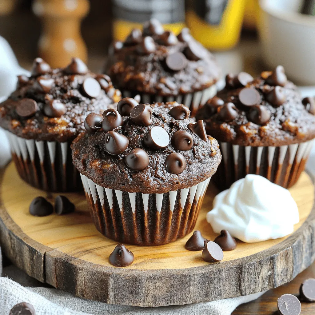 To make these Healthy Double Chocolate Zucchini Muffins, gather these ingredients: - 1 cup grated zucchini (approximately 1 medium zucchini) - 1 cup whole wheat flour - 1/2 cup unsweetened cocoa powder - 1/2 teaspoon baking soda - 1/2 teaspoon baking powder - 1/4 teaspoon fine sea salt - 1/2 cup pure maple syrup - 1/4 cup plain Greek yogurt - 1/4 cup coconut oil, melted and slightly cooled - 2 large eggs at room temperature - 1 teaspoon pure vanilla extract - 1/2 cup semi-sweet dark chocolate chips You can make these muffins even better by adding a few optional items: - 1/2 cup chopped nuts (like walnuts or pecans) - 1/4 cup shredded coconut - A pinch of cinnamon for warmth - Extra chocolate chips on top for a more indulgent taste These muffins pack a punch of flavor and good nutrition. Each muffin has: - Calories: 150 - Protein: 4g - Carbohydrates: 22g - Fiber: 3g - Fat: 6g - Sugar: 5g This information helps you know what you are eating. The muffins are lower in sugar and high in fiber due to the zucchini. You can feel good about enjoying them! For the full recipe, check out the detailed instructions above. 1. Preheat the Oven: Start by preheating your oven to 350°F (175°C). Line a muffin tin with paper liners or grease it lightly. 2. Combine Dry Ingredients: In a medium bowl, mix whole wheat flour, cocoa powder, baking soda, baking powder, and salt. Whisk until blended well. 3. Mix Wet Ingredients: In a large bowl, mix maple syrup, Greek yogurt, melted coconut oil, eggs, and vanilla. Whisk until smooth. 4. Prepare the Zucchini: Take your grated zucchini and squeeze it in a clean towel to remove excess water. Then, fold it into the wet mixture. 5. Combine Wet and Dry Mixtures: Gradually add the dry mix to the wet mix. Stir gently until just combined. A few lumps are okay! 6. Add Chocolate Chips: Fold in the dark chocolate chips, ensuring they are spread throughout the batter. 7. Prepare for Baking: Use a scoop to fill each muffin cup about three-quarters full. This allows room for rising. 8. Bake to Perfection: Place the tin in your oven and bake for 18-20 minutes. Use a toothpick to check for doneness. It should come out clean. 9. Cool the Muffins: Let the muffins cool in the tin for about 5 minutes. Then, move them to a wire rack to cool completely. - Measure Ingredients Accurately: Use the right tools to measure flour and cocoa powder. Too much can make your muffins dense. - Room Temperature Eggs: Use eggs that are at room temperature for better mixing. - Don’t Overmix: Stir just until combined. Overmixing can lead to tough muffins. - Use Fresh Ingredients: Check your baking powder and soda for freshness. They should be active to help muffins rise. - Toothpick Test: Insert a toothpick into the center of a muffin. If it comes out clean or with a few moist crumbs, they are done. - Look for Springs: Gently touch the top of a muffin. If it springs back, it is ready. If it sinks, it needs more time. - Cool Properly: Allow muffins to cool in the pan before transferring them. This helps keep their shape and texture. For the complete recipe, check the [Full Recipe]. To make your muffins even healthier, consider these simple tips: - Use applesauce: Replace some of the coconut oil with unsweetened applesauce. This cuts fat and adds moisture. - Opt for whole ingredients: Stick with whole wheat flour for more fiber. - Sweeten wisely: Use less maple syrup or try adding mashed bananas for natural sweetness. - Add nuts or seeds: Incorporate walnuts or chia seeds for extra nutrients and crunch. Here are some common pitfalls when baking zucchini muffins: - Not squeezing the zucchini: Always remove excess moisture to prevent soggy muffins. - Overmixing the batter: Mix just until wet and dry ingredients combine to keep muffins fluffy. - Ignoring the oven temperature: Make sure your oven is preheated to ensure even baking. - Skipping the cooling time: Allow muffins to cool before serving to enhance their flavor and texture. To take your double chocolate muffins to the next level, try these ideas: - Experiment with spices: Add a pinch of cinnamon or nutmeg for warmth. - Use flavored yogurt: Swap plain Greek yogurt with chocolate or vanilla for more depth. - Incorporate coffee: A splash of brewed coffee can enhance the chocolate flavor. - Add a pinch of sea salt: Sprinkling a little sea salt on top before baking brings out sweet flavors. For the complete recipe, check out the [Full Recipe]. {{image_4}} You can easily make these muffins gluten-free. Simply swap whole wheat flour for a gluten-free blend. Look for a mix that works well for baking. Make sure it includes xanthan gum for texture. This small change keeps the muffins light and tasty. Want a vegan twist? Replace the eggs with flaxseed meal. Mix 1 tablespoon of flaxseed meal with 2.5 tablespoons of water. Let it sit for five minutes to thicken. Use a non-dairy yogurt in place of Greek yogurt. Coconut yogurt or almond yogurt works great. These swaps will still give you moist and delicious muffins. Feel free to get creative with mix-ins! You can add nuts like walnuts or pecans for crunch. Dried fruits such as raisins or cranberries add sweetness. Even a sprinkle of cinnamon can boost the flavor. Just remember to keep the total mix-ins to about one cup. This way, the muffins stay balanced and delicious. For the full recipe, check back for all the details! To keep your muffins fresh, store them in an airtight container. You can place them on the counter for up to three days. If you need them to last longer, the fridge is a good option. Just remember, refrigeration may dry them out a bit. Freezing is a great way to store muffins. Wrap each muffin in plastic wrap, then place them in a freezer bag. They will stay fresh for up to three months. When you're ready to enjoy one, just take it out and let it thaw at room temperature. To reheat your muffins, you have a few choices. You can use a microwave for quick results. Heat them for about 15-20 seconds. Alternatively, you can warm them in the oven at 350°F (175°C) for about 10 minutes. This will bring back their fluffy texture and warm you up! Yes, you can use regular all-purpose flour. However, whole wheat flour adds more fiber and nutrients. The muffins will still taste great, but the texture may change slightly. Whole wheat gives a heartier feel and unique flavor to your muffins. You can tell if your muffins are overmixed by looking for a smooth, dense batter. If you see a lot of gluten development, the muffins may come out tough. To avoid this, mix gently until just combined. A few lumps are okay! Absolutely! You can use honey or agave syrup. Each sweetener will change the flavor a bit. If you prefer a low-calorie option, try a sugar substitute like stevia. Just remember to adjust the amount, as substitutes can vary in sweetness. For the full recipe, check out the complete instructions. This blog post covered all you need for making delicious zucchini muffins. We discussed the ingredients, added tips, and variations. You can bake healthier muffins with ease. Always check for doneness and avoid common mistakes. Choose gluten-free or vegan options to fit your needs. Store them right, freeze extras, and follow reheating tips. Now you have all the tools to create a tasty treat. Enjoy your muffin-making journey!