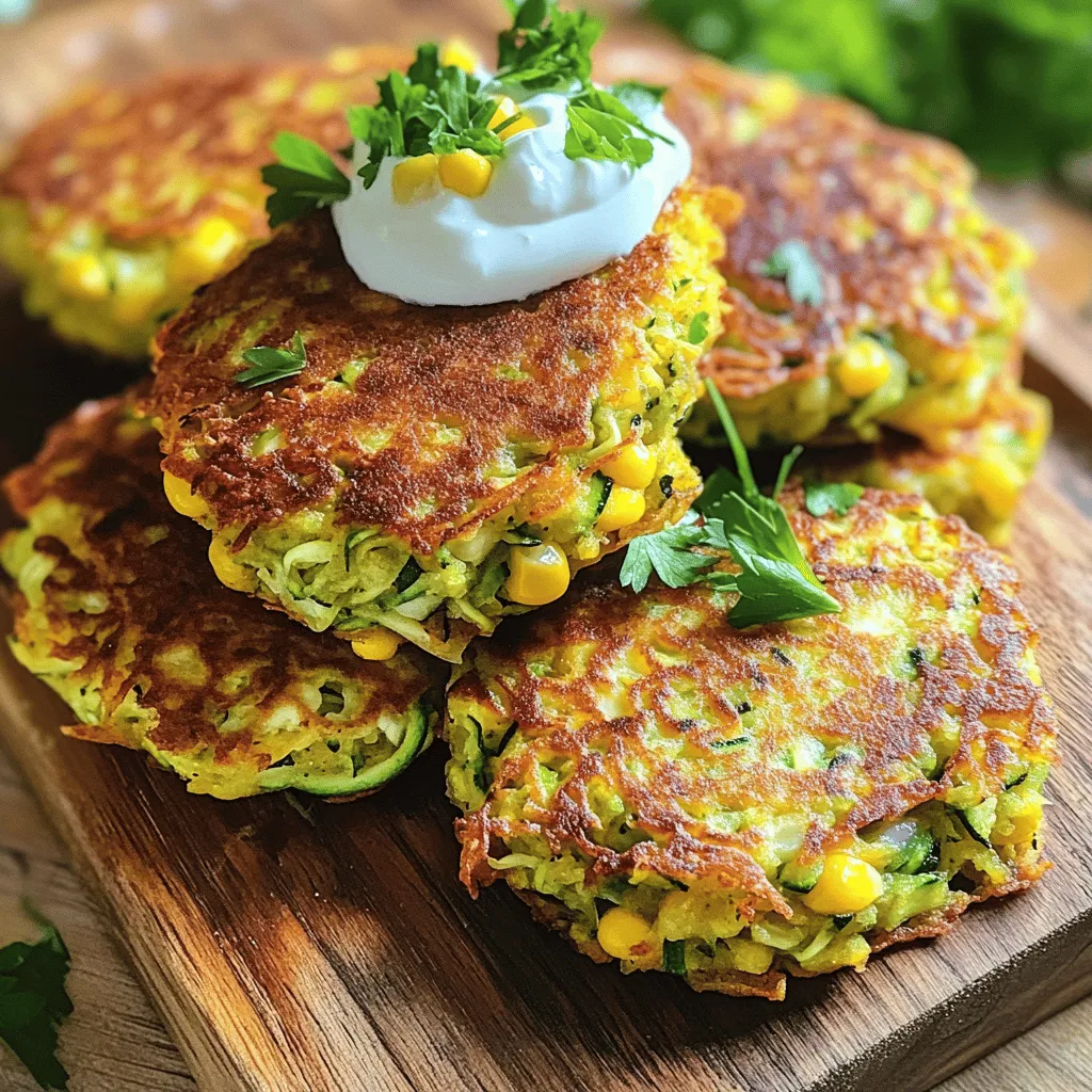 To make tasty zucchini corn fritters, gather these key items: - 2 medium zucchinis, grated and excess moisture squeezed out - 1 cup fresh corn kernels (or 1 can of drained corn) - 1/2 cup all-purpose flour - 1/4 cup cornmeal - 1/2 teaspoon baking powder - 1/2 teaspoon garlic powder - 1/2 teaspoon onion powder - 1/4 teaspoon cayenne pepper (optional for a touch of heat) - Salt and freshly ground black pepper, to taste - 2 large eggs, beaten - 1/4 cup finely chopped fresh parsley (or cilantro, if preferred) - Olive oil, for frying These ingredients blend together to create a delicious flavor and texture. The zucchini gives a fresh taste, while corn adds sweetness. The spices enhance the overall flavor. You can add a few extra ingredients to make your fritters even better: - Chopped green onions for added bite - Grated cheese like feta or cheddar for creaminess - Diced bell peppers for a colorful crunch - Fresh herbs like dill or basil for more flavor These additions can make your fritters unique and cater to your taste. If you have specific dietary needs, here are some substitutions: - Use gluten-free flour instead of all-purpose flour for a gluten-free option. - Replace eggs with flaxseed meal mixed with water to make it vegan. - Swap corn with other veggies like grated carrots or bell peppers for variety. - Use coconut oil or avocado oil instead of olive oil for frying. These substitutes allow everyone to enjoy zucchini corn fritters, no matter their diet. Check out the Full Recipe to see how these ingredients come together! 1. Start by taking two medium zucchinis. Grate them into a large bowl. 2. Add one cup of fresh corn kernels or one can of drained corn. 3. Sprinkle a generous pinch of salt over the mixture. 4. Let it rest for about ten minutes. This helps pull out moisture. 5. After resting, use a clean towel to squeeze out extra liquid. 6. In another bowl, mix 1/2 cup of flour and 1/4 cup of cornmeal. 7. Add 1/2 teaspoon of baking powder, garlic powder, and onion powder. 8. If you like heat, add 1/4 teaspoon of cayenne pepper. 9. Season with salt and pepper. Whisk until well mixed. 10. Pour in two beaten eggs and 1/4 cup of chopped parsley. 11. Stir gently, mixing until just combined. Avoid overmixing. 12. Fold the zucchini and corn mixture into the batter. 1. Heat about two tablespoons of olive oil in a large skillet. 2. Set the heat to medium until the oil is shimmering. 3. Use a spoon to drop generous dollops of batter into the skillet. 4. Flatten each fritter slightly with a spatula for even cooking. 5. Cook for 3-4 minutes on each side. Look for a golden brown color. 6. Monitor the heat to prevent burning. Adjust as needed. 7. Once cooked, place fritters on a plate with paper towels. - Always squeeze out excess moisture from the zucchini. - Use enough oil to fry; this helps them crisp up. - Avoid overcrowding the skillet; this keeps the heat steady. - Monitor cooking time to ensure a crispy outside. - Serve warm for the best texture. For the full recipe, check out the details above. When making zucchini corn fritters, avoid these common mistakes: - Not squeezing moisture: Always squeeze out excess water from the zucchini. This keeps your fritters crispy. - Overmixing the batter: Mix just until combined. Overmixing can make them tough. - Crowding the skillet: Fry fritters in small batches. If they are too close, they will steam instead of fry. - Using low heat: Heat your oil properly. Too low a heat can lead to soggy fritters. Serve your fritters warm for the best taste. You can place them on a colorful platter. This adds visual appeal. Garnish with fresh herbs like parsley. A squeeze of lime boosts the flavor. Pair them with a dollop of sour cream or yogurt for a creamy touch. For dipping sauces, I suggest: - Sour cream: Classic and creamy. - Yogurt with lime: Mix yogurt with lime juice for zest. - Spicy mayo: Mix mayo with hot sauce for a kick. - Avocado dip: Creamy avocado adds a fresh twist. These sauces enhance the fritters and make for a delightful bite. Serve alongside fresh salads or grilled veggies for a complete meal. Try the full recipe to enjoy these tasty fritters! {{image_4}} You can easily make zucchini corn fritters vegetarian by skipping the eggs. Use a flaxseed or chia seed mix instead. Mix 1 tablespoon of flaxseed meal or chia seeds with 2.5 tablespoons of water. Let it sit for about 5 minutes to thicken. This will help bind the fritters just like eggs do. For a vegan approach, make sure to use non-dairy yogurt as a dip. Feel free to get creative with the ingredients. Instead of zucchini, try using shredded carrots or sweet potatoes for a different taste. Add some cheese like feta or cheddar for a rich flavor. You can also swap the spices. Try adding smoked paprika for a smoky kick or fresh herbs like dill or basil for a fresh twist. When summer hits, add diced bell peppers or fresh herbs for a burst of flavor. In fall, mix in cooked pumpkin or sweet potato for warmth. Winter can call for adding cooked spinach or kale for a nutrient boost. Each season opens a door for new flavors and textures, so don’t hesitate to experiment! To keep your zucchini corn fritters fresh, let them cool first. Place them in an airtight container. You can store them in the fridge for up to three days. If you want to keep them longer, freezing is a great option. To reheat, use a skillet. Heat a little olive oil over medium heat. Place the fritters in the skillet. Cook for about 2-3 minutes on each side. This method helps them regain their crispy texture. Avoid using the microwave as it can make them soggy. If you have extra fritters, you can freeze them. First, let them cool completely. Place parchment paper between layers in a freezer-safe bag. This prevents them from sticking together. They can last in the freezer for up to three months. When ready to eat, thaw in the fridge overnight before reheating. For the full recipe, check out the details above on how to make these tasty fritters! To make zucchini corn fritters from scratch, gather your ingredients. You need grated zucchini, corn, flour, cornmeal, eggs, and spices. Mix the grated zucchini and corn with salt and let it sit for 10 minutes. Squeeze out the moisture after resting. Then, combine the dry ingredients in another bowl. Add eggs and parsley, then fold in the zucchini and corn mixture. Finally, fry spoonfuls of the batter in hot oil until golden brown. Yes, you can bake zucchini corn fritters instead of frying. Preheat your oven to 400°F (200°C). Place the fritters on a baking sheet lined with parchment paper. Brush or spray them lightly with oil. Bake for about 20-25 minutes, flipping halfway through, until they are golden and crispy. You can serve zucchini corn fritters with several tasty options. They pair well with sour cream or yogurt. A squeeze of lime adds a nice zest. You can also serve them with a fresh salad or a spicy salsa for a fun twist. Squeezing out the excess moisture from zucchini is very important. If you skip this step, your fritters may turn out soggy. The moisture can make it hard to get a crispy texture. A dry mixture helps the fritters hold their shape and cook evenly. Yes, you can prepare the mixture ahead of time. You should store it in the fridge for a few hours or overnight. Just remember to squeeze out the moisture before cooking. This will ensure your fritters are still crispy and delicious when you're ready to fry them. For the full recipe, check out the [Full Recipe] section. Zucchini corn fritters are a simple and tasty dish you can make at home. We explored key ingredients and how to create them step-by-step for the best results. I shared tips to avoid common mistakes and ways to enjoy these fritters with different flavors. Proper storage and reheating methods keep leftovers crisp.Lastly, the FAQs provide answers to make your cooking journey smooth. Enjoy your fritters, share them, and impress your friends!